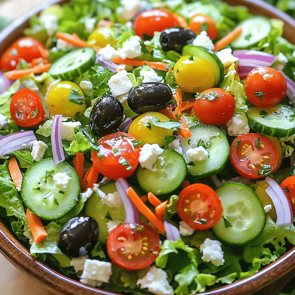 The Olive Garden Salad is simple yet packed with flavor. Here are the key ingredients: - 1 head of romaine lettuce, thoroughly washed and chopped - 2 cups of mixed salad greens (such as arugula, spinach, and spring mix) - 1 cup cherry tomatoes, halved for a juicy burst - 1/2 red onion, finely sliced for a mild bite - 1/2 cucumber, thinly sliced for a refreshing crunch - 1/2 cup pepperoncinis, sliced to add a tangy kick - 1/3 cup black olives, pitted and sliced for depth of flavor - 1/3 cup feta cheese, crumbled for a creamy texture - 1/3 cup shredded carrots for sweetness - 1/4 cup Italian dressing (either homemade or store-bought) - Salt and pepper to taste, enhancing the overall flavor - Fresh parsley, chopped for a fragrant garnish These ingredients create a colorful and tasty salad that pairs well with any meal. You can easily customize this salad to suit your taste. Here are some ideas: - Greens: Swap romaine for kale or iceberg lettuce. - Cheese: Use goat cheese or mozzarella instead of feta. - Veggies: Add bell peppers or radishes for extra crunch. - Nuts: Toss in some walnuts or almonds for a nutty flavor. - Protein: Grilled chicken or chickpeas can make it heartier. Feel free to get creative with what you have on hand. This salad is not just delicious; it's also nutritious. Here’s a breakdown of its benefits: - Low in Calories: The salad is light, making it great for weight management. - High in Fiber: The veggies contribute to your daily fiber intake. - Rich in Vitamins: Ingredients like tomatoes and greens provide essential vitamins. - Healthy Fats: The olives and feta cheese offer healthy fats that are good for you. With each bite, you get a mix of flavors and health benefits. Enjoy this fresh and flavorful delight! For the complete recipe, check out the Full Recipe section. To start, grab a big salad bowl. Add one head of chopped romaine lettuce. Then, mix in two cups of your favorite salad greens. This creates a fresh and crunchy base for your Olive Garden Salad. Next, let’s add some color. Toss in one cup of halved cherry tomatoes for a juicy burst. Then, add half a cucumber, sliced thin for a refreshing crunch. Don’t forget to include half a red onion, finely sliced for a mild bite. For a bit of spice, add half a cup of pepperoncinis and one-third cup of black olives. Now, let’s make it even better! Scatter one-third cup of crumbled feta cheese and one-third cup of shredded carrots on top. These add creaminess and sweetness. Drizzle a quarter cup of Italian dressing over the salad. Gently toss everything together until it’s well-mixed. Season with salt and pepper to taste. Finally, garnish with fresh parsley for a lovely touch. Serve immediately for the best taste. Enjoy your fresh and flavorful Olive Garden Salad! For the complete steps, check out the Full Recipe for more details. To keep your Olive Garden Salad fresh, start with clean ingredients. Always wash your greens well. Use romaine and mixed greens for a crunchy base. Chop them just before serving. This keeps them crisp and full of life. Store leftover greens in a sealed bag with a paper towel. The towel absorbs extra moisture, helping them stay fresh. Dressings make your salad pop with flavor. I recommend using Italian dressing for that classic taste. If you prefer, make your own with olive oil, vinegar, and herbs. Drizzle the dressing over the salad right before serving. This keeps everything light and fresh. Toss gently to coat all ingredients evenly. If you have leftover salad, store it in an airtight container. Keep the dressing separate to avoid soggy greens. Use the salad within a day or two for the best taste. When ready to eat, add fresh toppings like feta or parsley. This adds a burst of flavor and freshness. {{image_4}} You can change the flavor of your Olive Garden salad by using different dressings. Italian dressing is classic, but you can try others. A balsamic vinaigrette will add a sweet twist. Ranch dressing offers a creamy and rich taste. For a zesty kick, use a lemon vinaigrette. Each choice brings out different flavors in the salad. Need more sustenance? Add protein to your salad! Grilled chicken is a great option. It adds flavor and makes the salad filling. Shrimp or salmon can also work well. For a vegetarian choice, consider chickpeas or black beans. These proteins not only add nutrition but also enhance the texture. Using seasonal ingredients keeps your salad fresh and exciting. In spring, add fresh peas or asparagus. Summer is perfect for sweet corn or bell peppers. In fall, try roasted butternut squash or apples for sweetness. Winter brings hearty greens like kale or Brussels sprouts. These swaps keep the salad vibrant and packed with flavor year-round. - 1 head of romaine lettuce, thoroughly washed and chopped - 2 cups of mixed salad greens (such as arugula, spinach, and spring mix) - 1 cup cherry tomatoes, halved for a juicy burst - 1/2 red onion, finely sliced for a mild bite - 1/2 cucumber, thinly sliced for a refreshing crunch - 1/2 cup pepperoncinis, sliced to add a tangy kick - 1/3 cup black olives, pitted and sliced for depth of flavor - 1/3 cup feta cheese, crumbled for a creamy texture - 1/3 cup shredded carrots for sweetness - 1/4 cup Italian dressing (either homemade or store-bought) - Salt and pepper to taste, enhancing the overall flavor - Fresh parsley, chopped for a fragrant garnish 1. Prepare the Base: In a large salad bowl, mix the chopped romaine and the two cups of mixed greens. This creates a bright and colorful base. 2. Add Colorful Ingredients: Toss in the halved cherry tomatoes and thin cucumber slices. They add vibrant colors and a nice crunch. 3. Mix in Flavorful Components: Add the sliced red onion, pepperoncinis, and black olives. Stir these in well so every bite has a mix of great flavors. 4. Top with Creaminess: Sprinkle crumbled feta cheese and shredded carrots on top. These add creamy texture and sweetness to the salad. 5. Dress the Salad: Drizzle the Italian dressing over the mixture. Use salad tongs to gently toss everything together. This ensures all ingredients are coated well. 6. Season to Perfection: Add salt and pepper to your taste. This step is key to making all flavors pop. 7. Finish with Freshness: Garnish with chopped parsley. This adds a fresh touch and makes the salad look even better. 8. Serve and Enjoy: Serve the salad right away while it’s fresh and crunchy for the best taste. Prep Time: 15 minutes | Total Time: 15 minutes | Servings: 4-6 - Presentation Tips: To make it look nice, serve salad in individual bowls. Layer the ingredients for a colorful effect. A bit more feta or parsley on top can enhance the look. For the full recipe, check the top of this section. Olive Garden Salad stands out for its vibrant flavors and fresh ingredients. The mix of romaine lettuce and salad greens gives it a crisp base. Juicy cherry tomatoes and crunchy cucumbers add color and texture. The tangy pepperoncinis and rich black olives bring depth. Feta cheese adds creaminess and a salty kick. This salad is a perfect balance of flavors, making it a favorite. Yes, you can prepare Olive Garden Salad in advance. However, I recommend keeping some ingredients separate. Store the lettuce and greens in one container. Keep the tomatoes, cucumbers, and other toppings in separate containers. This helps maintain freshness and crunch. When ready to serve, combine everything and add the dressing. It will taste just as fresh as if you made it that day. Adapting Olive Garden Salad is easy. If you need a gluten-free option, check your dressing for gluten. You can also swap out feta for dairy-free cheese. To reduce sodium, use low-sodium olives and dressing. For a low-carb version, skip the carrots and olives. Want more protein? Add grilled chicken or chickpeas. This salad can fit many diets while still being delicious. In this article, we explored how to make Olive Garden Salad. We covered the key traditional ingredients, helpful substitutions, and their nutritional benefits. I shared step-by-step instructions to prepare the salad. Tips for freshness and flavor enhanced the dish, while variations offered fun options. Remember, this salad is flexible. You can adapt it to suit any taste or dietary need. Happy salad making!