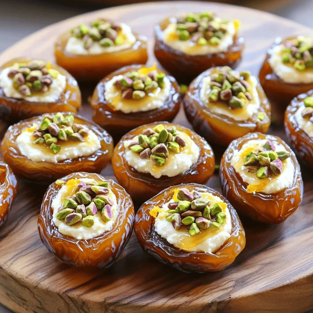 - 12 large medjool dates, pitted - 1 cup mascarpone cheese - 2 tablespoons honey - 1 teaspoon pure vanilla extract - 1/4 teaspoon fine sea salt - 1/4 cup chopped pistachios (for garnish) - Zest of 1 orange (optional) You can swap out mascarpone with cream cheese or ricotta. If you seek a sugar-free option, use agave or a sugar substitute instead of honey. For garnish, any chopped nuts work well, like almonds or walnuts. When selecting dates, look for ones that feel soft and plump. They should not have any hard spots. You can find mascarpone cheese at most grocery stores or specialty shops. Always choose pure vanilla extract for the best flavor. Avoid imitation vanilla for a richer taste. To make the filling, start by mixing the mascarpone, honey, vanilla, and salt. Use a bowl and a spatula to blend the ingredients well. You want it to be smooth and creamy. If you want to add a twist, you can incorporate orange zest. Just fold it in gently. The zest adds a nice touch of brightness to the filling. Next, let’s stuff the dates. First, take each date and slice it lengthwise. Be careful not to cut all the way through. You want to create a pocket for the filling. Once you have the pocket, use a small spoon or a piping bag to fill each date. Fill them generously, letting the mascarpone mixture overflow a bit. This makes them look extra special. Preheating the oven is very important. Set it to 350°F (175°C) before baking. Place the stuffed dates on a baking sheet lined with parchment paper. Bake them for about 10 minutes. You want them warm, and the mascarpone should just start to melt. When they are done, take them out and let them cool for about a minute. They will be hot. Enjoy the warm, creamy delight! To make your mascarpone stuffed dates shine, mixing is key. Start with a bowl. Add the mascarpone cheese, honey, vanilla, and salt. Use a spatula to mix gently until smooth. Do not rush this step! A well-mixed filling makes a big difference. Be careful not to overfill your dates. When you slice them, create a pocket but leave some space. This way, the filling won’t spill out too much while baking. A little overflow looks nice, but too much can make a mess. Pair these treats with a sweet dessert wine or a light coffee. The rich flavors of the mascarpone blend well with these drinks. For sides, consider fresh fruit or a light salad. They bring a nice contrast to the sweet dates. For plating, arrange the stuffed dates on a pretty platter. Drizzle some honey over them for a shiny touch. Sprinkle extra chopped pistachios on top for color and crunch. This makes your dish look as good as it tastes! Want to give your dates a twist? Try adding a pinch of cinnamon or nutmeg to the mascarpone mix. These spices add warmth and depth. You can also use almond or coconut extract for a different flavor. For a savory version, swap out honey for balsamic glaze. Add a sprinkle of sea salt for balance. This makes a unique appetizer that will impress your guests. Enjoy experimenting with flavors! {{image_4}} You can get creative with your mascarpone stuffed dates. Try adding dried fruits like apricots or cranberries for a fruity punch. You can also use chocolate chips for a sweet surprise. For a creamy twist, swap out mascarpone for ricotta or cream cheese. Each option brings a unique flavor and texture to this treat. Seasonal flavors can make this dish stand out. For autumn, add cinnamon or nutmeg for a warm spice. In summer, consider using fresh herbs like mint or basil for a refreshing touch. You can also explore different cultures. For example, add cardamom for a Middle Eastern flair or a hint of matcha for an Asian twist. These variations keep your stuffed dates exciting and new. If you're looking for low-carb options, use almond butter instead of mascarpone. This swap keeps the treat creamy while reducing carbs. For a vegan option, try coconut cream mixed with a bit of maple syrup. This gives a similar rich taste without dairy. You can also reduce the honey or use a sugar substitute to maintain flavor while cutting back on sugar. To keep your mascarpone stuffed dates fresh, store them in an airtight container. Place them in the fridge right after they cool. This helps them stay tasty for a longer time. If you want to freeze them, wrap each date in plastic wrap. Then, put them in a freezer bag. They will last up to three months in the freezer. Just remember to label the bag with the date. When you want to enjoy your stuffed dates again, you can gently warm them. The best way is to use an oven set to 300°F (150°C). Place them on a baking sheet and warm for about five minutes. This keeps the texture nice and creamy. Avoid using the microwave, as it can make them too hot and change their texture. In the fridge, your stuffed dates will last about five days. Always check for signs of spoilage. If you see any mold or if they smell off, it’s best to toss them. Fresh dates should feel soft and slightly sticky. If they become hard or dry, they have gone bad. Yes, you can prepare these dates a day before. Just fill them and store in the fridge. They will stay fresh for about 24 hours. Cover them well to keep moisture in. When ready to serve, you can warm them slightly in the oven for a few minutes. This will help bring out the flavors. These stuffed dates pair well with many drinks and appetizers. Here are a few ideas: - Sparkling wine or champagne - A light, fruity cocktail - Cheese platter with soft cheeses - Fresh fruit like figs or berries - Roasted nuts for a nice crunch Making mascarpone at home is easy. You only need two ingredients: heavy cream and lemon juice. Here’s how: 1. Heat 2 cups of heavy cream in a saucepan until it reaches 190°F (88°C). 2. Stir in 1 tablespoon of lemon juice. 3. Cook for another 5 minutes, stirring gently. 4. Remove from heat and let cool. 5. Pour the mixture into a cheesecloth-lined sieve. 6. Let it drain in the fridge for 8 hours or overnight. You’ll have a creamy, homemade mascarpone to use in your recipes. For the full recipe of heavenly mascarpone stuffed dates, check out the blog. Making mascarpone stuffed dates is simple and rewarding. We covered the best ingredients, including fresh dates and mascarpone cheese. You learned how to prepare the filling and stuff the dates for a perfect treat. We shared tips on serving, storage, and ways to customize your creation. Remember, these stuffed dates can impress anyone. By choosing quality ingredients and following the steps, you can make a delightful snack. Enjoy exploring different flavors and sharing your tasty results!