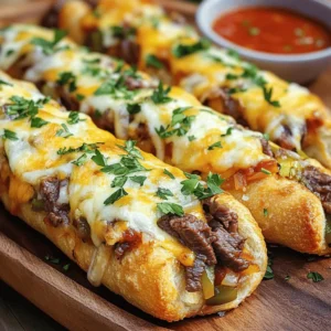- 1 package pizza dough (store-bought or homemade) - 1 cup ribeye steak, thinly sliced - 1 small onion, thinly sliced - 1 small green bell pepper, thinly sliced - 2 tablespoons olive oil - 1 teaspoon garlic powder - Salt and pepper, to taste - 1 cup provolone cheese, shredded - 1 cup mozzarella cheese, shredded - 1 egg, beaten (for egg wash) - 1 tablespoon fresh parsley, chopped (for garnish) Gather these ingredients before you start cooking. Pizza dough is the base of this recipe. You can use store-bought dough for ease or make your own if you like. The ribeye steak adds a rich flavor. Thinly slice it for the best texture. Onions and bell peppers give sweetness and crunch. Sauté them in olive oil to bring out their flavors. Garlic powder adds an extra layer of taste. Don't forget to season with salt and pepper to make everything pop. The cheeses are the star of the show. Provolone offers a sharp taste, while mozzarella adds that gooey texture we all love. The egg wash gives a nice golden finish to the breadsticks. Finally, fresh parsley adds a touch of color and freshness to the dish. Grab everything listed above, and you are ready to create your Philly cheesesteak stuffed cheesy breadsticks. For the full recipe, check out the detailed instructions. - Preheat the oven to 425°F (220°C). - Sauté onions and bell peppers in olive oil. To get started, I always preheat my oven. This step helps the breadsticks bake evenly. While the oven heats, I heat olive oil in a skillet. I add the sliced onions and bell peppers, stirring them for about 5-7 minutes. The goal is to make them soft and a little sweet. Once they are done, I take them out and set them aside. - Cook thinly sliced ribeye steak with seasoning. - Combine steak with sautéed vegetables. Next, I cook the ribeye steak. I use thin slices to keep it tender. I add garlic powder, salt, and pepper for flavor. After about 4-5 minutes, the steak is cooked just right. I then mix the sautéed onions and bell peppers back in. This blend of meat and veggies gives the filling a great taste. - Roll out pizza dough and layer cheeses. - Add steak mixture and fold the dough. Now comes the fun part—assembling! I roll out the pizza dough on a floured surface. I aim for a rectangle about ¼ inch thick. Then, I sprinkle half of the provolone and mozzarella cheeses on one half of the dough. I make sure to leave some space around the edges. Then, I spread the steak mixture evenly over the cheese. Finally, I add the rest of the cheese on top. I fold the dough over and pinch the edges tightly to seal everything in. - Cut the stuffed bread into strips and place on baking sheet. - Brush with egg wash and bake for 12-15 minutes. To finish, I cut the stuffed dough into strips. I place them on a lined baking sheet, making sure they have space. I brush the tops with the beaten egg. This helps them turn golden brown in the oven. I bake them for 12-15 minutes until they are golden and cheesy. Once done, I let them cool for a few moments before serving. For the full recipe, refer to the instructions above. Enjoy your Philly cheesesteak stuffed cheesy breadsticks! To make the best Philly cheesesteak stuffed cheesy breadsticks, avoid overcooking the steak. Cook the thinly sliced ribeye for just 4-5 minutes. It should still be tender and juicy. If you cook it too long, it will become tough and dry. You want it to be flavorful and melt in your mouth. Sealing the dough properly is key to success. After you layer the steak and cheese, fold the dough over and pinch the edges tightly. This keeps all that yummy filling inside. If the dough isn't sealed well, the cheese will ooze out while baking. Adding spices and herbs boosts the flavor. Consider using black pepper, Italian seasoning, or even a pinch of cayenne for heat. Fresh herbs like thyme or oregano can add freshness. These small changes can make a big difference in taste. For cheese alternatives, try using different types. Cheddar brings a sharp flavor while gouda adds a smoky touch. You can even mix cheeses for more depth. Don't hesitate to experiment with what you have on hand to create your perfect combination. For the full recipe, you can refer back to the ingredients and instructions provided. {{image_4}} You can change the filling to suit your taste. Adding mushrooms gives a nice earthy flavor. Other veggies, like spinach or zucchini, also work well. Want a different meat? Try chicken or spicy sausage. These swaps can make the dish unique and fun. Each filling choice adds its own twist. Mixing cheeses is a great way to get new flavors. Provolone and mozzarella are classic, but don’t stop there. Consider mixing in cheddar for a sharp taste or pepper jack for some heat. Spicy cheese options can really amp up the flavor. Think about adding a little ghost pepper cheese for a bold kick. These combinations make every bite exciting. For the full recipe, follow the steps I’ve laid out above. Enjoy creating your own version! To keep your Philly cheesesteak stuffed cheesy breadsticks fresh, let them cool first. Place them in an airtight container. If you plan to eat them within a few days, refrigerate them. For longer storage, freeze them. Use freezer-safe bags or containers to avoid freezer burn. To reheat, the oven works best. Preheat your oven to 350°F (175°C) and place the breadsticks on a baking sheet. Bake for 10-12 minutes until warm. This keeps the bread crispy and cheese melty. You can also use a microwave, but it may make the breadsticks soft. To keep some crunch, microwave them for only 30 seconds. Enjoy your delicious leftovers! You can enjoy many tasty dips and sides with these breadsticks. Here are some great options: - Marinara sauce: A classic dip that pairs well with cheesy breadsticks. - Ranch dressing: Adds a cool, creamy touch to each bite. - Garlic butter: Drizzle this on top for extra flavor. - Side salad: A fresh side balances the richness of the breadsticks. - Potato chips: For a crunchy side, serve them with chips. These options will enhance your meal and make it even more fun! Yes, you can prep these breadsticks ahead of time. Here are some tips: - Prep filling in advance: Cook the steak and veggies, then store them in the fridge. - Assemble the breadsticks: You can fill and shape them before baking. Cover them well and chill. - Freezing: You can freeze unbaked breadsticks. Just wrap them tightly in plastic wrap and foil. - Baking from frozen: When ready, bake them straight from the freezer. Just add a few extra minutes to the baking time. This way, you can enjoy a quick meal when you need it! Look for these signs to know your breadsticks are ready: - Color: They should be golden brown on top. - Cheese: The cheese should be bubbly and melted. - Feel: The breadsticks should feel firm but soft inside. Trust your eyes and touch. These cues will help you get the perfect breadsticks every time! You now have a simple guide to make Philly Cheesesteak Stuffed Cheesy Breadsticks. We covered ingredients, cooking steps, and tips for success. Remember to keep an eye on the steak and seal the dough well. You can customize the fillings and cheeses to fit your taste. Store leftovers properly, and reheat with care to keep them tasty. Enjoy your cooking and share these delicious breadsticks with family and friends!