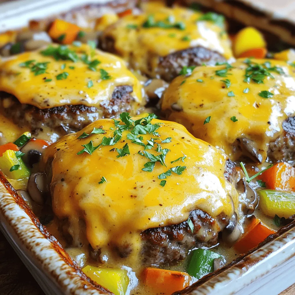 - 1 lb ground beef - 1 small onion, finely diced - 1 cup breadcrumbs - 1 large egg - 1 cup shredded sharp cheddar cheese - 2 teaspoons garlic powder - 1 tablespoon Worcestershire sauce - 1 can (10.5 oz) cream of mushroom soup - 1 cup beef broth - 1 cup frozen mixed vegetables (carrots, peas, corn) - Fresh parsley, finely chopped Amish Hamburger Steak Bake is a simple and hearty dish. It uses ground beef, which is tender and flavorful. The onions add sweetness, while breadcrumbs give it a nice texture. Mixing in an egg helps bind everything together, making it easy to shape. For seasoning, garlic powder brings out the beef's taste, while Worcestershire sauce adds depth. Cream of mushroom soup gives the dish a creamy base. Beef broth enhances the flavor and keeps it moist. The mixed vegetables add color and nutrition. To finish, you can top it with shredded cheddar cheese. It melts beautifully, creating a rich topping. Finally, a sprinkle of fresh parsley brightens the dish. This recipe makes a comforting meal that is perfect for family dinners. Check out the Full Recipe for all the steps to create this delicious meal. 1. First, preheat your oven to 350°F (175°C). This step is key for even cooking. 2. In a large mixing bowl, combine the ground beef, finely diced onion, breadcrumbs, egg, garlic powder, salt, and black pepper. Mix with your hands or a fork until everything is well blended. 1. Next, shape the mixture into four equal hamburger patties. This helps them cook evenly. 2. Heat a large skillet over medium-high heat. Once hot, add the patties. Brown each side for about 3-4 minutes. They should be golden brown. 3. After browning, set the patties aside on a plate. This keeps them ready for the next step. 1. In the same skillet, pour in the beef broth and cream of mushroom soup. Stir the mixture well, scraping the tasty bits from the bottom of the skillet. 2. Grease a 9x13 inch baking dish. Pour half of the beef broth mixture into the dish to create a base layer. 3. Place the browned hamburger patties in the dish, spaced apart. 4. Evenly sprinkle the frozen mixed vegetables over the patties. This adds color and nutrition. 5. Drizzle the rest of the beef broth mixture over the top. Make sure everything is well moistened. 6. Finally, sprinkle the shredded sharp cheddar cheese over the entire dish. This will melt into a gooey, delicious topping. Now you are ready to bake this comforting meal! For complete cooking instructions, refer to the Full Recipe. - Choosing the right beef: Use 80/20 ground beef. This mix has enough fat for great flavor. Leaner beef may dry out your dish. Look for fresh meat at your local market for the best taste. - Importance of browning: Browning the patties adds depth and flavor. This step creates a nice crust that seals in juices. Heat your skillet well before adding the patties. Don't crowd the pan; this helps them brown evenly. - Using pre-chopped vegetables: Save time by using pre-chopped onions and mixed vegetables. Many stores offer these options. This way, you can get dinner on the table faster. - Meal prepping ideas: Make a double batch of the hamburger steak bake. Store half in the freezer for a busy night. Just reheat it when you're short on time. - Experimenting with spices: Add your favorite spices for a twist. Smoked paprika or onion powder can bring new life to the dish. Just a pinch can make a big difference. - Adding herbs for freshness: Fresh herbs like thyme or rosemary can brighten the flavors. Stir them in before baking for a fresh taste. You can also sprinkle them on top right before serving for a pop of color. For the full recipe, check the link to help you get started on this comforting meal. {{image_4}} You can easily change the recipe to suit your taste. If you want a leaner option, try using ground turkey or chicken instead of beef. These meats work well with the same seasonings. They keep the dish light but still very tasty. If you have a dairy allergy or prefer non-dairy options, there are many choices for cheese. Look for non-dairy cheese that melts well. This lets you enjoy the cheesy goodness without the dairy. Not everyone has the time to bake in the oven. You can adapt this dish for a slow cooker. Just brown the patties first and then layer everything in the slow cooker. Cook on low for six to eight hours. This method helps the flavors blend nicely. If you need a quicker option, try the Instant Pot. Brown the patties, then add the broth and soup. Seal the lid and cook on high for about ten minutes. Let the pressure release naturally for about ten minutes, then serve. For side dishes, try a simple green salad. The crunch of fresh veggies will balance the richness of the bake. You can also serve it with mashed potatoes or rice to soak up the sauce. Consider pairing the dish with sauces or dips. A tangy barbecue sauce or a creamy ranch dressing can add an extra layer of flavor. This makes each bite even more enjoyable. For the complete cooking steps, refer to the Full Recipe. To keep your Amish Hamburger Steak Bake fresh, store leftovers in the fridge. Use an airtight container. This will help keep the dish moist and tasty. You can store it for up to three days. If you want to keep it longer, freeze it. Wrap it tightly in plastic wrap or foil. Then place it in a freezer-safe bag. This way, you can save it for up to three months. When you're ready to enjoy it again, reheating is easy. The best method is to use the oven. Preheat your oven to 350°F (175°C). Place the dish in an oven-safe container and cover it with foil. This helps keep the moisture in. Heat for about 20-25 minutes. You can also use a microwave. If you use the microwave, heat in short bursts. Stir in between to keep the texture nice. Amish Hamburger Steak Bake can last a while if stored right. In the fridge, it stays good for three days. If it’s frozen, it can last for up to three months. Always check for signs of spoilage. Look for a strange smell or changes in color. If it doesn't look or smell right, it’s best to throw it away. Staying aware of these signs helps keep your meal safe and tasty. Amish Hamburger Steak Bake is a warm and hearty dish. It brings together simple ingredients like ground beef, onions, and cheese. The dish has roots in Amish cooking, known for its focus on comfort and family meals. Traditionally, it reflects farm-style meals that are filling and satisfying. This bake offers a rich flavor, thanks to the blend of beef broth and cream of mushroom soup. It's a great choice for gatherings or cozy dinners. Yes, you can prep Amish Hamburger Steak Bake in advance. To do this, follow the recipe up to baking. Once you prepare the dish, cover it tightly and store it in the fridge. You can assemble it in the morning and bake it later. Just remember to adjust the baking time if it's cold from the fridge. This makes it easier to serve on busy days. For a balanced meal, pair this dish with simple sides. Here are some ideas: - Steamed green beans - Mashed potatoes - A fresh garden salad - Roasted carrots These sides add color and nutrients to your plate. They complement the rich flavors of the bake well. Absolutely! You can customize the vegetables to suit your taste. Some good options include: - Broccoli - Bell peppers - Zucchini - Green peas Mixing in different veggies not only adds color but boosts nutrition as well. Feel free to use fresh or frozen vegetables based on what you have on hand. To sum up, making Amish Hamburger Steak Bake is easy and fun. You learned about the ingredients, like ground beef, cheese, and mixed vegetables. The steps covered preparation, cooking, and assembling the dish. Tips helped you enhance flavor and save time. I shared ways to store and reheat leftovers for later enjoyment. This dish is not just tasty; it’s also flexible. Use different meats or veggies to fit your taste. Enjoy your cooking adventure, and share the joy of this meal with family and friends!