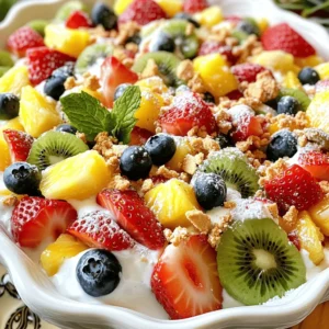 - 1 cup cream cheese, softened at room temperature - 1/2 cup creamy Greek yogurt - 1/4 cup powdered sugar, sifted - 2 cups assorted fresh fruits (such as strawberries, blueberries, kiwi, and pineapple, all diced) In this recipe, cream cheese gives a rich base. Greek yogurt adds a nice tang. The powdered sugar sweetens it just right. Choose fresh fruits you love for a colorful mix. - 1/4 cup crushed graham crackers, plus extra for garnish - Fresh mint leaves for an aromatic garnish Graham crackers add a crunchy element. They also enhance the cheesecake flavor. Fresh mint leaves not only look nice but also smell great. - Mixing bowls - Hand mixer - Spatula and serving bowls You need a mixing bowl for the cheesecake mix. A hand mixer helps blend everything smoothly. Use a spatula to fold in the fruits gently. Finally, have serving bowls ready for a beautiful presentation. Check out the Full Recipe as you gather your ingredients! 1. Start with 1 cup of cream cheese. Place it in a medium bowl. 2. Use a hand mixer to beat the cream cheese. Mix until it is smooth and creamy. This takes about 2-3 minutes. 3. Next, add 1/2 cup of creamy Greek yogurt. 4. Add 1/4 cup of sifted powdered sugar. 5. Pour in 1 tablespoon of pure vanilla extract. 6. Mix all these ingredients on medium speed. Ensure there are no lumps in the mixture. The result should be a rich, creamy texture. 1. Choose your fresh fruits. I like a mix of strawberries, blueberries, kiwi, and pineapple. 2. Dice 2 cups of assorted fruits into small, bite-sized pieces. 3. In a large salad bowl, gently combine the diced fruits. 4. Be careful while folding the fruits together. This keeps their shape and juiciness intact. 1. Drizzle the cheesecake mixture over the fruits in the bowl. 2. Use a spatula to fold the mixture into the fruits. 3. Ensure each piece of fruit gets coated in the cheesecake mix. Be gentle to avoid breaking the fruit. 4. Spoon the cheesecake fruit salad into individual serving bowls or cups. Fill them generously. 5. For a crunchy top, sprinkle 1/4 cup of crushed graham crackers over each serving. 6. Finally, add fresh mint leaves to garnish. This makes each bowl look lovely and adds a nice aroma. You can find the full recipe for this delicious treat above. Enjoy making your cheesecake fruit salad! To get the best creamy texture in your cheesecake fruit salad, first, make sure your cream cheese is softened. Cold cream cheese leads to lumps. Let it sit at room temperature for about an hour. This simple step makes it easy to mix. Next, avoid lumps in the cheesecake mix. When mixing the cream cheese, use a hand mixer on medium speed. Add the Greek yogurt slowly. This helps blend everything smoothly. Mix until it’s completely smooth and creamy. No lumps should remain. Choosing seasonal fruits gives your salad the best flavor and freshness. In summer, berries like strawberries and blueberries shine. In winter, consider citrus fruits like oranges and grapefruits. Their bright flavors can elevate your dish. Combine flavors and textures when selecting fruits. Soft fruits like bananas work well with crunchy apples. Mixing different colors also makes the salad eye-catching. A vibrant mix draws everyone in and makes your dish more appealing. Serve the cheesecake fruit salad chilled for the best taste. This is especially refreshing on hot days. Serve it within a few hours of making it for optimal freshness. Pair this salad with light desserts like sorbet or meringue. It can also work well as a side dish for grilled meats. The creamy, sweet salad complements savory flavors perfectly. For more details, check out the Full Recipe for the Cheesecake Fruit Salad Delight. {{image_4}} You can mix up your cheesecake fruit salad with different fruits. For a tropical vibe, try using mango, papaya, and pineapple. These fruits add a sweet and juicy touch. They bring a sunny flavor that brightens any meal. For a berry blast, combine strawberries, blueberries, and raspberries. This mix gives you a burst of color and flavor. The tangy berries pair well with the creamy cheesecake dressing. Each bite tastes fresh and delicious! If you want a lighter version, consider using lower sugar alternatives. Swap out regular powdered sugar for a sugar substitute. This keeps the sweetness without adding too many calories. You can also use honey or maple syrup for a natural sweetness. For a vegan twist, make a vegan cheesecake dressing. Replace cream cheese with blended silken tofu. Use coconut yogurt instead of Greek yogurt. This way, you can enjoy the same creamy texture without dairy! Enhance the flavor of your cheesecake fruit salad by adding citrus zest. Just a little lemon or lime zest brightens the dish. It adds a fresh, zesty kick that balances the creamy sweetness. Using flavored yogurt can also elevate your salad. Try vanilla, strawberry, or even peach yogurt. This adds an extra layer of flavor and makes your salad even more delightful. Every bite will surprise your taste buds! For the full recipe, check out the Cheesecake Fruit Salad Delight! Store leftover cheesecake fruit salad in an airtight container. Place it in the fridge right away. This keeps it fresh and tasty. It will last about 3 days. After this, the fruit may get mushy. Always check for signs of spoilage before eating. Can you freeze cheesecake fruit salad? Yes, but it’s not ideal. Freezing changes the texture of the fruits. If you want to freeze it, do so in a sealed container. To thaw, move it to the fridge overnight. Avoid thawing at room temperature. This helps keep the flavors intact. Refreshing leftovers is easy! Stir the salad gently to mix the ingredients again. This reintroduces flavor and makes it look nice. For guests, consider re-presenting it. Use clear cups or bowls for a pretty display. Add a few mint leaves on top for a pop of color. Yes, you can make Cheesecake Fruit Salad ahead of time. To do this, prepare the cheesecake mixture first. Store it in the fridge until you are ready to use it. Chop the fruits closer to serving time. This keeps them fresh and bright. If you mix the fruits in too early, they may get soggy. The best fruits for Cheesecake Fruit Salad are fresh and colorful. Try these options: - Strawberries - Blueberries - Kiwi - Pineapple - Peaches - Grapes You can mix and match to create your favorite blend. Each fruit brings its own taste and texture, making the salad fun and exciting. Remember to dice them into bite-sized pieces for easy eating. To make this recipe gluten-free, use gluten-free graham crackers. You can find these at many grocery stores. Alternatively, you can skip the graham crackers altogether. The salad will still be creamy and delicious without them. Just add some crushed nuts for a nice crunch if you like. You can create a delicious Cheesecake Fruit Salad with simple steps. We covered core ingredients like cream cheese and fresh fruits, along with tips for making it creamy and fresh. You can choose different fruits or make healthier versions to suit your taste. Proper storing ensures it stays tasty too. Enjoy sharing this sweet dish at your next gathering. Remember, these mixes are fun and can suit any occasion! Your creativity makes it all the more special!