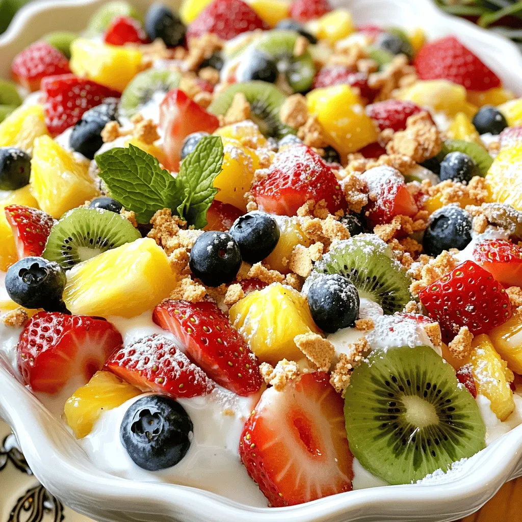 - 1 cup cream cheese, softened at room temperature - 1/2 cup creamy Greek yogurt - 1/4 cup powdered sugar, sifted - 2 cups assorted fresh fruits (such as strawberries, blueberries, kiwi, and pineapple, all diced) In this recipe, cream cheese gives a rich base. Greek yogurt adds a nice tang. The powdered sugar sweetens it just right. Choose fresh fruits you love for a colorful mix. - 1/4 cup crushed graham crackers, plus extra for garnish - Fresh mint leaves for an aromatic garnish Graham crackers add a crunchy element. They also enhance the cheesecake flavor. Fresh mint leaves not only look nice but also smell great. - Mixing bowls - Hand mixer - Spatula and serving bowls You need a mixing bowl for the cheesecake mix. A hand mixer helps blend everything smoothly. Use a spatula to fold in the fruits gently. Finally, have serving bowls ready for a beautiful presentation. Check out the Full Recipe as you gather your ingredients! 1. Start with 1 cup of cream cheese. Place it in a medium bowl. 2. Use a hand mixer to beat the cream cheese. Mix until it is smooth and creamy. This takes about 2-3 minutes. 3. Next, add 1/2 cup of creamy Greek yogurt. 4. Add 1/4 cup of sifted powdered sugar. 5. Pour in 1 tablespoon of pure vanilla extract. 6. Mix all these ingredients on medium speed. Ensure there are no lumps in the mixture. The result should be a rich, creamy texture. 1. Choose your fresh fruits. I like a mix of strawberries, blueberries, kiwi, and pineapple. 2. Dice 2 cups of assorted fruits into small, bite-sized pieces. 3. In a large salad bowl, gently combine the diced fruits. 4. Be careful while folding the fruits together. This keeps their shape and juiciness intact. 1. Drizzle the cheesecake mixture over the fruits in the bowl. 2. Use a spatula to fold the mixture into the fruits. 3. Ensure each piece of fruit gets coated in the cheesecake mix. Be gentle to avoid breaking the fruit. 4. Spoon the cheesecake fruit salad into individual serving bowls or cups. Fill them generously. 5. For a crunchy top, sprinkle 1/4 cup of crushed graham crackers over each serving. 6. Finally, add fresh mint leaves to garnish. This makes each bowl look lovely and adds a nice aroma. You can find the full recipe for this delicious treat above. Enjoy making your cheesecake fruit salad! To get the best creamy texture in your cheesecake fruit salad, first, make sure your cream cheese is softened. Cold cream cheese leads to lumps. Let it sit at room temperature for about an hour. This simple step makes it easy to mix. Next, avoid lumps in the cheesecake mix. When mixing the cream cheese, use a hand mixer on medium speed. Add the Greek yogurt slowly. This helps blend everything smoothly. Mix until it’s completely smooth and creamy. No lumps should remain. Choosing seasonal fruits gives your salad the best flavor and freshness. In summer, berries like strawberries and blueberries shine. In winter, consider citrus fruits like oranges and grapefruits. Their bright flavors can elevate your dish. Combine flavors and textures when selecting fruits. Soft fruits like bananas work well with crunchy apples. Mixing different colors also makes the salad eye-catching. A vibrant mix draws everyone in and makes your dish more appealing. Serve the cheesecake fruit salad chilled for the best taste. This is especially refreshing on hot days. Serve it within a few hours of making it for optimal freshness. Pair this salad with light desserts like sorbet or meringue. It can also work well as a side dish for grilled meats. The creamy, sweet salad complements savory flavors perfectly. For more details, check out the Full Recipe for the Cheesecake Fruit Salad Delight. {{image_4}} You can mix up your cheesecake fruit salad with different fruits. For a tropical vibe, try using mango, papaya, and pineapple. These fruits add a sweet and juicy touch. They bring a sunny flavor that brightens any meal. For a berry blast, combine strawberries, blueberries, and raspberries. This mix gives you a burst of color and flavor. The tangy berries pair well with the creamy cheesecake dressing. Each bite tastes fresh and delicious! If you want a lighter version, consider using lower sugar alternatives. Swap out regular powdered sugar for a sugar substitute. This keeps the sweetness without adding too many calories. You can also use honey or maple syrup for a natural sweetness. For a vegan twist, make a vegan cheesecake dressing. Replace cream cheese with blended silken tofu. Use coconut yogurt instead of Greek yogurt. This way, you can enjoy the same creamy texture without dairy! Enhance the flavor of your cheesecake fruit salad by adding citrus zest. Just a little lemon or lime zest brightens the dish. It adds a fresh, zesty kick that balances the creamy sweetness. Using flavored yogurt can also elevate your salad. Try vanilla, strawberry, or even peach yogurt. This adds an extra layer of flavor and makes your salad even more delightful. Every bite will surprise your taste buds! For the full recipe, check out the Cheesecake Fruit Salad Delight! Store leftover cheesecake fruit salad in an airtight container. Place it in the fridge right away. This keeps it fresh and tasty. It will last about 3 days. After this, the fruit may get mushy. Always check for signs of spoilage before eating. Can you freeze cheesecake fruit salad? Yes, but it’s not ideal. Freezing changes the texture of the fruits. If you want to freeze it, do so in a sealed container. To thaw, move it to the fridge overnight. Avoid thawing at room temperature. This helps keep the flavors intact. Refreshing leftovers is easy! Stir the salad gently to mix the ingredients again. This reintroduces flavor and makes it look nice. For guests, consider re-presenting it. Use clear cups or bowls for a pretty display. Add a few mint leaves on top for a pop of color. Yes, you can make Cheesecake Fruit Salad ahead of time. To do this, prepare the cheesecake mixture first. Store it in the fridge until you are ready to use it. Chop the fruits closer to serving time. This keeps them fresh and bright. If you mix the fruits in too early, they may get soggy. The best fruits for Cheesecake Fruit Salad are fresh and colorful. Try these options: - Strawberries - Blueberries - Kiwi - Pineapple - Peaches - Grapes You can mix and match to create your favorite blend. Each fruit brings its own taste and texture, making the salad fun and exciting. Remember to dice them into bite-sized pieces for easy eating. To make this recipe gluten-free, use gluten-free graham crackers. You can find these at many grocery stores. Alternatively, you can skip the graham crackers altogether. The salad will still be creamy and delicious without them. Just add some crushed nuts for a nice crunch if you like. You can create a delicious Cheesecake Fruit Salad with simple steps. We covered core ingredients like cream cheese and fresh fruits, along with tips for making it creamy and fresh. You can choose different fruits or make healthier versions to suit your taste. Proper storing ensures it stays tasty too. Enjoy sharing this sweet dish at your next gathering. Remember, these mixes are fun and can suit any occasion! Your creativity makes it all the more special!