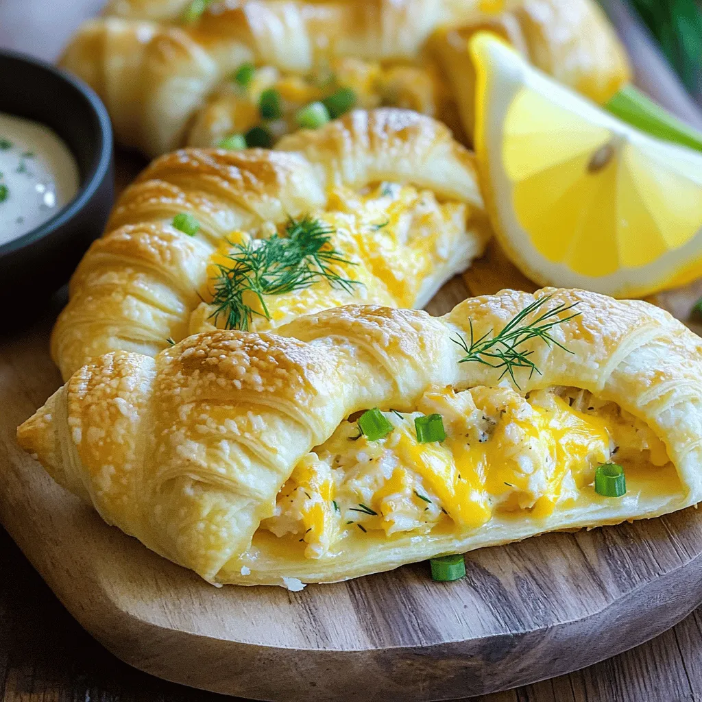 To make these crab and cheese crescents, you need a few key ingredients. Here's what you'll need: - 1 can (8 oz) refrigerated crescent roll dough - 1 cup cooked crab meat (either fresh or canned) - 1/2 cup cream cheese, softened to room temperature - 1/2 cup sharp cheddar cheese, shredded - 1/4 cup green onions, finely chopped - 1 tablespoon fresh lemon juice - 1/2 teaspoon garlic powder - Salt and freshly ground black pepper, to taste - 1 egg, beaten (for glazing) These ingredients blend well together to create a rich, savory filling. The crab meat brings a nice ocean flavor, while the cheeses add creaminess. You can make your dish look even better with some simple garnishes. Consider using: - Fresh dill sprigs for a touch of green - Lemon wedges for a zesty kick These garnishes not only add color but also enhance the flavors when served. If you don't have crab meat, you can substitute it with cooked shrimp or even chicken. For a lighter option, use low-fat cream cheese. You can also swap the cheddar for mozzarella if you prefer a milder taste. Always feel free to mix and match based on what you have at home. With these ingredients, you're well on your way to making the most delicious crab and cheese crescents. Check the Full Recipe for detailed instructions! To start, gather your ingredients. You will need crab meat, cream cheese, cheddar cheese, green onions, lemon juice, garlic powder, and seasonings. In a bowl, mix the crab meat and cream cheese until smooth. Add the shredded cheddar, chopped green onions, lemon juice, garlic powder, salt, and pepper. Stir well until everything combines into a creamy filling. Next, unroll the crescent dough on a flat surface. You will see perforations that divide it into triangles. Carefully separate the dough into eight triangles. Take about one tablespoon of the crab filling and place it on the wide end of each triangle. Roll the triangle from the wide end towards the point. Pinch the edges firmly to keep the filling inside. Now it’s time to bake! Preheat your oven to 375°F (190°C). Line a baking sheet with parchment paper to prevent sticking. Place the rolled crescents on the baking sheet, spaced apart. Brush the tops with a beaten egg for a golden finish. Bake for 12 to 15 minutes. The crescents should rise and turn golden brown. Once they’re done, let them cool slightly before serving. You can garnish with fresh dill if you like. For the full recipe, check the section above! To bake perfect crescents, start by preheating your oven to 375°F (190°C). Line your baking sheet with parchment paper to keep them from sticking. Space the crescents apart on the sheet, so they have room to rise. Brush the tops with beaten egg for a shiny finish. Bake them until golden brown, about 12-15 minutes. Keep an eye on them to avoid overbaking. To make your crab and cheese crescents even tastier, add fresh herbs like parsley or dill to the filling. A dash of hot sauce can bring a nice kick. For extra creaminess, mix in a bit of sour cream or Greek yogurt. Ensure your cream cheese is softened for easier mixing. This will help create a smooth filling that blends well with the crab. A common mistake is overfilling the crescents. Too much filling can cause them to burst while baking. Make sure to seal the edges well, so the filling stays inside. Also, avoid using cold cream cheese; it should be at room temperature for easier mixing. Lastly, do not skip the egg wash; it adds color and shine to your crescents. For the full recipe, click here. {{image_4}} Want to spice things up? You can add spices to the crab filling. A pinch of cayenne pepper adds heat. Paprika gives a mild smokiness. Try adding Old Bay seasoning for a classic seafood flavor. Just remember to start with a small amount. You can always add more if needed. Not a fan of crab? You can change the filling to suit your taste. Use cooked shrimp or chicken instead. For a veggie option, try sautéed mushrooms and spinach. You can also mix in some feta cheese for tanginess. This makes the recipe versatile for everyone at your table. If you want vegan options, swap out the crab and cheese. Use plant-based cream cheese and chickpeas for protein. You can also make the dough gluten-free. Look for gluten-free crescent roll dough at your store. These changes make this dish enjoyable for all diets. For the full recipe, check the details above. To keep your crab and cheese crescents fresh, place them in an airtight container. Let them cool first before sealing. This helps avoid sogginess. Store them in the fridge for up to three days. If you have extra filling, store it in a separate container. To reheat the crescents, preheat your oven to 350°F (175°C). Place the crescents on a baking sheet. Heat them for about 10 minutes or until warm. This method keeps them crispy. You can also use a microwave, but this may make them soggy. For best taste, avoid the microwave. You can freeze the crescents for later. First, let them cool completely. Wrap each crescent in plastic wrap. Then, place them in a freezer bag. They can last for up to three months. To reheat, bake straight from the freezer at 375°F (190°C) for about 15-20 minutes. Enjoy your tasty treat whenever you like! For the full recipe, check the earlier section. You can pair these crescents with many tasty sides. A fresh salad adds crunch. A bowl of creamy garlic dip enhances the flavors. Consider serving lemon wedges for a zesty kick. You might also enjoy them with a side of vegetable soup. These options will make a great meal. Look for a golden brown color on the crescents. They should puff up nicely during baking. If they look golden, they are ready to come out. You can also check the bottom; it should be firm to the touch. The filling should be hot and bubbly inside. Yes, you can change the cheese for your taste. Creamy mozzarella or tangy feta works great. For a stronger flavor, try pepper jack or gouda. Mixing cheeses can give your crescents a unique twist. Feel free to experiment and find what you love most. You can store these crescents for up to three days in the fridge. Keep them in an airtight container to stay fresh. For longer storage, consider freezing them. They can last up to three months in the freezer. Just reheat before serving for the best taste. Crab and cheese crescents are tasty and versatile. We covered key ingredients, tips for baking, and variations to try. I shared how to store your leftovers, too. Whether you spice it up or swap ingredients, these crescents are sure to please. Enjoy making and sharing this dish with friends and family. Happy cooking!