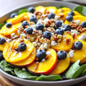- 2 ripe peaches, thinly sliced - 1 cup fresh blueberries, rinsed and drained - 1 cup baby spinach or mixed greens - 1/4 cup pecans, roughly chopped Fresh ingredients are key to this salad. Choose ripe peaches that yield slightly when pressed. They should smell sweet. Fresh blueberries should be plump and firm. Avoid any that are mushy. Baby spinach or mixed greens add a nice crunch and nutrients. Pecans bring a lovely nutty flavor and crunch to the dish. - 100g feta cheese, crumbled into small pieces - Alternative cheese options: goat cheese or ricotta Feta cheese shines in this recipe. It adds creaminess and saltiness. If you prefer, you can use goat cheese for a tangy twist. Ricotta also works well for a milder flavor. Choose a cheese that you enjoy to personalize your salad. - 2 tablespoons honey (local recommended) - 2 tablespoons balsamic vinegar (preferably aged for depth) - 1 tablespoon extra virgin olive oil The dressing ties everything together. I recommend using local honey for a richer taste. Aged balsamic vinegar adds depth and sweetness. Extra virgin olive oil gives the dressing a smooth finish. Mix these together for a balanced, flavorful dressing. Try the full recipe for a delightful twist on your salad adventures! To start, you need to prepare the salad base. Take a large mixing bowl and gently combine the sliced peaches, fresh blueberries, and baby spinach or mixed greens. It’s key to mix these ingredients softly. This helps to avoid bruising the fruit. If you press too hard, your peaches and blueberries may become mushy. You want them to stay vibrant and fresh. Next, it’s time to make the dressing. In a small bowl, whisk together honey, balsamic vinegar, and extra virgin olive oil. Add a pinch of salt and fresh cracked pepper. Keep whisking until you see it start to blend together. To achieve emulsification, remember to add the olive oil slowly. This helps to create a smooth, creamy dressing that coats your salad well. Now, drizzle the dressing over the salad base. Using clean hands or salad tongs, gently toss everything together. Be careful to coat all the ingredients without breaking them. This step is crucial for flavor. Then, add crumbled feta cheese and chopped pecans on top. Gently mix again, making sure not to crush the feta or nuts. Taste the salad and adjust the seasoning if needed. You can add more salt and cracked pepper to match your preference. For the best experience, serve the salad right away. If you want the flavors to meld, you can refrigerate it for up to 30 minutes. Just remember to toss it again before serving. For more detailed instructions, check the Full Recipe. To make the best Blueberry Peach Feta Salad, start with ripe peaches. Look for peaches that yield slightly when you press them. This means they are sweet and ready to eat. For blueberries, choose ones that are plump and firm. A deep blue color means they are ripe. Avoid any that look shriveled or have white spots. When selecting greens, fresh baby spinach works great. Check for bright green leaves without any wilting or brown spots. If you prefer a mix, look for other fresh greens like arugula or kale. They add nice flavors and textures to the dish. Seasoning is key to making this salad shine. Use freshly ground salt and cracked black pepper to taste. This enhances the natural sweetness of the fruit. You can also add a pinch of crushed red pepper for a bit of heat. For presentation, serve the salad in a large, shallow bowl. This allows the colors to stand out. Sprinkle some extra blueberries on top for a pop of color. A drizzle of honey adds a sweet touch and makes the dish look appealing. Serve this salad right after you make it for the freshest taste. If you want to let the flavors blend, refrigerate it for up to 30 minutes. This helps the flavors meld nicely. Just remember to toss it gently again before serving. This keeps the fruit and feta from getting mushy. {{image_4}} You can switch peaches for other fruits. Try using nectarines for a similar flavor. Strawberries add a sweet twist, while mangoes bring a tropical touch. Seasonal fruits like cherries or plums can also work well. Each fruit adds its unique taste and texture. Grilled chicken or shrimp can make this salad heartier. Just slice the cooked protein and toss it in. If you want a vegetarian option, add chickpeas or grilled tofu. Both options boost the protein content without losing flavor. You can use other dressings that pair well with this salad. A lemon vinaigrette adds brightness. Alternatively, a honey mustard dressing gives a sweet and tangy kick. You can customize the sweetness and acidity to your liking, adding more honey or vinegar as needed. Each dressing offers its own fun flavor profile. To keep your Blueberry Peach Feta Salad fresh, use an airtight container. Glass containers work well, as they do not absorb odors. Place a piece of paper towel inside to absorb excess moisture. This helps maintain the crispness of the greens and fruits. Always store the salad in the fridge to keep it cool. You can expect the salad to stay fresh for about 2 to 3 days in the fridge. However, watch for signs of spoilage. If the peaches become mushy or the greens wilt, it’s time to toss it out. Also, if you notice an off smell, don’t eat it. Freshness is key for great taste. When you're ready to enjoy leftovers, refresh the salad by adding a splash of balsamic vinegar or a drizzle of olive oil. This gives it a fresh taste. You can also mix in more blueberries or peaches for extra flavor. If you want to use leftovers in new dishes, try adding them to wraps or grain bowls. They can elevate any meal with their vibrant taste. For the complete recipe, check out the Full Recipe section. To ripen peaches fast, place them in a paper bag. This traps ethylene gas, which speeds up ripening. Add an apple or banana to the bag for extra gas. Check the peaches daily. When they feel soft, they are ready to eat. Yes, you can make this salad ahead. However, I suggest waiting to add feta until right before serving. This keeps the cheese fresh and prevents it from getting soggy. You can mix the fruit and greens ahead. Store them in the fridge until you’re ready to serve. Feta cheese adds a nice salty flavor and creamy texture. However, it is not necessary. You can skip it or use a different cheese, like goat cheese or ricotta. For a dairy-free option, try using avocado or a nut-based cheese. To make the salad vegan, remove the feta cheese. You can also replace honey with maple syrup or agave nectar. This keeps the sweetness without using animal products. The salad will still taste great! This salad goes well with grilled chicken or fish. It also pairs nicely with a light pasta dish. Serve it alongside a quesadilla or a veggie burger for a fun meal. The fresh flavors complement many dishes! This blog post guides you through making a delicious Blueberry Peach Feta Salad. You learned about the fresh ingredients and their roles, from ripe peaches to feta cheese. I shared tips for mixing a great dressing and enhancing flavor. You can switch fruits and add proteins to fit your tastes. Remember, freshness is key for the best experience. Enjoy your salad fresh, store leftovers correctly, and get creative with variations. Start experimenting now and enjoy every bite!