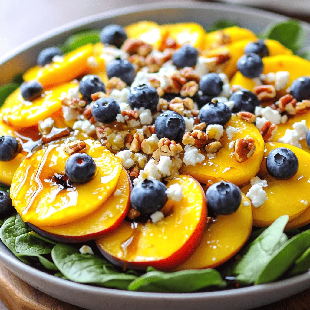 - 2 ripe peaches, thinly sliced - 1 cup fresh blueberries, rinsed and drained - 1 cup baby spinach or mixed greens - 1/4 cup pecans, roughly chopped Fresh ingredients are key to this salad. Choose ripe peaches that yield slightly when pressed. They should smell sweet. Fresh blueberries should be plump and firm. Avoid any that are mushy. Baby spinach or mixed greens add a nice crunch and nutrients. Pecans bring a lovely nutty flavor and crunch to the dish. - 100g feta cheese, crumbled into small pieces - Alternative cheese options: goat cheese or ricotta Feta cheese shines in this recipe. It adds creaminess and saltiness. If you prefer, you can use goat cheese for a tangy twist. Ricotta also works well for a milder flavor. Choose a cheese that you enjoy to personalize your salad. - 2 tablespoons honey (local recommended) - 2 tablespoons balsamic vinegar (preferably aged for depth) - 1 tablespoon extra virgin olive oil The dressing ties everything together. I recommend using local honey for a richer taste. Aged balsamic vinegar adds depth and sweetness. Extra virgin olive oil gives the dressing a smooth finish. Mix these together for a balanced, flavorful dressing. Try the full recipe for a delightful twist on your salad adventures! To start, you need to prepare the salad base. Take a large mixing bowl and gently combine the sliced peaches, fresh blueberries, and baby spinach or mixed greens. It’s key to mix these ingredients softly. This helps to avoid bruising the fruit. If you press too hard, your peaches and blueberries may become mushy. You want them to stay vibrant and fresh. Next, it’s time to make the dressing. In a small bowl, whisk together honey, balsamic vinegar, and extra virgin olive oil. Add a pinch of salt and fresh cracked pepper. Keep whisking until you see it start to blend together. To achieve emulsification, remember to add the olive oil slowly. This helps to create a smooth, creamy dressing that coats your salad well. Now, drizzle the dressing over the salad base. Using clean hands or salad tongs, gently toss everything together. Be careful to coat all the ingredients without breaking them. This step is crucial for flavor. Then, add crumbled feta cheese and chopped pecans on top. Gently mix again, making sure not to crush the feta or nuts. Taste the salad and adjust the seasoning if needed. You can add more salt and cracked pepper to match your preference. For the best experience, serve the salad right away. If you want the flavors to meld, you can refrigerate it for up to 30 minutes. Just remember to toss it again before serving. For more detailed instructions, check the Full Recipe. To make the best Blueberry Peach Feta Salad, start with ripe peaches. Look for peaches that yield slightly when you press them. This means they are sweet and ready to eat. For blueberries, choose ones that are plump and firm. A deep blue color means they are ripe. Avoid any that look shriveled or have white spots. When selecting greens, fresh baby spinach works great. Check for bright green leaves without any wilting or brown spots. If you prefer a mix, look for other fresh greens like arugula or kale. They add nice flavors and textures to the dish. Seasoning is key to making this salad shine. Use freshly ground salt and cracked black pepper to taste. This enhances the natural sweetness of the fruit. You can also add a pinch of crushed red pepper for a bit of heat. For presentation, serve the salad in a large, shallow bowl. This allows the colors to stand out. Sprinkle some extra blueberries on top for a pop of color. A drizzle of honey adds a sweet touch and makes the dish look appealing. Serve this salad right after you make it for the freshest taste. If you want to let the flavors blend, refrigerate it for up to 30 minutes. This helps the flavors meld nicely. Just remember to toss it gently again before serving. This keeps the fruit and feta from getting mushy. {{image_4}} You can switch peaches for other fruits. Try using nectarines for a similar flavor. Strawberries add a sweet twist, while mangoes bring a tropical touch. Seasonal fruits like cherries or plums can also work well. Each fruit adds its unique taste and texture. Grilled chicken or shrimp can make this salad heartier. Just slice the cooked protein and toss it in. If you want a vegetarian option, add chickpeas or grilled tofu. Both options boost the protein content without losing flavor. You can use other dressings that pair well with this salad. A lemon vinaigrette adds brightness. Alternatively, a honey mustard dressing gives a sweet and tangy kick. You can customize the sweetness and acidity to your liking, adding more honey or vinegar as needed. Each dressing offers its own fun flavor profile. To keep your Blueberry Peach Feta Salad fresh, use an airtight container. Glass containers work well, as they do not absorb odors. Place a piece of paper towel inside to absorb excess moisture. This helps maintain the crispness of the greens and fruits. Always store the salad in the fridge to keep it cool. You can expect the salad to stay fresh for about 2 to 3 days in the fridge. However, watch for signs of spoilage. If the peaches become mushy or the greens wilt, it’s time to toss it out. Also, if you notice an off smell, don’t eat it. Freshness is key for great taste. When you're ready to enjoy leftovers, refresh the salad by adding a splash of balsamic vinegar or a drizzle of olive oil. This gives it a fresh taste. You can also mix in more blueberries or peaches for extra flavor. If you want to use leftovers in new dishes, try adding them to wraps or grain bowls. They can elevate any meal with their vibrant taste. For the complete recipe, check out the Full Recipe section. To ripen peaches fast, place them in a paper bag. This traps ethylene gas, which speeds up ripening. Add an apple or banana to the bag for extra gas. Check the peaches daily. When they feel soft, they are ready to eat. Yes, you can make this salad ahead. However, I suggest waiting to add feta until right before serving. This keeps the cheese fresh and prevents it from getting soggy. You can mix the fruit and greens ahead. Store them in the fridge until you’re ready to serve. Feta cheese adds a nice salty flavor and creamy texture. However, it is not necessary. You can skip it or use a different cheese, like goat cheese or ricotta. For a dairy-free option, try using avocado or a nut-based cheese. To make the salad vegan, remove the feta cheese. You can also replace honey with maple syrup or agave nectar. This keeps the sweetness without using animal products. The salad will still taste great! This salad goes well with grilled chicken or fish. It also pairs nicely with a light pasta dish. Serve it alongside a quesadilla or a veggie burger for a fun meal. The fresh flavors complement many dishes! This blog post guides you through making a delicious Blueberry Peach Feta Salad. You learned about the fresh ingredients and their roles, from ripe peaches to feta cheese. I shared tips for mixing a great dressing and enhancing flavor. You can switch fruits and add proteins to fit your tastes. Remember, freshness is key for the best experience. Enjoy your salad fresh, store leftovers correctly, and get creative with variations. Start experimenting now and enjoy every bite!