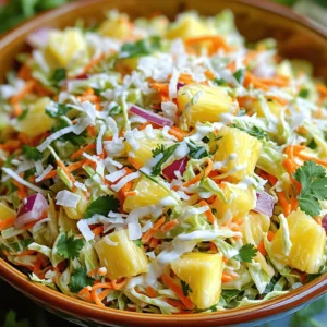 For a vibrant Tropical Coleslaw, gather these key ingredients: - 4 cups green cabbage, finely shredded - 1 cup carrots, grated - 1 cup fresh pineapple, diced into small chunks - 1 red bell pepper, thinly sliced into strips - 1/2 cup red onion, paper-thin slices - 1/2 cup unsweetened shredded coconut - 1/3 cup fresh cilantro, coarsely chopped - 1/2 cup creamy Greek yogurt - 2 tablespoons pure honey - 2 tablespoons fresh lime juice - Salt and black pepper to taste These ingredients create a fresh, colorful, and crunchy salad. The cabbage provides a crisp base, while the pineapple adds sweetness. The coconut gives a tropical touch that makes this coleslaw special. You can mix in some optional add-ins to boost the taste: - 1/2 cup diced mango - 1/2 cup shredded carrots - 1/4 cup chopped nuts, like cashews or almonds - A dash of cayenne pepper for heat These extras enhance the flavor profile. Mango adds more sweetness, while nuts bring a nice crunch. A little cayenne can spice things up without overpowering. Serve your Tropical Coleslaw in a colorful bowl. Here are some great ideas: - Pair it with grilled chicken or fish. - Use it as a topping for tacos or burgers. - Enjoy it as a light snack on its own. This coleslaw is perfect for summer picnics or barbecues. It looks great and tastes even better! Don’t forget to check the Full Recipe for more tips! Start by gathering all your veggies. You need green cabbage, carrots, pineapple, red bell pepper, and red onion. First, finely shred the cabbage. You want long, thin pieces. Next, grate the carrots. They should be soft and tiny. Then, chop the pineapple into small chunks. Use fresh pineapple for the best taste. For the red bell pepper, slice it into thin strips. Lastly, cut the red onion into paper-thin slices. This step makes it easy to mix the flavors. Now, let’s make the creamy dressing. Take a smaller bowl and add Greek yogurt, honey, and fresh lime juice. Whisk these together until they are smooth and well-mixed. The Greek yogurt gives a nice creaminess. Honey adds sweetness, while lime juice gives a zesty kick. This dressing will tie all the flavors together. In a spacious mixing bowl, combine all the prepared vegetables. Toss them gently with a large spoon. Next, add the unsweetened shredded coconut and chopped cilantro. Carefully mix these in to keep the texture. Then, drizzle your creamy dressing over the veggies. Use a spatula or spoon to fold the dressing in. Make sure each piece is coated well. Finally, season with salt and black pepper to taste. If you want it sweeter, add a bit more honey. Cover the bowl and refrigerate for at least 20 minutes. This gives the flavors time to mix. Enjoy your Tropical Paradise Coleslaw! For the full recipe, check out the earlier section. You can make Tropical Coleslaw even better by adding more flavors. Fruits like mango or kiwi can bring a sweet twist. You can also add nuts for a nice crunch. Try using toasted almonds or macadamia nuts. If you like heat, add some diced jalapeños or red pepper flakes. These small changes can create a unique taste that excites your palate. Presentation matters! Serve your Tropical Paradise Coleslaw in a bright, colorful bowl. This makes it pop and looks great on any table. For a lovely touch, sprinkle extra coconut or cilantro on top. You can also pair it with grilled meats or fish for a full meal. This coleslaw works well at summer picnics or barbecues. Chilling the coleslaw is key. I recommend letting it sit for at least 20 minutes in the fridge. This time helps the flavors blend and develop. The cool temperature makes each bite refreshing. You can keep it chilled for up to two hours before serving. This way, you ensure it stays crisp and delicious. For the full recipe, check the details above. {{image_4}} You can add many fruits to make your tropical coleslaw exciting. Try mango for a sweet twist. You can also use diced kiwi for a zesty bite. Papaya adds a lovely color and flavor. Just chop the fruit into small pieces and mix them in. These fruits will amplify the tropical vibe. If you want to change the dressing, I have some great ideas. You can use lime vinaigrette for a tangy kick. Another option is a sesame dressing for a nutty flavor. If you prefer something sweeter, try a honey mustard dressing. Each dressing brings a new taste to the coleslaw. For those who love heat, adding peppers can elevate your dish. Diced jalapeños add a nice kick. If you want less heat, try mild banana peppers. You can also sprinkle in some chili flakes for an extra punch. These spicy options will make your tropical coleslaw stand out. To keep your Tropical Paradise Coleslaw fresh, use an airtight container. Spoon the coleslaw into the container, ensuring you seal it tightly. This will help keep the flavors intact. Store it in the fridge for the best taste. It’s best to eat the coleslaw within three days for optimal freshness. If you notice any signs of wilting or an off smell, it’s time to toss it. While I don’t recommend freezing coleslaw, you can try it in a pinch. If you want to freeze it, first remove the dressing. The veggies may lose their crunch after freezing. Place the shredded veggies in a freezer bag, squeezing out as much air as possible. Use it within two months for the best quality. When ready to eat, thaw in the fridge overnight. Re-dress before serving. The shelf life of Tropical Paradise Coleslaw is about three days when stored properly. Always keep it in the fridge. For best results, consume it within this time frame. If you plan to serve it at gatherings, prepare it a few hours ahead. This allows the flavors to blend well. Remember, freshness is key, and vibrant colors mean it’s still good to eat. Tropical coleslaw is a fresh salad made with cabbage, carrots, and tropical fruits. It has a bright, zesty flavor. The addition of coconut and cilantro makes it unique. This dish is perfect for summer barbecues or picnics. You can find the full recipe in the article above. Yes, you can make tropical coleslaw ahead of time. I suggest preparing it a few hours before serving. This allows the flavors to blend well. Just keep it in the fridge until you are ready to serve. It stays crisp and tasty for up to two days. If you need a substitute for Greek yogurt, try sour cream or a dairy-free yogurt. You can also use mayonnaise for a creamier texture. Keep in mind that this will change the flavor slightly. Each option adds its own twist to the coleslaw. Yes, tropical coleslaw can be made vegan. Simply replace the Greek yogurt with a plant-based yogurt. You can also use agave syrup instead of honey. This way, you keep the taste while making it vegan-friendly. Enjoy this vibrant dish without any animal products! Tropical coleslaw is a tasty dish full of fresh flavors. We explored its main ingredients, optional add-ins, and serving tips. I shared step-by-step instructions that make it easy to prepare. You learned about flavor enhancements and serving best practices. Variations can add fun twists to the recipe. Remember to store leftovers properly for the best taste. This coleslaw can be made ahead and adjusted for dietary needs. Enjoy making your version of this refreshing dish!