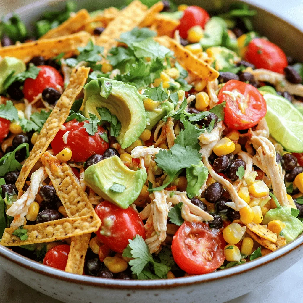 - 2 cups cooked chicken breast, shredded - 1 can (15 oz) black beans, rinsed and drained - 1 cup corn kernels, fresh or frozen - 1 red bell pepper, diced - 1 ripe avocado, diced - 1/2 medium red onion, finely chopped - 1 cup cherry tomatoes, halved - 1/4 cup fresh cilantro, roughly chopped You need these main ingredients to create a tasty salad. The shredded chicken gives it protein. Black beans add fiber and earthiness. The corn brings sweetness. The red bell pepper and cherry tomatoes add bright colors and crunch. Avocado adds creaminess, while red onion gives a slight bite. Fresh cilantro rounds out the flavors with a hint of brightness. - 1/4 cup freshly squeezed lime juice - 2 tablespoons extra virgin olive oil - 1 tablespoon chili powder - 1 teaspoon ground cumin - Salt and freshly ground black pepper, to taste The dressing is vital for flavor. Lime juice adds tang. Olive oil provides richness. Chili powder and cumin bring warmth and spice. Salt and pepper enhance all the flavors. Mix these together to create a zesty, tasty dressing. - Tortilla strips For extra crunch, you can add tortilla strips. They give a nice texture and make your salad more fun to eat. Feel free to skip them if you prefer a lighter dish. For the full recipe, check out [Full Recipe]. Start with a large mixing bowl. Add your shredded chicken, black beans, corn, diced red bell pepper, diced avocado, finely chopped red onion, halved cherry tomatoes, and fresh cilantro. Gently mix everything together. Be careful not to mash the avocado. You want those creamy bites to stay whole. In a small bowl, whisk together lime juice, extra virgin olive oil, chili powder, ground cumin, and a pinch of salt and pepper. Make sure to whisk until the mixture is smooth. This dressing adds zest and depth to your salad. Drizzle the dressing over your chicken and vegetable mix. Using a large spoon, toss everything gently. The goal is to coat all the ingredients evenly. Avoid breaking apart the avocado too much. If you want a crunch, sprinkle tortilla strips on top. For the best flavor, let the salad rest for about 30 minutes before serving. This allows all the flavors to blend beautifully. For the full recipe, check out the details above. To make this salad shine, adjust the seasoning to your taste. Start with a pinch of salt and pepper. If you want more zest, add extra lime juice. If you like it spicier, sprinkle in more chili powder. You can swap ingredients for a twist. Try using grilled chicken instead of shredded. Swap black beans for pinto beans for a different flavor. You can even add fresh corn instead of canned corn for a sweet crunch. For that perfect crunch, use tortilla strips as a topping. Add them right before serving. This keeps them crispy. If you want a softer texture, mix them in. You can also use crushed tortilla chips for a different crunch. Just be careful not to crush them too much. They should add a nice bite to the salad. Present your salad in bright bowls for an inviting look. Use a large platter for a family-style serving. Scatter extra tortilla strips on top for flair. A few sprigs of fresh cilantro make it pop. This salad not only tastes great but looks beautiful too. You can serve it as a main dish or a side. You can also pair it with grilled meats or fresh bread. Enjoy this colorful and fresh meal! Check out the Full Recipe for more details. {{image_4}} You can switch up the protein in your Spicy Southwest Chicken Salad. Instead of chicken, try grilled shrimp. Shrimp adds a nice bite and cooks quickly. You can also use tofu for a plant-based option. Just press and cube it for the salad. Beans are another great choice. You already use black beans, but you can add pinto or kidney beans for more flavor and texture. Feel free to get creative with your veggies. You can add corn, zucchini, or shredded carrots. Consider tossing in some diced cucumber for a refreshing crunch. If you like heat, add jalapeños or sliced radishes. These additions not only boost nutrition but also add color to your dish. While the lime dressing is delicious, you can explore other options. A creamy avocado dressing can add richness. You can also use a spicy chipotle ranch for an extra kick. For a tangy twist, try a honey mustard dressing. Mix and match these dressings to keep your salad exciting. Each dressing will give your salad a new flavor profile. For the full recipe, check out the [Full Recipe]. To store leftovers, place the salad in an airtight container. This method keeps the salad fresh for up to three days. Keep the tortilla strips separate to maintain their crunch. Store them in a zip-top bag. For the best taste, eat the salad within two days. You can freeze the components separately. Chicken, beans, and corn freeze well. Place them in freezer-safe bags. Remove excess air before sealing. Avoid freezing the avocado and dressing, as they do not thaw well. When ready to eat, let the chicken and beans thaw in the fridge overnight. To prepare in advance, cook the chicken and chop your veggies. Store them in separate containers in the fridge. This way, you can quickly assemble your salad whenever you want. Make the dressing ahead of time and keep it in a jar. Shake it well before use. This method saves you time and keeps your meals fresh and flavorful. You can find the Full Recipe for detailed instructions. Yes, you can make this salad ahead of time. It’s best to prep it about 30 minutes before you serve it. This time allows the flavors to blend well. However, if you want to store it longer, keep the dressing separate. Mix it in just before serving to keep the veggies crisp. Yes, this salad is gluten-free! The main ingredients, like chicken and beans, do not contain gluten. Always check labels on store-bought items, like canned beans, to ensure they are gluten-free. If you use tortilla strips, look for gluten-free options or leave them out if needed. This salad pairs well with many sides. Consider serving it with tortilla chips or a side of guacamole. A light drink like iced tea or lemonade enhances the meal. You can also serve it on a bed of lettuce for a fresh twist. To amp up the heat, add more chili powder to the dressing. You could also chop fresh jalapeños and mix them into the salad. For extra spice, try adding hot sauce or diced serrano peppers. Adjust the heat to suit your taste! For the Full Recipe, check earlier sections for more details. You now have a clear guide to making a Spicy Southwest Chicken Salad. We covered the main ingredients and how to mix them just right. Next, you learned how to whip up a tasty dressing that brings all the flavors together. You also explored some great tips for storage and variations to keep things fun. Remember, cooking should be enjoyable. Try out different ingredients, dressings, and toppings to make this salad your own. Enjoy your cooking and share this delicious dish with others!