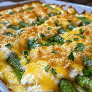 - 1 pound fresh asparagus, trimmed and cut into 2-inch pieces - 1 cup cooked quinoa or brown rice - 1 cup sharp cheddar cheese, shredded (divided) - ½ cup cream cheese, softened to room temperature - 1 cup vegetable broth - 1 cup milk (whole or 2%) - 1 teaspoon garlic powder - 1 teaspoon onion powder - 1 tablespoon olive oil - Salt and pepper, to taste - ½ cup breadcrumbs (optional for a crispy topping) - Fresh parsley, finely chopped, for garnish You can swap out the cheese if you need to. Try mozzarella or gouda for a different taste. If you want to avoid quinoa or rice, use cauliflower rice or barley. For a dairy-free version, opt for a plant-based cream cheese and almond milk. These swaps will still keep your casserole creamy and delicious. 1. Preheat the oven: Start by setting your oven to 375°F (190°C). This ensures the oven is ready for your casserole. 2. Mixing the creamy base: In a large bowl, combine softened cream cheese with milk and vegetable broth. Whisk until smooth. Add garlic powder and onion powder. Season with salt and pepper. Stir well to mix everything. 1. Incorporating asparagus and grains: Now, add cooked quinoa or brown rice to the creamy mix. Then, fold in the asparagus pieces gently. Make sure they are well-coated for more flavor. 2. Layering with cheese: Pour the mixture into a greased 9x13 inch baking dish. Spread it out evenly. Sprinkle half of the shredded cheddar cheese on top. This will melt beautifully during baking. 1. Timing and temperature guidelines: Place the dish in your preheated oven. Bake for 25-30 minutes, or until you see the top bubbling. It should be a lovely golden brown. 2. Tips for achieving the perfect crust: If you want a crispy topping, consider adding breadcrumbs before baking. Drizzle a bit of olive oil over them. This helps create a crunchy texture. Now, just wait for the delicious aroma to fill your kitchen! For the full recipe, check out the detailed instructions provided. To ensure even cooking, spread the mixture evenly in the baking dish. Use a 9x13 inch dish for best results. This size helps the heat circulate well. Avoiding sogginess is key. Make sure your asparagus is not overcooked before mixing. If using frozen asparagus, thaw it first and pat it dry. This keeps the casserole firm and tasty. Adding fresh herbs or spices can boost flavor. Try thyme, basil, or even a pinch of red pepper flakes for a kick. Mixing in some garlic adds a nice touch too. Incorporating proteins makes this dish heartier. Cooked chicken or turkey works well. You can also use beans for a vegetarian option. Both add flavor and make the casserole filling. For serving, you can dish it right from the baking dish. This gives a homey feel. If you want a fancier touch, serve individual portions on plates. Garnishing is fun! Fresh parsley adds color and brightness. You can sprinkle some extra cheese on top before serving for a cheesy finish. A side salad pairs great to balance the richness of the casserole. For more tips, check the Full Recipe. {{image_4}} For a low-carb version, swap quinoa with cauliflower rice. This keeps it light but still filling. You can also add more veggies like spinach or bell peppers. They boost nutrition and add color. Mix different cheeses for more depth. Try mozzarella or gouda for a creamy twist. You can also add crispy pancetta or chopped nuts for crunch. These add-ins give your casserole a fun twist. Use seasonal veggies to keep it fresh. In spring, add peas or fresh herbs. In the fall, consider roasted squash or even some caramelized onions. Adjust flavors for holidays, like adding nutmeg or sage for a festive touch. These variations let you customize your Cheesy Asparagus Casserole to fit any taste or occasion. For the complete recipe, check the [Full Recipe]. To keep your cheesy asparagus casserole fresh, store it in an airtight container. Place it in the fridge as soon as it cools down. This helps keep the flavors intact. Leftovers can last about three to four days in the fridge. If you want to save it for longer, consider freezing it. For freezing, wrap the casserole tightly in plastic wrap and then in foil. This helps prevent freezer burn. It can last up to three months in the freezer. When reheating, I recommend using the oven. Preheat the oven to 350°F (175°C). Place the casserole in a baking dish and cover it with foil. This keeps it moist while it heats. Bake for about 20-30 minutes. Check if it's hot all the way through before serving. You can also use the microwave for quicker reheating. Heat it in short intervals, about 1-2 minutes at a time, stirring in between. This method helps keep the texture nice. In the fridge, your casserole stays good for about three to four days. If you see any mold or an off smell, it's best to toss it. Signs of spoilage also include a slimy texture or discoloration. If you freeze it, remember to label the container with the date. This way, you’ll know when to use it. For the best taste, consume frozen leftovers within three months. Can I use frozen asparagus? Yes, you can use frozen asparagus. Just thaw it and drain any excess water. Frozen asparagus cooks quickly, so adjust your baking time slightly. This helps keep the texture nice and firm. How can I make this recipe ahead of time? You can prepare the casserole a day before. Mix all your ingredients and place them in the baking dish. Cover it tightly and store it in the fridge. When you’re ready to bake, just pop it in the oven. You may need to add a few minutes to the baking time if it’s cold. Overview of calorie count and macros Each serving of Cheesy Asparagus Casserole has about 300 calories. It contains 15 grams of protein, 20 grams of carbs, and 18 grams of fat. This dish is a good balance of nutrients, making it great for meals. Healthy modifications To make it healthier, use low-fat cheese or substitute quinoa for brown rice. You can also add more veggies like spinach or bell peppers. This boosts nutrients without losing flavor. How to ensure the cheese melts perfectly? To get smooth, melted cheese, use room temperature cheese. Mix it in with the warm creamy base. This helps it melt evenly throughout the casserole and gives you that gooey texture we all love. Can I substitute quinoa with rice? Yes, you can swap quinoa with brown rice or even white rice. Just make sure to cook it before adding it to the casserole. This ensures it blends well with the cheese and asparagus. This blog post explored crafting a cheesy asparagus casserole from scratch. You learned about key ingredients, swaps, and easy instructions. We covered tips for perfect cooking, ways to add flavor, and how to store leftovers. Whether for a family meal or a gathering, this dish shines. You can adjust it to your taste and health needs. Enjoy making this fun recipe, and don’t hesitate to experiment with seasonal veggies. Happy cooking!