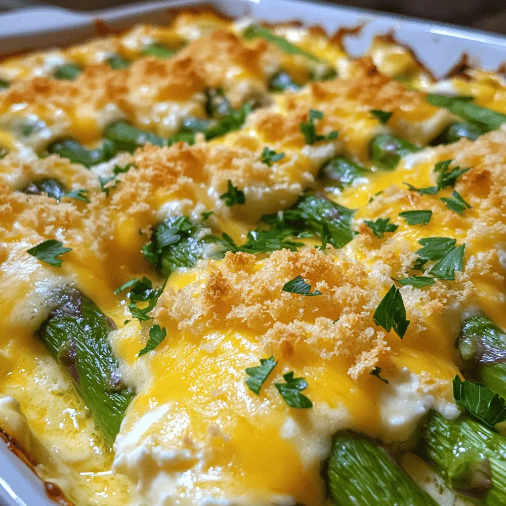 - 1 pound fresh asparagus, trimmed and cut into 2-inch pieces - 1 cup cooked quinoa or brown rice - 1 cup sharp cheddar cheese, shredded (divided) - ½ cup cream cheese, softened to room temperature - 1 cup vegetable broth - 1 cup milk (whole or 2%) - 1 teaspoon garlic powder - 1 teaspoon onion powder - 1 tablespoon olive oil - Salt and pepper, to taste - ½ cup breadcrumbs (optional for a crispy topping) - Fresh parsley, finely chopped, for garnish You can swap out the cheese if you need to. Try mozzarella or gouda for a different taste. If you want to avoid quinoa or rice, use cauliflower rice or barley. For a dairy-free version, opt for a plant-based cream cheese and almond milk. These swaps will still keep your casserole creamy and delicious. 1. Preheat the oven: Start by setting your oven to 375°F (190°C). This ensures the oven is ready for your casserole. 2. Mixing the creamy base: In a large bowl, combine softened cream cheese with milk and vegetable broth. Whisk until smooth. Add garlic powder and onion powder. Season with salt and pepper. Stir well to mix everything. 1. Incorporating asparagus and grains: Now, add cooked quinoa or brown rice to the creamy mix. Then, fold in the asparagus pieces gently. Make sure they are well-coated for more flavor. 2. Layering with cheese: Pour the mixture into a greased 9x13 inch baking dish. Spread it out evenly. Sprinkle half of the shredded cheddar cheese on top. This will melt beautifully during baking. 1. Timing and temperature guidelines: Place the dish in your preheated oven. Bake for 25-30 minutes, or until you see the top bubbling. It should be a lovely golden brown. 2. Tips for achieving the perfect crust: If you want a crispy topping, consider adding breadcrumbs before baking. Drizzle a bit of olive oil over them. This helps create a crunchy texture. Now, just wait for the delicious aroma to fill your kitchen! For the full recipe, check out the detailed instructions provided. To ensure even cooking, spread the mixture evenly in the baking dish. Use a 9x13 inch dish for best results. This size helps the heat circulate well. Avoiding sogginess is key. Make sure your asparagus is not overcooked before mixing. If using frozen asparagus, thaw it first and pat it dry. This keeps the casserole firm and tasty. Adding fresh herbs or spices can boost flavor. Try thyme, basil, or even a pinch of red pepper flakes for a kick. Mixing in some garlic adds a nice touch too. Incorporating proteins makes this dish heartier. Cooked chicken or turkey works well. You can also use beans for a vegetarian option. Both add flavor and make the casserole filling. For serving, you can dish it right from the baking dish. This gives a homey feel. If you want a fancier touch, serve individual portions on plates. Garnishing is fun! Fresh parsley adds color and brightness. You can sprinkle some extra cheese on top before serving for a cheesy finish. A side salad pairs great to balance the richness of the casserole. For more tips, check the Full Recipe. {{image_4}} For a low-carb version, swap quinoa with cauliflower rice. This keeps it light but still filling. You can also add more veggies like spinach or bell peppers. They boost nutrition and add color. Mix different cheeses for more depth. Try mozzarella or gouda for a creamy twist. You can also add crispy pancetta or chopped nuts for crunch. These add-ins give your casserole a fun twist. Use seasonal veggies to keep it fresh. In spring, add peas or fresh herbs. In the fall, consider roasted squash or even some caramelized onions. Adjust flavors for holidays, like adding nutmeg or sage for a festive touch. These variations let you customize your Cheesy Asparagus Casserole to fit any taste or occasion. For the complete recipe, check the [Full Recipe]. To keep your cheesy asparagus casserole fresh, store it in an airtight container. Place it in the fridge as soon as it cools down. This helps keep the flavors intact. Leftovers can last about three to four days in the fridge. If you want to save it for longer, consider freezing it. For freezing, wrap the casserole tightly in plastic wrap and then in foil. This helps prevent freezer burn. It can last up to three months in the freezer. When reheating, I recommend using the oven. Preheat the oven to 350°F (175°C). Place the casserole in a baking dish and cover it with foil. This keeps it moist while it heats. Bake for about 20-30 minutes. Check if it's hot all the way through before serving. You can also use the microwave for quicker reheating. Heat it in short intervals, about 1-2 minutes at a time, stirring in between. This method helps keep the texture nice. In the fridge, your casserole stays good for about three to four days. If you see any mold or an off smell, it's best to toss it. Signs of spoilage also include a slimy texture or discoloration. If you freeze it, remember to label the container with the date. This way, you’ll know when to use it. For the best taste, consume frozen leftovers within three months. Can I use frozen asparagus? Yes, you can use frozen asparagus. Just thaw it and drain any excess water. Frozen asparagus cooks quickly, so adjust your baking time slightly. This helps keep the texture nice and firm. How can I make this recipe ahead of time? You can prepare the casserole a day before. Mix all your ingredients and place them in the baking dish. Cover it tightly and store it in the fridge. When you’re ready to bake, just pop it in the oven. You may need to add a few minutes to the baking time if it’s cold. Overview of calorie count and macros Each serving of Cheesy Asparagus Casserole has about 300 calories. It contains 15 grams of protein, 20 grams of carbs, and 18 grams of fat. This dish is a good balance of nutrients, making it great for meals. Healthy modifications To make it healthier, use low-fat cheese or substitute quinoa for brown rice. You can also add more veggies like spinach or bell peppers. This boosts nutrients without losing flavor. How to ensure the cheese melts perfectly? To get smooth, melted cheese, use room temperature cheese. Mix it in with the warm creamy base. This helps it melt evenly throughout the casserole and gives you that gooey texture we all love. Can I substitute quinoa with rice? Yes, you can swap quinoa with brown rice or even white rice. Just make sure to cook it before adding it to the casserole. This ensures it blends well with the cheese and asparagus. This blog post explored crafting a cheesy asparagus casserole from scratch. You learned about key ingredients, swaps, and easy instructions. We covered tips for perfect cooking, ways to add flavor, and how to store leftovers. Whether for a family meal or a gathering, this dish shines. You can adjust it to your taste and health needs. Enjoy making this fun recipe, and don’t hesitate to experiment with seasonal veggies. Happy cooking!