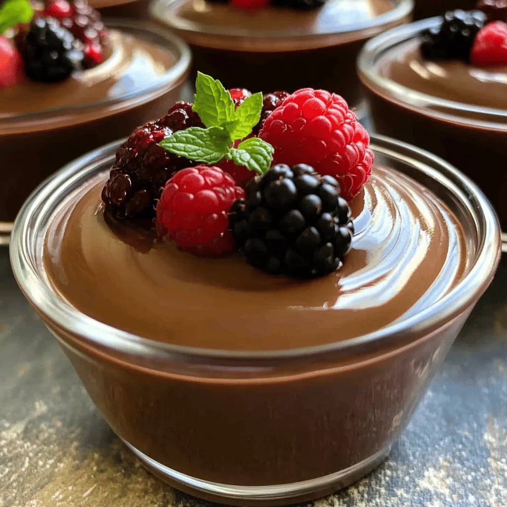 For my easy chocolate mousse cups, you need just a few key ingredients: - 1 cup heavy cream, chilled - 1/2 cup semi-sweet chocolate chips - 1/4 cup powdered sugar - 1 teaspoon pure vanilla extract - A pinch of fine sea salt These ingredients work together to create a rich and creamy mousse. The heavy cream adds volume, while the chocolate chips bring the deep chocolate flavor. The powdered sugar gives just the right sweetness. To make your mousse cups even more special, consider these garnishes: - Fresh mixed berries - Fresh mint leaves These toppings not only look great but also add fresh flavors. Berries bring a slight tartness that pairs well with the sweet mousse. Mint adds a refreshing note, making each bite delightful. If you don’t have some ingredients, don’t worry. Here are some easy swaps: - Use coconut cream instead of heavy cream for a dairy-free option. - Try dark chocolate chips for a richer flavor. - If you lack powdered sugar, regular sugar works too, but blend it first to make it finer. These substitutions allow you to customize the mousse while still keeping it delicious. Feel free to experiment and find what works best for you. For the full recipe, check the section above. First, gather your semi-sweet chocolate chips. Place them in a microwave-safe bowl. Heat them in the microwave for 30 seconds. Stir the chocolate after each interval. This keeps the chocolate from burning. Repeat until the chocolate is smooth. Let it cool a bit before using. Next, grab your chilled heavy cream. Pour it into a mixing bowl. Using a hand mixer, whip the cream on medium speed. In about 2 to 4 minutes, you’ll see soft peaks form. Once they form, add powdered sugar, vanilla extract, and a pinch of sea salt. Keep whisking until you see stiff peaks. Be careful not to overmix. Overmixing can make the cream grainy. Now, let’s combine the chocolate and whipped cream. Take a dollop of the whipped cream. Gently fold it into the melted chocolate. This helps lighten the chocolate. Then, slowly fold the chocolate mixture back into the whipped cream. Use soft motions to keep the mixture airy. When it looks fluffy, it’s ready to fill your cups! Use a spoon or piping bag to fill each cup with the mousse. For the full recipe, check the complete instructions above. To get the right texture, start with cold cream. Cold cream whips better. Whip until soft peaks form, which takes about 2-4 minutes. When you add sugar and salt, keep whipping until stiff peaks form. This step is key for a fluffy mousse. Overmixing can ruin your mousse. It can make the cream grainy and heavy. When adding chocolate to whipped cream, use gentle folding motions. This keeps air in the mix. Fold slowly until you see no streaks of chocolate. Stop as soon as it looks combined. Chill your mousse cups for at least 1 hour. This helps the mousse set properly. For the best results, cover the cups with plastic wrap. This prevents any smells from the fridge. When ready to serve, add fresh berries and mint. They make the mousse look great and add flavor. For the complete steps, check the Full Recipe. {{image_4}} You can easily change the flavor of your chocolate mousse cups. Add a shot of espresso for a coffee flavor. Mix in peppermint extract for a fresh mint taste. You can also try orange zest for a citrus twist. Each option adds a new layer of flavor that makes your mousse fun and unique. The cup you use can change the whole vibe of your dessert. Try chocolate cups for a double chocolate treat. You can also use fruit shells, like hollowed-out oranges or strawberries, for a fresh touch. These fun options not only look great but also add flavor. You can mix and match to suit your taste. If you have dietary needs, you’re in luck! You can make the mousse dairy-free by using coconut cream instead of heavy cream. For a sugar-free version, use a sugar substitute like stevia. These alternatives allow everyone to enjoy this delicious treat without worry. Remember, you can still keep the flavor and texture amazing! Check out the Full Recipe for more ideas on how to customize your mousse. To keep your leftover mousse fresh, place it in an airtight container. This will help prevent the mousse from absorbing other smells in the fridge. You can also cover the cups with plastic wrap. Just make sure the wrap does not touch the mousse. This keeps it safe and delicious. Store your mousse in the fridge, where it will stay good for 2 to 3 days. The mousse is best enjoyed within the first day for the best taste and texture. If you notice any changes in color or smell, it's time to toss it. Always check for freshness before eating. You can freeze mousse if you want to save it for later. Use a freezer-safe container and fill it to the top. Leave some space for expansion as it freezes. The mousse can stay good for up to 1 month in the freezer. When you are ready to eat it, move it to the fridge to thaw overnight. Stir it gently after thawing to bring back its creamy texture. For more details, check out the Full Recipe. If your mousse is too runny, don’t worry! You can fix this. First, try chilling it longer in the fridge. Sometimes, a bit more time helps it set. If it’s still runny, you can whip more cream. Use about 1/2 cup of heavy cream. Whip it until stiff peaks form. Then, fold this whipped cream into your mousse. This will add air and help thicken the mixture. Chocolate mousse can last in the fridge for about three days. It’s best to store it in an airtight container. This keeps it fresh and helps prevent it from absorbing other smells. If you notice any separation or changes in texture, it’s time to toss it. Always check it before serving. Yes, you can make these mousse cups ahead of time! They are great for parties or special occasions. Just prepare them and chill them in the fridge for at least an hour. You can even make them a day before. Just garnish them right before serving to keep them looking fresh. You can find the full recipe for these delightful cups earlier in this article. This blog post covered how to make easy chocolate mousse cups. We talked about the key ingredients like chocolate and cream, plus fun toppings you can try. I shared step-by-step instructions and tips to help you succeed. We also explored flavor variations and storage tips to keep your mousse fresh. In the end, this simple dessert can impress anyone. Try it your way and have fun! Happy whisking!