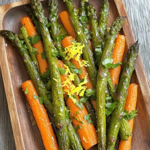 - 1 bunch of fresh asparagus, trimmed and cut into 2-inch pieces - 4 large carrots, peeled and sliced into thin sticks - 3 tablespoons extra virgin olive oil Fresh asparagus and carrots are the stars of this dish. They both bring vibrant colors and great flavor. Asparagus should be firm and bright green. Look for carrots that are smooth and crisp. The extra virgin olive oil adds richness and helps the veggies roast beautifully. - 1 teaspoon garlic powder - 1 teaspoon smoked paprika - Salt and black pepper to taste Garlic powder gives a nice, warm flavor. Smoked paprika adds a hint of smokiness that makes this dish pop. Salt and black pepper keep it balanced. You can adjust the salt and pepper to your taste. - Zest of 1 lemon - Fresh parsley, finely chopped (for garnish) Lemon zest adds a bright, fresh note. It brightens the roasted flavors. Fresh parsley gives a nice touch of color and a slight herb taste. This garnish makes the dish look beautiful and inviting. For the complete recipe, see the Full Recipe section. Set your oven to 425°F (220°C). This high heat helps the vegetables roast fast and get crispy. Trim the ends of the asparagus. Cut them into 2-inch pieces. Peel the carrots and slice them into thin sticks. Aim for similar sizes to ensure even cooking. In a large bowl, add the asparagus pieces and carrot sticks. Drizzle with the extra virgin olive oil. Use your hands or a spatula to toss them gently. Make sure each piece gets a nice coat of oil. Next, sprinkle garlic powder, smoked paprika, salt, and black pepper over the veggies. Toss again to mix all the flavors evenly. Line a baking sheet with parchment paper. Spread the seasoned asparagus and carrots in a single layer. This space allows them to roast well. Place the sheet in the oven. Roast for 15 to 20 minutes. Check for doneness by piercing a carrot with a fork. They should be tender but still crisp. The asparagus should be tender with crispy edges. After roasting, take the baking sheet out and sprinkle lemon zest over the warm veggies. Toss gently to mix in the zest. For a nice touch, transfer them to a serving platter and garnish with fresh parsley. This dish is not just tasty; it looks great too! For the full recipe, check the Delicious Roasted Asparagus and Carrots section. To select the best asparagus and carrots, look for vibrant colors. Fresh asparagus should be bright green with tight tips. Choose straight stalks that feel firm. For carrots, pick those that are smooth and firm. Avoid any that are soft or have many blemishes. Fresh veggies taste better and give you the best results. The thickness of your veggies can change cooking time. Thicker asparagus stalks need a bit more time, about 20 minutes. Thinner ones will roast in about 15 minutes. Carrots usually roast well at the same time as asparagus. Keep an eye on them, and taste a piece to check for doneness. You want them tender but not mushy. To boost flavor, consider adding different seasonings. You can try adding a bit of lemon juice or zest for brightness. Fresh herbs like thyme or rosemary can also elevate the dish. For a spicy kick, add red pepper flakes. Experiment with these options to find your favorite flavor combination. Enjoy the process of discovery! {{image_4}} You can easily add chicken or shrimp to this dish. To do this, season your protein with olive oil, salt, and pepper. For chicken, cut it into bite-sized pieces. For shrimp, clean and devein them. Toss the protein in with the asparagus and carrots before roasting. Make sure to adjust the cooking time. Chicken pieces may take a bit longer, while shrimp will cook faster. If you want to make this dish even more colorful, try adding other veggies. Bell peppers add sweetness, while zucchini brings a nice texture. Cut them into similar sizes as the asparagus and carrots. Toss them in the same way and roast everything together. Mix and match your favorite vegetables. This way, you can enjoy a variety of flavors. Want some heat? Add chili flakes or cayenne to your veggies. Start with a pinch and increase based on your taste. Mix the spices in with the other seasonings before tossing your vegetables. This small change can make your dish stand out. It adds a nice kick that many people enjoy. To keep your roasted asparagus and carrots fresh, use airtight containers. Glass or plastic containers work well. Make sure to cool the veggies before sealing to prevent moisture buildup. Store them in the fridge for up to three days. This keeps the flavor and texture intact. For best results, reheat your leftovers in the oven. Preheat it to 350°F (175°C). Place the veggies on a baking sheet and heat for about 10 minutes. This method helps maintain their crispness. You can also use a microwave, but they may lose some texture. If you go this route, heat them in short bursts to avoid overcooking. Freezing is a great way to save leftovers. First, let the veggies cool completely. Spread them out on a baking sheet in a single layer. Freeze for about an hour. This method prevents them from sticking together. Once frozen, transfer them to a freezer bag. They can last for up to three months. To thaw, place them in the fridge overnight before reheating. Enjoy your tasty roasted asparagus and carrots later! You can use frozen vegetables, but the texture and flavor may change. Frozen asparagus and carrots often lose some crispness. When thawed, they may become mushy. If you use frozen veggies, cook them for less time. Keep an eye on them to avoid overcooking. Roasted asparagus and carrots pair well with many dishes. You can serve them with grilled chicken, baked fish, or roasted tofu. They also go nicely with grains like quinoa or rice. Try adding a light lemon sauce for extra flavor. Making this recipe vegan is simple and tasty. Just use the same ingredients, as they are already plant-based. You can also add a splash of balsamic vinegar for extra zest. This will enhance the taste without losing any flavor. Yes, you can grill asparagus and carrots! Just follow these tips. First, prepare the vegetables as you would for roasting. Then, use a grill basket to avoid losing pieces. Grill them over medium heat for about 10-15 minutes. Turn them often for even cooking. Enjoy the smoky flavor! This post shared how to make tasty roasted asparagus and carrots. We covered the best ingredients, seasonings, and roasting tips. You learned how to prep fresh veggies and add your favorite proteins or spices. Perfect roasting brings out their flavor. Plus, we looked at storing and reheating leftovers. Try out these ideas and feel free to experiment with your own twists. Enjoy creating a delicious dish that impresses everyone!