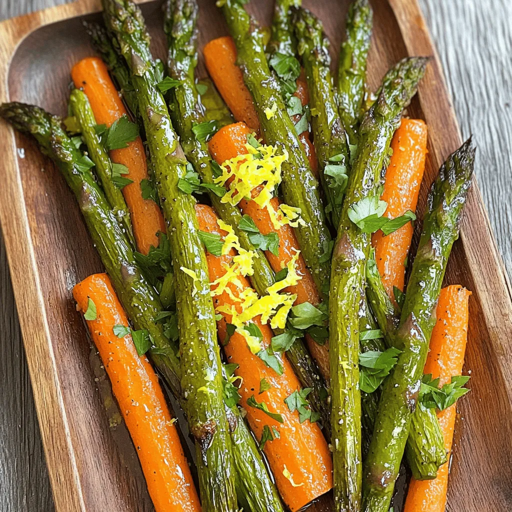 - 1 bunch of fresh asparagus, trimmed and cut into 2-inch pieces - 4 large carrots, peeled and sliced into thin sticks - 3 tablespoons extra virgin olive oil Fresh asparagus and carrots are the stars of this dish. They both bring vibrant colors and great flavor. Asparagus should be firm and bright green. Look for carrots that are smooth and crisp. The extra virgin olive oil adds richness and helps the veggies roast beautifully. - 1 teaspoon garlic powder - 1 teaspoon smoked paprika - Salt and black pepper to taste Garlic powder gives a nice, warm flavor. Smoked paprika adds a hint of smokiness that makes this dish pop. Salt and black pepper keep it balanced. You can adjust the salt and pepper to your taste. - Zest of 1 lemon - Fresh parsley, finely chopped (for garnish) Lemon zest adds a bright, fresh note. It brightens the roasted flavors. Fresh parsley gives a nice touch of color and a slight herb taste. This garnish makes the dish look beautiful and inviting. For the complete recipe, see the Full Recipe section. Set your oven to 425°F (220°C). This high heat helps the vegetables roast fast and get crispy. Trim the ends of the asparagus. Cut them into 2-inch pieces. Peel the carrots and slice them into thin sticks. Aim for similar sizes to ensure even cooking. In a large bowl, add the asparagus pieces and carrot sticks. Drizzle with the extra virgin olive oil. Use your hands or a spatula to toss them gently. Make sure each piece gets a nice coat of oil. Next, sprinkle garlic powder, smoked paprika, salt, and black pepper over the veggies. Toss again to mix all the flavors evenly. Line a baking sheet with parchment paper. Spread the seasoned asparagus and carrots in a single layer. This space allows them to roast well. Place the sheet in the oven. Roast for 15 to 20 minutes. Check for doneness by piercing a carrot with a fork. They should be tender but still crisp. The asparagus should be tender with crispy edges. After roasting, take the baking sheet out and sprinkle lemon zest over the warm veggies. Toss gently to mix in the zest. For a nice touch, transfer them to a serving platter and garnish with fresh parsley. This dish is not just tasty; it looks great too! For the full recipe, check the Delicious Roasted Asparagus and Carrots section. To select the best asparagus and carrots, look for vibrant colors. Fresh asparagus should be bright green with tight tips. Choose straight stalks that feel firm. For carrots, pick those that are smooth and firm. Avoid any that are soft or have many blemishes. Fresh veggies taste better and give you the best results. The thickness of your veggies can change cooking time. Thicker asparagus stalks need a bit more time, about 20 minutes. Thinner ones will roast in about 15 minutes. Carrots usually roast well at the same time as asparagus. Keep an eye on them, and taste a piece to check for doneness. You want them tender but not mushy. To boost flavor, consider adding different seasonings. You can try adding a bit of lemon juice or zest for brightness. Fresh herbs like thyme or rosemary can also elevate the dish. For a spicy kick, add red pepper flakes. Experiment with these options to find your favorite flavor combination. Enjoy the process of discovery! {{image_4}} You can easily add chicken or shrimp to this dish. To do this, season your protein with olive oil, salt, and pepper. For chicken, cut it into bite-sized pieces. For shrimp, clean and devein them. Toss the protein in with the asparagus and carrots before roasting. Make sure to adjust the cooking time. Chicken pieces may take a bit longer, while shrimp will cook faster. If you want to make this dish even more colorful, try adding other veggies. Bell peppers add sweetness, while zucchini brings a nice texture. Cut them into similar sizes as the asparagus and carrots. Toss them in the same way and roast everything together. Mix and match your favorite vegetables. This way, you can enjoy a variety of flavors. Want some heat? Add chili flakes or cayenne to your veggies. Start with a pinch and increase based on your taste. Mix the spices in with the other seasonings before tossing your vegetables. This small change can make your dish stand out. It adds a nice kick that many people enjoy. To keep your roasted asparagus and carrots fresh, use airtight containers. Glass or plastic containers work well. Make sure to cool the veggies before sealing to prevent moisture buildup. Store them in the fridge for up to three days. This keeps the flavor and texture intact. For best results, reheat your leftovers in the oven. Preheat it to 350°F (175°C). Place the veggies on a baking sheet and heat for about 10 minutes. This method helps maintain their crispness. You can also use a microwave, but they may lose some texture. If you go this route, heat them in short bursts to avoid overcooking. Freezing is a great way to save leftovers. First, let the veggies cool completely. Spread them out on a baking sheet in a single layer. Freeze for about an hour. This method prevents them from sticking together. Once frozen, transfer them to a freezer bag. They can last for up to three months. To thaw, place them in the fridge overnight before reheating. Enjoy your tasty roasted asparagus and carrots later! You can use frozen vegetables, but the texture and flavor may change. Frozen asparagus and carrots often lose some crispness. When thawed, they may become mushy. If you use frozen veggies, cook them for less time. Keep an eye on them to avoid overcooking. Roasted asparagus and carrots pair well with many dishes. You can serve them with grilled chicken, baked fish, or roasted tofu. They also go nicely with grains like quinoa or rice. Try adding a light lemon sauce for extra flavor. Making this recipe vegan is simple and tasty. Just use the same ingredients, as they are already plant-based. You can also add a splash of balsamic vinegar for extra zest. This will enhance the taste without losing any flavor. Yes, you can grill asparagus and carrots! Just follow these tips. First, prepare the vegetables as you would for roasting. Then, use a grill basket to avoid losing pieces. Grill them over medium heat for about 10-15 minutes. Turn them often for even cooking. Enjoy the smoky flavor! This post shared how to make tasty roasted asparagus and carrots. We covered the best ingredients, seasonings, and roasting tips. You learned how to prep fresh veggies and add your favorite proteins or spices. Perfect roasting brings out their flavor. Plus, we looked at storing and reheating leftovers. Try out these ideas and feel free to experiment with your own twists. Enjoy creating a delicious dish that impresses everyone!
