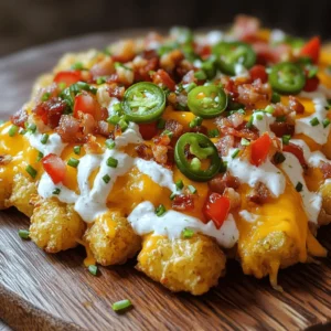 To make loaded tater tots, you need these simple ingredients: - 1 pound frozen tater tots - 1 cup shredded sharp cheddar cheese - 1/2 cup sour cream - 1/2 cup crisp cooked bacon bits (optional for added crunch) - 1/4 cup fresh green onions, finely chopped - 1/4 cup ripe tomatoes, diced - 1/4 cup jalapeños, thinly sliced - 1/2 teaspoon garlic powder - 1/2 teaspoon smoked paprika - Fresh salt and black pepper to taste These ingredients create a tasty, cheesy dish that you can enjoy anytime. If you want to change things up, here are some fun swaps: - Use sweet potatoes instead of regular tater tots for a sweeter flavor. - Swap out cheddar cheese for pepper jack for a spicy kick. - Replace sour cream with Greek yogurt for a healthier option. - Try turkey bacon or omit the bacon for a vegetarian twist. These substitutions keep the dish fresh while still tasting great. Toppings can take your tater tots to the next level. Here are some ideas: - Add avocado slices for a creamy and healthy touch. - Top with salsa for a zesty flavor boost. - Sprinkle crumbled feta cheese for a tangy twist. - Use fresh cilantro or parsley for a burst of color. Mix and match these toppings to create your perfect loaded tater tots. For the full recipe, check out Loaded Tater Tots Extravaganza . To make loaded tater tots, start by baking the frozen tater tots. Preheat your oven to 425°F (220°C). Spread the tater tots on a large baking sheet. Make sure they are in a single layer. Bake them for about 20-25 minutes. You want them to be golden and crispy. When they look perfect, take them out of the oven. Now, sprinkle the shredded cheddar cheese all over the hot tater tots. Put them back in the oven for 5 more minutes. This melts the cheese and makes it bubbly. The key to great loaded tater tots is the right baking time and temperature. Preheating your oven to 425°F (220°C) is essential. The first bake for 20-25 minutes gives the tater tots that crunchy texture. After adding cheese, just 5 more minutes in the oven melts the cheese perfectly. Keep an eye on them. You want that golden color but not burnt edges. To get the best cheese melt, use shredded sharp cheddar cheese. It melts nicely and adds great flavor. Make sure to sprinkle it evenly over the tater tots. This helps it melt all over. If you want an extra touch, place the loaded tater tots back in the oven for 2-3 minutes after adding toppings. This warms everything up and makes the cheese ooze in a tasty way. Enjoy your cheesy comfort food! For the complete recipe, refer to the Full Recipe. When making loaded tater tots, avoid overcrowding the baking sheet. This can lead to soggy tots. Ensure each tot has space to crisp up. Also, don’t skip preheating the oven. An oven that’s not hot enough won’t give you that perfect golden crunch. Be careful not to overcook the tater tots, as they can burn quickly. For the crispiest tater tots, bake them on a wire rack. This allows hot air to circulate around them. Flip the tots halfway through cooking for even browning. Use a higher temperature, around 425°F, as this helps get that desired crunch. Also, consider adding a light spray of oil before baking. This adds flavor and helps with crispiness. Loaded tater tots pair well with many dishes. Serve them with spicy chicken wings for a fun meal. They also go great with a fresh salad to balance the richness. Don’t forget your favorite dipping sauces. Sour cream is classic, but ranch dressing or spicy salsa adds a nice kick. For something simple, serve them alongside a creamy soup for a cozy night in. Check out the Full Recipe for Loaded Tater Tots Extravaganza to explore more options! {{image_4}} Loaded tater tots can be a tasty treat for vegetarians. You can skip the bacon bits and add more veggies. Try bell peppers, mushrooms, or corn for added flavor. A mix of cheeses can also boost the dish. Consider using mozzarella or pepper jack for a fun twist. This keeps every bite fresh and full of life. You can change the flavor of your loaded tater tots easily. For a spicy kick, use spicy cheese or add hot sauce. For a Tex-Mex vibe, top with guacamole and salsa. A BBQ theme can work too; just add pulled jackfruit and drizzle with BBQ sauce. Each change makes a new dish that excites the taste buds. Each season brings new flavors to explore. In fall, add roasted pumpkin or sage for warmth. During summer, fresh herbs like basil or cilantro can brighten the dish. In winter, think comfort with creamy cheese sauce or hearty chili on top. These seasonal ideas keep your loaded tater tots fun and fresh throughout the year. These variations allow everyone to enjoy loaded tater tots their way. You can get creative, and I encourage you to try something new! Don't forget to check out the Full Recipe for more guidance. To keep your loaded tater tots fresh, first let them cool down. Place any leftovers in an airtight container. This helps keep them from getting soggy. Store them in the fridge for up to three days. If you won’t eat them soon, consider freezing them. Reheating loaded tater tots is easy. Preheat your oven to 350°F (175°C). Spread the tater tots on a baking sheet. Heat them for about 10-15 minutes. This will help them regain their crispiness. You can also use an air fryer for a quicker option. Just set it to 350°F (175°C) for about 5-7 minutes. Freezing loaded tater tots is a great way to save time later. To freeze, place the tater tots in a single layer on a baking sheet. Freeze them until solid, then transfer to a freezer-safe bag. They can stay in the freezer for up to two months. When ready to eat, bake them straight from the freezer without thawing. Just add a few extra minutes to the cooking time. For the full recipe, check out Loaded Tater Tots Extravaganza . To make Loaded Tater Tots, start with frozen tater tots. Bake them until golden and crispy. This usually takes about 20-25 minutes at 425°F (220°C). After baking, add shredded cheese and return them to the oven. Wait about five minutes for the cheese to melt. Next, mix sour cream with garlic powder and smoked paprika. Drizzle this mixture over the crispy tots. Top with bacon bits, green onions, tomatoes, and jalapeños. For extra warmth, bake for a few more minutes. That's it! You can find the Full Recipe for Loaded Tater Tots Extravaganza to guide you through the steps. Yes, you can make Loaded Tater Tots gluten-free. Start with gluten-free frozen tater tots. Check the labels to ensure all toppings are gluten-free too. Use gluten-free bacon or omit it if needed. Sour cream is usually gluten-free. Enjoy your tasty dish without worry! Popular toppings for Loaded Tater Tots include: - Shredded cheese (like cheddar or Monterey Jack) - Sour cream or Greek yogurt - Crisp cooked bacon bits - Fresh green onions, finely chopped - Ripe tomatoes, diced - Sliced jalapeños - Avocado or guacamole - Chili or pulled pork These toppings add flavor and fun! Mix and match to find your favorite. To make top-notch Loaded Tater Tots, start with the right ingredients. Follow the steps for cooking and baking. Use tips to avoid common mistakes. Don't forget the fun variations! Perfect tater tots are easy with good storage methods. You can also enjoy many delicious toppings. Remember, you can make them your own. Explore all these ideas to create a tasty dish everyone will love.