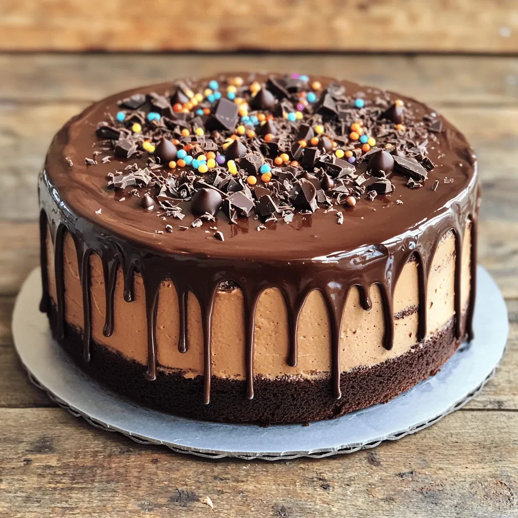 To make a delicious Chocolate Drip Cake, you need the following ingredients: - 2 cups all-purpose flour - 2 cups granulated sugar - ¾ cup unsweetened cocoa powder - 1 ½ teaspoons baking powder - 1 ½ teaspoons baking soda - 1 teaspoon salt - 2 large eggs - 1 cup whole milk - ½ cup vegetable oil - 2 teaspoons vanilla extract - 1 cup boiling water - 1 cup semi-sweet chocolate chips - 1 cup heavy cream - 2 tablespoons powdered sugar - Chocolate shavings or sprinkles for decorating (optional) Using the right measurements is key. I suggest measuring each ingredient carefully. Too much flour can make your cake dry. If you want to switch things up, you can use cake flour instead of all-purpose flour. For a richer flavor, try dark cocoa powder. You can also swap semi-sweet chocolate chips for milk chocolate chips if you prefer a sweeter treat. Choosing good ingredients makes a big difference. Look for high-quality unsweetened cocoa powder, as it adds deep flavor. When buying eggs, choose large ones; they help in binding the batter. Use whole milk for creaminess and moisture. For the ganache, select fresh heavy cream and good chocolate chips. The better the ingredients, the better your cake will taste. Preheat your oven to 350°F (175°C). This is a key step for great baking. While the oven heats, prepare your pans. Grease two 9-inch round cake pans with butter or cooking spray. Then, lightly dust each pan with flour. This helps the cakes release easily after baking. In a large bowl, sift together your dry ingredients. Combine 2 cups of flour, 2 cups of sugar, ¾ cup of cocoa powder, 1 ½ teaspoons of baking powder, 1 ½ teaspoons of baking soda, and 1 teaspoon of salt. Mixing dry ingredients well helps the cake rise. Next, add in the wet ingredients. Include 2 large eggs, 1 cup of milk, ½ cup of oil, and 2 teaspoons of vanilla. Beat with an electric mixer on medium speed for 2 minutes. The batter should be smooth. Now, add 1 cup of boiling water. The batter will be thin, but that's just right! Divide the batter evenly between your prepared pans. Bake in the oven for 30 to 35 minutes. To check if they're done, insert a toothpick into the center. If it comes out clean, your cakes are ready! Let them cool in the pans for 10 minutes. Then, gently remove the cakes and transfer them to a wire rack to cool completely. In a medium saucepan, heat 1 cup of heavy cream over medium heat. Once it starts to boil, remove it from the heat. Stir in 1 cup of semi-sweet chocolate chips. Let it sit for about 5 minutes. Then, stir until you have a smooth ganache. This will be your delicious topping! Once your cakes are cool, place one layer on a serving plate. Spread a generous amount of ganache on top. Carefully place the second layer on top. Now, chill the cake in the fridge for 30 minutes. This helps the layers firm up. After chilling, pour the remaining ganache over the top. Let it drip down the sides for a lovely look. If you want, use an offset spatula to spread the ganache evenly. Finally, add chocolate shavings or sprinkles to make it special. You can find the Full Recipe in the earlier section for all the details! To keep your cake moist, use fresh ingredients. Make sure your eggs and milk are at room temperature. This helps the batter mix well and trap air for a fluffy cake. Add boiling water to the batter, as it helps dissolve the cocoa and makes the cake soft. Don’t skip the cooling step; let your cakes cool completely before frosting. This ensures the ganache won’t melt and slide off. The key to a perfect ganache is to use a 1:1 ratio of chocolate to cream. For this recipe, use one cup of semi-sweet chocolate chips with one cup of heavy cream. Heat the cream until it just bubbles, then pour it over the chocolate. Let it sit for five minutes. This allows the chocolate to melt evenly. Stir until smooth. If your ganache is too thick, add a little more cream. If it's too thin, let it cool a bit longer. Once your ganache has set, it’s time to decorate! For a fancy look, use a piping bag to add swirls of ganache on top. You can also add chocolate shavings or colorful sprinkles for an extra pop. Remember to work quickly, as ganache can set fast. For a clean finish, run a hot knife around the edges before serving. This gives your cake a beautiful cut and a professional look. For the full details on how to make this cake, check out the Full Recipe. {{image_4}} You can easily change the flavor of your chocolate drip cake. For a mocha twist, add espresso powder to your batter. Just one tablespoon can give it a rich coffee flavor. If you like mint, add mint extract instead. A teaspoon will give you a fresh taste without overpowering the chocolate. You can even mix in orange zest for a citrusy kick. This small change can brighten the cake’s flavor. If you need gluten-free options, use almond flour or a gluten-free blend in place of all-purpose flour. Make sure to check the blend for rising agents like baking powder. For a vegan cake, replace eggs with flax eggs. Use 1 tablespoon of ground flaxseed mixed with 2.5 tablespoons of water for each egg. Swap whole milk with almond or soy milk. Use coconut cream instead of heavy cream for the ganache. These tweaks make the cake friendly for everyone. To add more flavor, consider fillings like raspberry jam or caramel sauce between the layers. You can also layer in whipped cream for a light touch. When it comes to toppings, think beyond sprinkles. Fresh fruits like strawberries or bananas can make the cake pop. Chopped nuts like walnuts or pecans can add crunch. You can even drizzle extra ganache or chocolate syrup on top for a double chocolate treat. Each of these additions can make your cake unique and delicious. For more details on making this tempting dessert, check out the Full Recipe. To keep your leftover chocolate drip cake fresh, wrap it tightly in plastic wrap. This helps lock in moisture. You can also store it in an airtight container. Keep it in the refrigerator for up to five days. If you slice the cake, place parchment paper between the pieces. This prevents them from sticking together. If you want to save some cake for later, freezing is a great option. First, allow the cake to cool completely. Then, wrap it in plastic wrap and aluminum foil. This double wrap keeps out air and prevents freezer burn. You can freeze the cake for up to three months. When ready to enjoy, let it thaw in the fridge overnight before serving. If you want to warm up your cake, preheat your oven to 350°F (175°C). Place a slice on a baking sheet and cover it with foil. Heat for about 10 minutes until warm. You can also use the microwave. Heat a slice for about 10-15 seconds. Be careful not to overheat; you want it warm, not hot. Enjoy your cake just like new! For the full recipe, check the section above. Yes, you can make this cake ahead of time. I often bake the layers a day before. After they cool, wrap them in plastic wrap. This keeps them fresh. You can also make the ganache in advance. Just store it in the fridge. When you are ready, reheat the ganache gently. This makes it smooth again for drizzling. If your ganache leaks, don’t worry. This can happen if the ganache is too thin. You can fix this by chilling the cake. Place it in the fridge for about 20 minutes. This will help the ganache set better. If it still leaks, you may need to thicken your ganache. To do this, add more chocolate and melt it in. Stir until smooth, then let it cool a bit before using. If you don’t have chocolate chips, there are great substitutes. You can use chopped chocolate bars. Dark, milk, or white chocolate works well. If you prefer, try cocoa powder mixed with a bit of butter. This can give a similar flavor. You can also use carob chips for a different taste. Just make sure to adjust the sweetness if needed. You learned how to make a great chocolate drip cake. We covered the key ingredients, baking steps, and useful tips. Selecting quality ingredients is crucial for the best flavor. Remember to check your oven and pans for perfect baking. Don't forget to experiment with flavors and add fun toppings. Store leftovers properly to maintain freshness. With practice, you can perfect your technique. I hope these tips inspire you to create a delicious cake for any occasion. Happy baking!