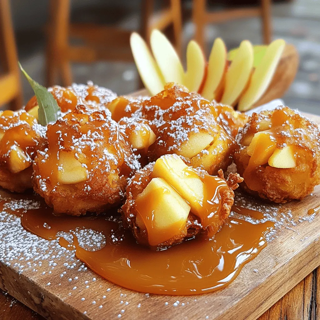 Here’s what you need for these tasty apple fritters: - 2 medium apples (preferably Granny Smith or Honeycrisp) - 1 cup all-purpose flour - 1/2 cup granulated sugar - 1 tablespoon baking powder - 1/2 teaspoon ground cinnamon - 1/4 teaspoon salt - 1/2 cup milk - 1 large egg - 1 teaspoon vanilla extract - 1 cup caramel sauce - Oil for frying - Powdered sugar for dusting (optional) These ingredients come together to create a warm, sweet treat. The apples add freshness, while the spices bring warmth and depth. Using the right apples makes a big difference in flavor. Granny Smith gives a slight tartness, while Honeycrisp adds sweetness. When you prepare to fry, using the right oil is key. Vegetable or canola oil works best for frying. It's important to have everything ready before you start cooking. Gather your ingredients and get excited for some delicious apple fritters. For the full recipe, you can check out the detailed instructions included. - Prepare the Apples: Start by peeling two medium apples and cutting them into small cubes. I like Granny Smith or Honeycrisp for their tartness. Put the cubes in a bowl and set them aside. - Mix Dry Ingredients: In a large bowl, whisk together one cup of all-purpose flour, half a cup of granulated sugar, one tablespoon of baking powder, half a teaspoon of ground cinnamon, and a quarter teaspoon of salt. Make sure it is well mixed. - Combine Wet Ingredients: In another bowl, whisk together half a cup of milk, one large egg, and one teaspoon of vanilla extract. Mix until it’s smooth. - Combine Wet and Dry: Pour the wet mixture into the dry ingredients. Stir gently with a spatula until just combined. The batter should be a bit lumpy, so don’t overmix. - Fold in Apples: Now, carefully fold in the diced apples. Make sure they are coated in the batter, but again, be gentle to avoid overworking the mixture. - Heat the Oil: In a deep frying pan, heat oil over medium heat until it reaches about 350°F (175°C). Use a thermometer for best results. - Fry the Fritters: Once the oil is hot, drop spoonfuls of the batter into the oil. Don’t overcrowd the pan. Fry in batches for about 3-4 minutes per side, until they are golden brown and crispy. - Drain Excess Oil: Use a slotted spoon to take the fritters out of the oil. Place them on a plate lined with paper towels to soak up any extra oil. - Add Caramel: While the fritters are still warm, drizzle them with caramel sauce. You can use store-bought or homemade for a special touch. A light dusting of powdered sugar adds a nice look too. - Presentation Tips: Serve the fritters on a rustic wooden board or a pretty platter. You can add a small bowl of extra caramel for dipping. For a nice touch, sprinkle a little cinnamon on top and arrange thin apple slices around the fritters. This method gives you crispy caramel apple fritters that are sure to impress! If you want more details, check the Full Recipe for exact measurements and tips. To get the best fritter texture, do not overmix the batter. Mix until it is just combined. A few lumps are okay. Overmixing makes the fritters tough. Also, the oil temperature matters. Heat the oil to about 350°F (175°C). Use a thermometer for accuracy. Hot oil gives you crispy fritters. If the oil is too cool, the fritters soak up the oil and become greasy. Apple fritters taste great with ice cream or whipped cream. The cold cream pairs well with warm fritters. You can also serve them with extra caramel sauce for dipping. For a fun twist, add crushed nuts or cinnamon on top. This adds flavor and texture. You can arrange fritters on a pretty plate. Garnish them with thin apple slices for a nice look. One big mistake is overcrowding the frying pan. Fry in small batches. This helps them cook evenly. Another mistake is measuring ingredients wrong. Use standard measuring cups and spoons. This keeps your fritters light and fluffy. Follow the Full Recipe for the best results. {{image_4}} To make gluten-free apple fritters, you can use several flour substitutes. Here are some great options: - Almond flour - Coconut flour - Gluten-free all-purpose flour - Oat flour Each of these flours will give your fritters a unique texture. Almond flour adds a nutty flavor, while coconut flour makes them light and airy. Gluten-free all-purpose flour works well for a familiar taste. Oat flour is great for a wholesome option. If you want to make vegan apple fritters, you need to replace the egg. Here are some great alternatives: - Flaxseed meal mixed with water - Chia seeds with water - Unsweetened applesauce Mix one tablespoon of flaxseed meal or chia seeds with three tablespoons of water. Let it sit for a few minutes until it thickens. Unsweetened applesauce works well too; use a quarter cup for one egg. These swaps keep your fritters fluffy and delicious. Want to mix things up? You can add nuts and spices to your fritters. Chopped walnuts or pecans add a nice crunch. You can also try spices like nutmeg or ginger for extra warmth. Incorporating different fruits can give your fritters a fun twist. Try using pears for a new flavor. You could also add some dried cranberries for a sweet and tart surprise. The possibilities are endless, and each variation tastes fantastic! To keep your fritters fresh, store them in a paper towel-lined container. This helps soak up moisture and keeps them crispy. Make sure to seal the container tightly. Fritters taste best when eaten within two days, but they can last up to four days in the fridge. When you want to enjoy your leftover fritters, use the oven. Preheat it to 350°F (175°C). Place the fritters on a baking sheet. Heat them for about 10 minutes. This method keeps them crisp on the outside. You can also use an air fryer for a quick reheat. To freeze fritters, first let them cool completely. Place them in a single layer on a baking sheet. Freeze them for about an hour. Once frozen, transfer them to a freezer bag. They can stay frozen for up to three months. When ready to eat, thaw in the fridge overnight and reheat in the oven. Enjoy your homemade delights anytime! For the full recipe, check out the detailed steps above. You start by dicing apples into small cubes. Next, mix flour, sugar, baking powder, cinnamon, and salt in a bowl. In another bowl, whisk milk, egg, and vanilla. Combine the wet and dry mixes without overmixing. Then fold in your apple cubes. Heat oil in a pan and drop spoonfuls of batter into the hot oil. Fry until golden brown. Drain them on paper towels and drizzle with caramel before serving. This method is simple and leads to tasty results. Yes, you can make apple fritters ahead. Prepare the batter and store it in the fridge for up to one day. This keeps the apples fresh. You can also fry the fritters and then cool them on a rack. Store the cooled fritters in an airtight container for a day. When ready to eat, just reheat them in the oven. This keeps them crispy and warm. Granny Smith and Honeycrisp apples are best for fritters. Granny Smith adds a nice tart flavor, while Honeycrisp brings sweetness and crunch. Both hold up well when cooked. You can also try Fuji or Braeburn for extra sweetness. Choose apples that are firm for the best texture. Local bakeries often have great apple fritters. Check out spots that focus on fresh pastries. Some popular bakeries like "Sweet Treats" or "Apple Hill Bakery" may have amazing options. You can also visit farmer's markets for homemade fritters. These places often use fresh, local apples. Fresh apple fritters last about one to two days at room temperature. Store them in a cool, dry place. If you want them to last longer, keep them in the fridge for up to a week. To keep them fresh, use an airtight container. For the best taste, eat them warm. In this blog post, we explored how to make delicious apple fritters. We covered the key ingredients, step-by-step instructions, and cooking tips for the perfect texture. You also learned about various serving ideas and how to store leftovers. Remember, using the right apples and not overcrowding the frying pan are crucial steps. You can enjoy these fritters fresh or explore gluten-free and vegan options. Now, you are ready to make tasty apple fritters that everyone will love!
