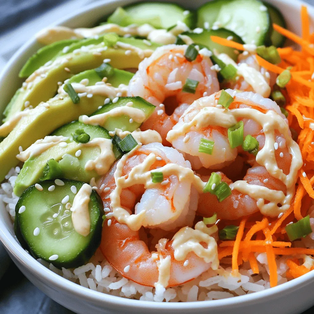 - 1 pound shrimp, peeled and deveined - 2 cups cooked jasmine rice - 1 ripe avocado, sliced - 1 small cucumber, julienned - 1 cup shredded carrots - 1 tablespoon sesame oil - 1 tablespoon soy sauce - 1 teaspoon garlic powder - 1 teaspoon ginger paste - 2 tablespoons mayonnaise - 1 tablespoon Sriracha (adjust according to your spice preference) - 1 teaspoon fresh lime juice - 2 green onions, finely chopped - Sesame seeds, for garnish The key to a great Shrimp Rice Bowl lies in fresh and simple ingredients. I love using shrimp because they cook quickly and have a mild flavor that pairs well with many foods. For the base, I recommend jasmine rice. It’s fragrant and light, making it perfect for this dish. Adding a ripe avocado gives creaminess, while a julienned cucumber adds a refreshing crunch. For a pop of color and sweetness, I like to use shredded carrots. They not only look great but also add a nice texture. Next, we have the marinade and flavor enhancers. Sesame oil, soy sauce, garlic powder, and ginger paste create a tasty blend. These ingredients make the shrimp burst with flavor. Don’t forget the spicy mayo! This sauce combines creamy mayonnaise with Sriracha and lime juice. It adds a spicy kick that lifts the entire dish. Green onions and sesame seeds finish it off with extra flavor and a nice crunch. Remember, you can find the full recipe for these Shrimp Rice Bowls with Spicy Mayo in the article. Enjoy cooking! Start by combining the shrimp with sesame oil, soy sauce, garlic powder, and ginger paste. Mix everything well in a medium bowl. This mixture will coat the shrimp nicely and add great flavor. Let the shrimp marinate for about 15 minutes. This step is key for infusing the shrimp with taste. While the shrimp is marinating, grab a small bowl. In this bowl, mix together the mayonnaise, Sriracha, and lime juice. Stir until everything is well combined. If you like more heat, you can add extra Sriracha to suit your taste. This creamy sauce will bring a nice kick to your rice bowls. Next, heat a non-stick skillet over medium-high heat. Once hot, add the marinated shrimp to the skillet in a single layer. Cook the shrimp for about 2-3 minutes on each side. They should turn pink and opaque when done. This quick cooking keeps the shrimp tender and juicy. Now, it’s time to build your rice bowls. Take four serving bowls and evenly distribute the cooked jasmine rice among them. This rice provides a fluffy base for your toppings. On top of each bowl of rice, layer the cooked shrimp. Then add sliced avocado, julienned cucumber, and shredded carrots. Each ingredient adds color and texture, making your bowl look and taste amazing. Finally, drizzle the spicy mayo generously over each bowl. This sauce adds creaminess and flavor. To finish, sprinkle chopped green onions and sesame seeds on top. These little touches enhance the dish, making it even more delightful to eat. For the full recipe, check the details above. - Make sure shrimp are cooked evenly to avoid toughness. - Do not overcrowd the pan while cooking shrimp. This helps each shrimp cook nicely and stay tender. - Experiment with adding lime zest for extra citrus flavor. It brightens the dish and adds freshness. - Increase the Sriracha for an added spicy kick. Adjust it to your taste for the perfect heat. - Serve on colorful dishes for visual appeal. Bright colors make the meal look fun and inviting. - Garnish with extra sesame seeds or herbs. Fresh herbs add a lovely touch and enhance the dish. These tips will help you create a stunning and delicious shrimp rice bowl. For the complete recipe, check out the Full Recipe. Enjoy cooking! {{image_4}} You can easily switch some ingredients to fit your taste or needs. Here are a couple of ideas: - Use brown rice for a healthier option. Brown rice offers more fiber and nutrients. It adds a nice nutty flavor to your dish. - Substitute shrimp with tofu or chicken for different proteins. Tofu is a great plant-based option. Chicken provides a classic flavor that many enjoy. If you want to mix it up, consider these sauce options: - Try a garlic aioli instead of spicy mayo. Garlic aioli adds a rich and creamy texture with a punch of flavor. It pairs well with the shrimp. - Use a sweet chili sauce for a different flavor profile. Sweet chili sauce brings a nice balance of sweet and spicy. This can add a fun twist to your rice bowl. Adding extra toppings can enhance both flavor and nutrition. Here are some tasty ideas: - Add sliced radishes or bell peppers for more crunch. These veggies add a fresh bite and bright color to your bowl. - Include edamame or seaweed for added nutrition. Edamame is packed with protein, while seaweed adds a salty, umami flavor. Both are great additions! Store leftover shrimp rice bowls in airtight containers. This keeps the flavors fresh and safe. Consume leftovers within 2 days for best quality. After that, the taste and texture may change. You can freeze cooked shrimp for long-term storage. Place them in separate containers. This way, you can enjoy them later without losing quality. When you're ready to eat, reheat gently before serving to maintain texture. Use the microwave or a skillet over low heat for reheating. This helps the shrimp stay juicy and tender. Avoid overheating, as it can make the shrimp rubbery. Enjoy your meal and savor the flavors! It takes about 15 minutes to prep. The total time is around 30 minutes. This quick meal is perfect for a busy day. Yes, you can use frozen shrimp. Just be sure to thaw them thoroughly before marinating and cooking. This step is key for good flavor and texture. Jasmine rice is the best choice. Its fragrance and texture enhance the dish. However, brown rice is a healthy alternative, so feel free to use it if you prefer. Absolutely! You can prepare the spicy mayo a day ahead. Just store it in the refrigerator for the best results. This saves time and lets the flavors blend nicely. This blog post covered how to make delicious shrimp rice bowls with spicy mayo. You learned about the key ingredients, like shrimp, jasmine rice, and avocado, and how to prepare them. We discussed cooking tips, variations, and storage options. Now it's time to enjoy your creation! Try different toppings and sauces to make it your own. These bowls are quick, tasty, and sure to impress anyone who tries them. Happy cooking!