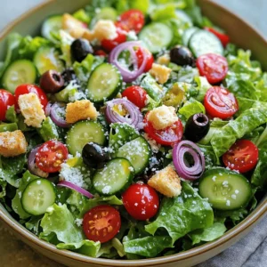 - Romaine lettuce - Cherry tomatoes - Red onion - Cucumber - Black olives - Pepperoncini To make a great Olive Garden salad, you need fresh veggies. Start with a large head of romaine lettuce. This gives a crisp base. Next, add cherry tomatoes for sweetness. Slice them in half for easy eating. Thinly slice a small red onion for a mild, sharp taste. Diced cucumber adds a nice crunch. Black olives give a salty kick, while pepperoncini introduces a tangy heat. - Parmesan cheese - Croutons Now, let’s add some fun toppings. You need freshly grated Parmesan cheese for a savory finish. Croutons add delightful crunch. You can buy croutons or make your own. Both options work well. - Extra virgin olive oil - Red wine vinegar - Italian seasoning - Salt and pepper The dressing brings everything together. Use three tablespoons of extra virgin olive oil for rich flavor. Add two tablespoons of red wine vinegar for tanginess. A teaspoon of Italian seasoning adds herby notes. Don’t forget salt and pepper to taste. Blend these together for a smooth mixture. You can find the full recipe with detailed instructions to guide you through. 1. First, wash the romaine lettuce under cold water. Make sure to remove any dirt. 2. Next, chop the lettuce into bite-sized pieces. Place it in a large salad bowl. 3. Then, add the halved cherry tomatoes, diced cucumber, and thinly sliced red onion. 4. Don't forget the black olives and sliced pepperoncini. This makes the salad colorful. 1. In a small bowl, combine the olive oil, red wine vinegar, and Italian seasoning. 2. Add salt and pepper to taste. This will enhance the flavor of your dressing. 3. Whisk everything together until smooth. You can also use a jar with a lid. Just shake it well! 1. Drizzle the dressing over the salad ingredients. Use tongs or spoons to toss well. 2. Ensure every ingredient gets coated in the dressing. It makes a big difference! 3. Right before serving, sprinkle the grated Parmesan cheese on top. 4. Add croutons for that delightful crunch. Toss gently one last time and serve! For the complete guide, check out the Full Recipe. For a great presentation, serve the salad in individual bowls. This adds a nice touch. Garnish with extra Parmesan and whole cherry tomatoes. They bring a pop of color. Pair Olive Garden Salad with grilled chicken or shrimp. These proteins add depth and nutrients. You can also enjoy it with warm garlic bread. The crunch of the salad balances the bread's softness. If you want to swap out olives, try capers or diced pickles. These options give a salty kick. For peppers, you can use sliced jalapeños or sweet bell peppers. They add different heat levels and flavors. If you need a different lettuce, consider using mixed greens or spinach. Both provide a fresh taste and nice texture. You can change the flavor of your dressing easily. Try using balsamic vinegar instead of red wine vinegar. This makes a sweeter and richer dressing. Adding fresh herbs like basil or oregano can enhance the taste. For a spicy kick, mix in a pinch of red pepper flakes. Experiment with these ideas to find new favorites. {{image_4}} Want to boost your Olive Garden Salad? Try these add-ons: - Grilled chicken or shrimp: This protein makes the salad filling. - Additional vegetables like bell peppers or carrots: These add extra color and crunch. Adding grilled chicken or shrimp brings a savory taste. They add protein, making the salad more satisfying. On the other hand, bell peppers and carrots add sweetness and texture. They also enhance the salad's vibrant look. You can change your salad with the seasons. Here are some ideas: - Summer twists with fresh ingredients: Use fresh corn, cucumber, and herbs. - Winter variations incorporating roasted vegetables: Try roasted squash or Brussels sprouts for a warm touch. In summer, fresh ingredients keep things light and crisp. In winter, roasted vegetables add warmth and depth. This keeps the salad exciting all year round. You can modify this salad to fit different diets. Here are some options: - Vegan-friendly modifications: Replace cheese with avocado or nuts. - Gluten-free crouton options: Use gluten-free bread to make your own croutons. For vegan eaters, avocado or nuts still give a creamy texture. They also add healthy fats. Gluten-free options let everyone enjoy this salad without worry. Try these variations to make your Olive Garden Salad unique! For the full recipe, check the earlier section. To store leftover salad, first place it in an airtight container. This helps keep the salad fresh. If you have dressing left, store it separately. This way, the salad won’t get soggy. Always keep the salad in the fridge. This will maintain its crispness. Use the salad within a few days for the best taste. The salad lasts about 3 to 5 days in the fridge. After that, the veggies may start to wilt. Look for signs of spoilage like brown edges or a slimy texture. If the salad smells off, it’s best to toss it out. Freshness is key for flavor and health. You can freeze some salad components, but not all. Freezing works well for sliced onions or olives. However, lettuce does not freeze well. It becomes mushy when thawed. If you freeze any ingredients, thaw them in the fridge. Use them in other dishes like soups or stir-fries. This way, nothing goes to waste. For the best taste, always use fresh ingredients whenever you can. If you want the full experience, try the Full Recipe for a delightful Olive Garden-inspired salad. Olive Garden Salad stands out for its fresh and vibrant flavors. The mix of crunchy romaine and juicy cherry tomatoes creates a delightful texture. Thin slices of red onion add a slight bite, while black olives offer a salty twist. Pepperoncini brings a tangy heat that wakes up your taste buds. The blend of these ingredients creates a colorful and tasty salad that pairs well with any meal. Yes, you can prepare parts of this salad ahead of time. Wash and chop the romaine lettuce, then store it in an airtight container. Keep the other veggies, like cucumbers and tomatoes, in separate containers. This way, they stay fresh. Just mix everything together before serving. You can also make the dressing in advance. Store it in the fridge for easy use later. Olive Garden uses a signature Italian dressing, which is tangy and zesty. This dressing features oil, vinegar, and Italian herbs. You can make a similar dressing at home with olive oil, red wine vinegar, Italian seasoning, salt, and pepper. If you want to try something new, use balsamic vinegar for a sweeter taste. Enjoy the dressing with your fresh salad for a burst of flavor. You now understand how to make a delicious Olive Garden Salad. We discussed fresh vegetables, cheese, and croutons, plus the perfect dressing. I shared easy steps for prep, assembly, and delicious tips to serve. With options for add-ons and dietary needs, this salad can fit anyone's taste. Remember to store leftovers properly to keep them fresh. Enjoy creating this flavorful dish that impresses at any meal!