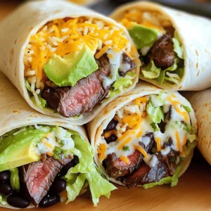 - 1 lb flank steak - 1 tablespoon olive oil - 2 teaspoons chili powder - 1 teaspoon ground cumin - 1 teaspoon garlic powder - 1 teaspoon onion powder - Salt and black pepper to taste - 4 large flour tortillas - 1 cup cooked rice (cilantro-lime rice recommended for added flavor) - 1 cup black beans, drained and rinsed - 1 cup shredded cheese (choose between cheddar or a flavorful Mexican blend) - 1 ripe avocado, sliced - 1 cup lettuce, shredded - Salsa or pico de gallo for serving - Sour cream for serving (optional) The main star of this dish is the flank steak. It has a great texture and flavor. The best way to cook it is by marinating it first. Rub it with olive oil and spices to bring out the taste. Let it sit for at least 30 minutes before cooking. Next, you need large flour tortillas. They hold the filling well and make a great wrap. For the fillings, cooked rice and black beans add nutrition and taste. Topping it off with cheese and avocado gives a creamy touch. - Cilantro-lime rice - Black beans - Toppings like avocado and cheese Cilantro-lime rice pairs perfectly with the burritos. The zesty flavor brightens the meal. Black beans can be served on the side or mixed in. You can also add fresh toppings like avocado and cheese. They add great texture and taste. - Salsa or pico de gallo - Sour cream - Additional vegetables Salsa or pico de gallo brings a fresh kick. It adds flavor and a juicy texture. You can also add sour cream for creaminess. Don't forget vegetables like bell peppers or corn for extra crunch. These add-ins make your burrito even more exciting. For the full recipe, check out the detailed instructions to bring these delicious burritos to life! - Ingredients for the marinade: - 1 tablespoon olive oil - 2 teaspoons chili powder - 1 teaspoon ground cumin - 1 teaspoon garlic powder - 1 teaspoon onion powder - Salt and black pepper to taste Start by mixing the olive oil and spices in a bowl. This mixture will coat the flank steak. Rub it all over the steak. Make sure to cover every inch. Let the steak marinate for at least 30 minutes. If you want more flavor, marinate it for several hours in the fridge. The longer you wait, the better it tastes! You can cook the steak on a grill or in a skillet. If you grill, preheat it to medium-high heat. For a skillet, heat it over medium-high too. Place the marinated steak on the grill or skillet. Cook for about 5-7 minutes on each side for medium-rare. You want it to reach an internal temperature of 135°F. After cooking, transfer the steak to a cutting board. Let it rest for 5 minutes. This helps keep the juices inside. To build your burrito, lay one large flour tortilla on a flat surface. Start with a scoop of rice in the center. Next, add black beans, sliced steak, avocado, shredded lettuce, and cheese. The order matters for a good bite. To roll the burrito, fold the sides over the filling first. Then, start from the bottom and roll it up tightly. This keeps everything inside. Repeat this for the rest of your tortillas. If you want, grill the burritos for 2-3 minutes on each side until golden. This adds a nice crunch. Marinating your steak is key. It adds deep flavor and keeps the meat juicy. I mix olive oil, chili powder, cumin, garlic powder, and onion powder. Spread this mix over the flank steak. Let it sit for at least 30 minutes, or longer if you can. This time allows the meat to soak in those yummy spices. When you slice the steak, always cut against the grain. This method makes the meat tender and easy to chew. Look at the lines in the steak. Slice across them, not along them. Grilling the burritos gives them a nice crunch. This step is optional but worth it. After you wrap the burrito, grill it on medium heat. Cook each side for about 2-3 minutes. You want a golden-brown color. This makes the outside crispy while keeping the inside warm and soft. To avoid soggy tortillas, don’t overfill them. Less is more! Keep the filling inside the tortilla balanced. Also, try to drain any excess moisture from ingredients like beans or salsa. Spice levels can change your burrito game. If you want more heat, add some diced jalapeños or a spicy salsa. For less heat, keep it simple with just cheese and avocado. You can also mix in different ingredients. Try adding grilled peppers, corn, or even some cilantro. Get creative! Each burrito can be a new flavor adventure. For the full recipe, check out the section above. {{image_4}} You can switch up the meat in your juicy steak burritos. Try chicken or pork for a new taste. Both options are easy to cook and absorb flavors well. If you want a meatless meal, use mushrooms or jackfruit. Both give a great texture and soak up spices. Get creative with spices! You can mix different spice blends to find what you like best. Think about fusion ideas, too. Try adding BBQ sauce for a smoky twist or some Thai chili paste for a spicy kick. These flavors make each bite a surprise. If you need gluten-free options, use corn tortillas. They taste great and hold up well. For a low-carb choice, wrap your filling in lettuce leaves instead of tortillas. This keeps it fresh and crunchy while cutting down on carbs. To keep your burritos fresh, wrap them tightly in plastic wrap or foil. Store them in the fridge. They are best eaten within three days. After that, they may lose flavor and texture. Always check for any signs of spoilage before eating. You can freeze burritos for later use. Wrap each burrito in plastic wrap, then place them in a freezer bag. Make sure to remove as much air as possible. For reheating, unwrap the burrito and place it on a plate. Microwave it for about 2-3 minutes or until hot. You can also bake it in the oven at 350°F for 15-20 minutes. This helps keep the tortilla from getting soggy. Meal prep can make life easier. You can cook the steak and prepare the fillings in advance. Store each ingredient in separate containers. When you're ready to eat, just assemble your burritos. Using pre-cooked rice and canned beans can save you time. This way, you can enjoy your juicy steak burritos without much hassle. For the full recipe, check out the Juicy Steak Burritos section. To make flank steak tender, I recommend a few key techniques. First, marinate the steak. Use an acid like lime juice or vinegar to help break down the fibers. Let it sit for at least 30 minutes. Next, cook the steak over high heat for a short time. This keeps it juicy. After cooking, let it rest for five minutes before slicing. Always cut against the grain. This way, each piece is easier to chew. Yes, you can! If you want a gluten-free option, try corn tortillas. They are tasty and hold up well. You can also use whole wheat tortillas for a healthier choice. If you're feeling adventurous, consider using large lettuce leaves as a wrap. They add a nice crunch and keep it fresh. Juicy steak burritos pair well with many sides. Here are some ideas: - Cilantro-lime rice - Black beans - Grilled corn on the cob - A fresh garden salad - Chips and salsa These options add color and flavor to your meal. If you store your leftover burritos properly, they last about three to four days in the fridge. Wrap them tightly in foil or plastic wrap to keep them fresh. For best taste, reheat them in the oven or a skillet. This helps keep the tortillas crispy and the filling warm. You learned how to make delicious steak burritos with simple steps. We covered marinating the flank steak and cooking it just right. Assembling the burritos with fresh sides and toppings adds great flavor. Customizing your burritos lets you try new tastes, too! Remember to store leftovers properly and even freeze extras for later. Enjoy making your own tasty burritos that fit your style and preferences. Your kitchen can be a place for fun and flavors!