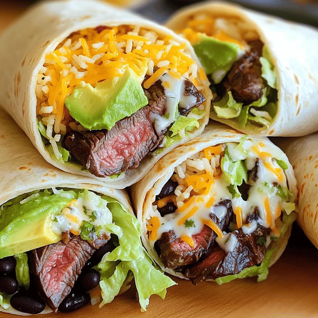 - 1 lb flank steak - 1 tablespoon olive oil - 2 teaspoons chili powder - 1 teaspoon ground cumin - 1 teaspoon garlic powder - 1 teaspoon onion powder - Salt and black pepper to taste - 4 large flour tortillas - 1 cup cooked rice (cilantro-lime rice recommended for added flavor) - 1 cup black beans, drained and rinsed - 1 cup shredded cheese (choose between cheddar or a flavorful Mexican blend) - 1 ripe avocado, sliced - 1 cup lettuce, shredded - Salsa or pico de gallo for serving - Sour cream for serving (optional) The main star of this dish is the flank steak. It has a great texture and flavor. The best way to cook it is by marinating it first. Rub it with olive oil and spices to bring out the taste. Let it sit for at least 30 minutes before cooking. Next, you need large flour tortillas. They hold the filling well and make a great wrap. For the fillings, cooked rice and black beans add nutrition and taste. Topping it off with cheese and avocado gives a creamy touch. - Cilantro-lime rice - Black beans - Toppings like avocado and cheese Cilantro-lime rice pairs perfectly with the burritos. The zesty flavor brightens the meal. Black beans can be served on the side or mixed in. You can also add fresh toppings like avocado and cheese. They add great texture and taste. - Salsa or pico de gallo - Sour cream - Additional vegetables Salsa or pico de gallo brings a fresh kick. It adds flavor and a juicy texture. You can also add sour cream for creaminess. Don't forget vegetables like bell peppers or corn for extra crunch. These add-ins make your burrito even more exciting. For the full recipe, check out the detailed instructions to bring these delicious burritos to life! - Ingredients for the marinade: - 1 tablespoon olive oil - 2 teaspoons chili powder - 1 teaspoon ground cumin - 1 teaspoon garlic powder - 1 teaspoon onion powder - Salt and black pepper to taste Start by mixing the olive oil and spices in a bowl. This mixture will coat the flank steak. Rub it all over the steak. Make sure to cover every inch. Let the steak marinate for at least 30 minutes. If you want more flavor, marinate it for several hours in the fridge. The longer you wait, the better it tastes! You can cook the steak on a grill or in a skillet. If you grill, preheat it to medium-high heat. For a skillet, heat it over medium-high too. Place the marinated steak on the grill or skillet. Cook for about 5-7 minutes on each side for medium-rare. You want it to reach an internal temperature of 135°F. After cooking, transfer the steak to a cutting board. Let it rest for 5 minutes. This helps keep the juices inside. To build your burrito, lay one large flour tortilla on a flat surface. Start with a scoop of rice in the center. Next, add black beans, sliced steak, avocado, shredded lettuce, and cheese. The order matters for a good bite. To roll the burrito, fold the sides over the filling first. Then, start from the bottom and roll it up tightly. This keeps everything inside. Repeat this for the rest of your tortillas. If you want, grill the burritos for 2-3 minutes on each side until golden. This adds a nice crunch. Marinating your steak is key. It adds deep flavor and keeps the meat juicy. I mix olive oil, chili powder, cumin, garlic powder, and onion powder. Spread this mix over the flank steak. Let it sit for at least 30 minutes, or longer if you can. This time allows the meat to soak in those yummy spices. When you slice the steak, always cut against the grain. This method makes the meat tender and easy to chew. Look at the lines in the steak. Slice across them, not along them. Grilling the burritos gives them a nice crunch. This step is optional but worth it. After you wrap the burrito, grill it on medium heat. Cook each side for about 2-3 minutes. You want a golden-brown color. This makes the outside crispy while keeping the inside warm and soft. To avoid soggy tortillas, don’t overfill them. Less is more! Keep the filling inside the tortilla balanced. Also, try to drain any excess moisture from ingredients like beans or salsa. Spice levels can change your burrito game. If you want more heat, add some diced jalapeños or a spicy salsa. For less heat, keep it simple with just cheese and avocado. You can also mix in different ingredients. Try adding grilled peppers, corn, or even some cilantro. Get creative! Each burrito can be a new flavor adventure. For the full recipe, check out the section above. {{image_4}} You can switch up the meat in your juicy steak burritos. Try chicken or pork for a new taste. Both options are easy to cook and absorb flavors well. If you want a meatless meal, use mushrooms or jackfruit. Both give a great texture and soak up spices. Get creative with spices! You can mix different spice blends to find what you like best. Think about fusion ideas, too. Try adding BBQ sauce for a smoky twist or some Thai chili paste for a spicy kick. These flavors make each bite a surprise. If you need gluten-free options, use corn tortillas. They taste great and hold up well. For a low-carb choice, wrap your filling in lettuce leaves instead of tortillas. This keeps it fresh and crunchy while cutting down on carbs. To keep your burritos fresh, wrap them tightly in plastic wrap or foil. Store them in the fridge. They are best eaten within three days. After that, they may lose flavor and texture. Always check for any signs of spoilage before eating. You can freeze burritos for later use. Wrap each burrito in plastic wrap, then place them in a freezer bag. Make sure to remove as much air as possible. For reheating, unwrap the burrito and place it on a plate. Microwave it for about 2-3 minutes or until hot. You can also bake it in the oven at 350°F for 15-20 minutes. This helps keep the tortilla from getting soggy. Meal prep can make life easier. You can cook the steak and prepare the fillings in advance. Store each ingredient in separate containers. When you're ready to eat, just assemble your burritos. Using pre-cooked rice and canned beans can save you time. This way, you can enjoy your juicy steak burritos without much hassle. For the full recipe, check out the Juicy Steak Burritos section. To make flank steak tender, I recommend a few key techniques. First, marinate the steak. Use an acid like lime juice or vinegar to help break down the fibers. Let it sit for at least 30 minutes. Next, cook the steak over high heat for a short time. This keeps it juicy. After cooking, let it rest for five minutes before slicing. Always cut against the grain. This way, each piece is easier to chew. Yes, you can! If you want a gluten-free option, try corn tortillas. They are tasty and hold up well. You can also use whole wheat tortillas for a healthier choice. If you're feeling adventurous, consider using large lettuce leaves as a wrap. They add a nice crunch and keep it fresh. Juicy steak burritos pair well with many sides. Here are some ideas: - Cilantro-lime rice - Black beans - Grilled corn on the cob - A fresh garden salad - Chips and salsa These options add color and flavor to your meal. If you store your leftover burritos properly, they last about three to four days in the fridge. Wrap them tightly in foil or plastic wrap to keep them fresh. For best taste, reheat them in the oven or a skillet. This helps keep the tortillas crispy and the filling warm. You learned how to make delicious steak burritos with simple steps. We covered marinating the flank steak and cooking it just right. Assembling the burritos with fresh sides and toppings adds great flavor. Customizing your burritos lets you try new tastes, too! Remember to store leftovers properly and even freeze extras for later. Enjoy making your own tasty burritos that fit your style and preferences. Your kitchen can be a place for fun and flavors!