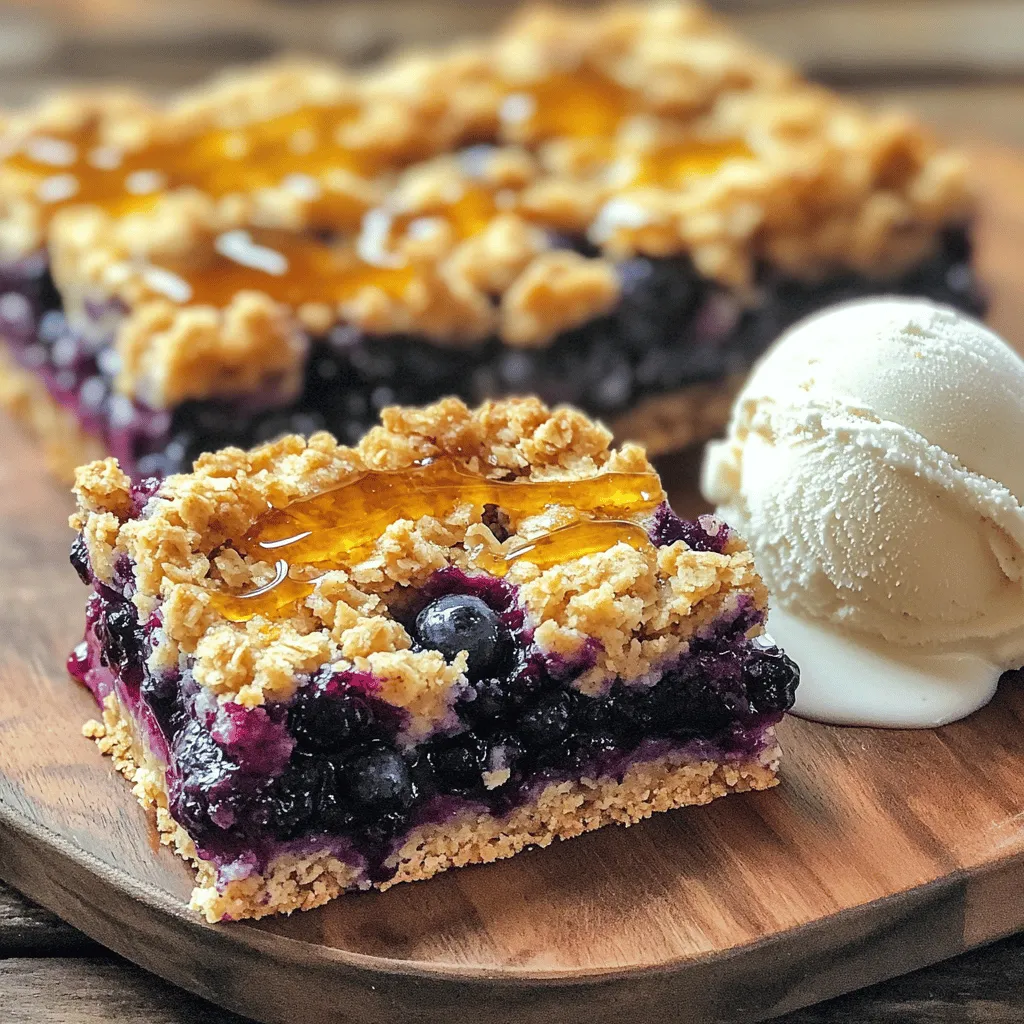 To make the blueberry oatmeal crumble bars, you need these simple ingredients: - 2 cups rolled oats - 1 cup all-purpose flour - 1/2 cup packed brown sugar - 1/4 cup granulated sugar - 1 teaspoon baking powder - 1/2 teaspoon salt - 1/2 cup unsalted butter, melted - 1/4 cup honey or maple syrup - 1 teaspoon vanilla extract - 2 cups fresh or frozen blueberries - 1 tablespoon cornstarch - 1 tablespoon lemon juice Each ingredient plays an important role. The oats give a hearty base. The flour helps bind everything together. Brown sugar adds sweetness and flavor depth. The baking powder makes the bars rise. Salt enhances the overall taste. For the filling, blueberries shine through. They burst with flavor, adding freshness. Cornstarch thickens the juices, while lemon juice brightens the berries. You can find the full recipe later for detailed steps. Using these ingredients, you create a delightful treat with a mix of textures and flavors. Enjoy the process, and feel free to explore substitutions based on your taste! First, preheat your oven to 350°F (175°C). This step is very important. A proper oven temperature helps the bars bake evenly. While the oven heats, prepare an 8x8-inch baking dish. You can grease it lightly with butter or use parchment paper. Lining the dish makes it easier to lift the bars out later. In a large mixing bowl, combine the following dry ingredients: - 2 cups rolled oats - 1 cup all-purpose flour - 1/2 cup packed brown sugar - 1/4 cup granulated sugar - 1 teaspoon baking powder - 1/2 teaspoon salt Mix these well until everything is evenly combined. This mix gives the bars their base flavor. Now, let's add the wet ingredients. Pour in: - 1/2 cup unsalted butter, melted - 1/4 cup honey or maple syrup - 1 teaspoon vanilla extract Use a spatula or your hands to mix everything together. You want a crumbly texture that sticks together when pressed. Set aside 1 cup of this mixture for the crumble topping later. In a separate bowl, take 2 cups of fresh or frozen blueberries. Toss them with: - 1 tablespoon cornstarch - 1 tablespoon lemon juice This step helps the blueberries not to get too runny. Make sure the berries are well coated. Next, press the blueberry-oat mixture firmly into the bottom of your prepared baking dish. This creates a nice base. Now, sprinkle the reserved crumble topping evenly over the blueberries. Bake in the preheated oven for about 25-30 minutes. You will know they are done when the top turns golden brown and the blueberries bubble slightly. To get the best crumble texture, focus on mixing. Combine your dry ingredients first. This will help evenly distribute the sugar and baking powder. When adding wet ingredients, pour in melted butter slowly. Mix gently until the mixture feels crumbly. If it feels too dense, add a bit more melted butter. For a lighter crumble, use less pressure when mixing. You want it to hold together but not be compact. You can easily swap ingredients based on what you have. For sugar, try coconut sugar or maple sugar. These can add a rich flavor. If you want to cut back on butter, use coconut oil or applesauce. Both work well in this recipe. For honey, maple syrup is a great alternative. It adds a unique taste. Feel free to experiment with these options. These bars taste amazing on their own, but you can elevate them. Serve with a scoop of vanilla ice cream for a sweet treat. A dollop of whipped cream also works well. You can sprinkle some nuts on top for extra crunch. For a fresh touch, add a few mint leaves. Drizzling honey or maple syrup on top can give it a nice finish. Enjoy your creation with friends or family! {{image_4}} You can easily change the flavor of your oatmeal base. Adding spices like cinnamon or nutmeg gives a warm taste. Try adding one teaspoon of cinnamon for a cozy feel. Nutmeg adds a hint of spice that contrasts well with the sweetness of blueberries. Mix the spices into the dry ingredients for an even blend. If you want a twist on the classic recipe, use different fruits. Raspberries or peaches work well and add unique flavors. Raspberries give a tart contrast to the sweet crumble. Peaches add a juicy sweetness that pairs nicely with oats. Just ensure you adjust the sugar if using sweeter fruits. You can make these bars vegan by replacing butter with coconut oil or vegan butter. For binding, use flaxseed meal mixed with water instead of eggs. This gives a nice texture and holds everything together. To make it gluten-free, swap all-purpose flour for almond flour or a certified gluten-free blend. These changes keep the bars tasty and suitable for everyone. For the full recipe, visit the link. To keep your Blueberry Oatmeal Crumble Bars fresh, use an airtight container. You can store them at room temperature for up to three days. If you want to keep them longer, the fridge is a good option. Just remember to let them cool before packing. This helps keep the moisture in and the bars tasty. If you want to save some for later, freezing is easy. First, cut the bars into squares. Then, wrap each square in plastic wrap. After that, place the wrapped bars in a freezer bag. Make sure to remove as much air as you can. You can freeze them for up to three months. When you're ready to enjoy them, just thaw in the fridge overnight. To reheat the bars, you can use the microwave or the oven. For the microwave, place one bar on a plate and heat for about 15-20 seconds. This warms it up while keeping it soft. If you prefer the oven, preheat it to 350°F (175°C). Put the bar on a baking sheet and heat for about 10 minutes. This will make the topping crispy again. Enjoy your warm bars! Yes, you can use frozen blueberries in this recipe. They work great! To make the most of their flavor, thaw them first. Drain any extra liquid to avoid a soggy base. Toss them with a bit of cornstarch to help them stay together during baking. This will also keep the bars nice and firm. You can tell if the bars are done by looking for a golden brown top. The blueberries should bubble slightly around the edges. If you insert a toothpick in the center, it should come out mostly clean. This means your yummy bars are ready to cool! If you have leftover bars, don’t worry! You can enjoy them in many ways. Try crumbling them over yogurt for breakfast. You can also serve them with ice cream for a tasty dessert. Another idea is to pack them in lunchboxes for a sweet snack later. These bars can last for about a week at room temperature. If you store them in an airtight container, they stay fresh longer. For maximum shelf life, keep them in the fridge for up to two weeks. You can also freeze them for up to three months for a quick treat. Yes, you can make these bars ahead of time! Bake them the day before you need them. Let them cool completely before slicing. Then, store them in an airtight container. This way, they will be ready to serve when you need a quick dessert. In this post, I shared a simple recipe for blueberry oatmeal crumble bars. You learned about the key ingredients, step-by-step instructions, and helpful tips. I also offered variations to suit your taste and storage methods to keep them fresh. Remember, you can make these bars your own with different flavors and fruits. Enjoy making and sharing this tasty treat!
