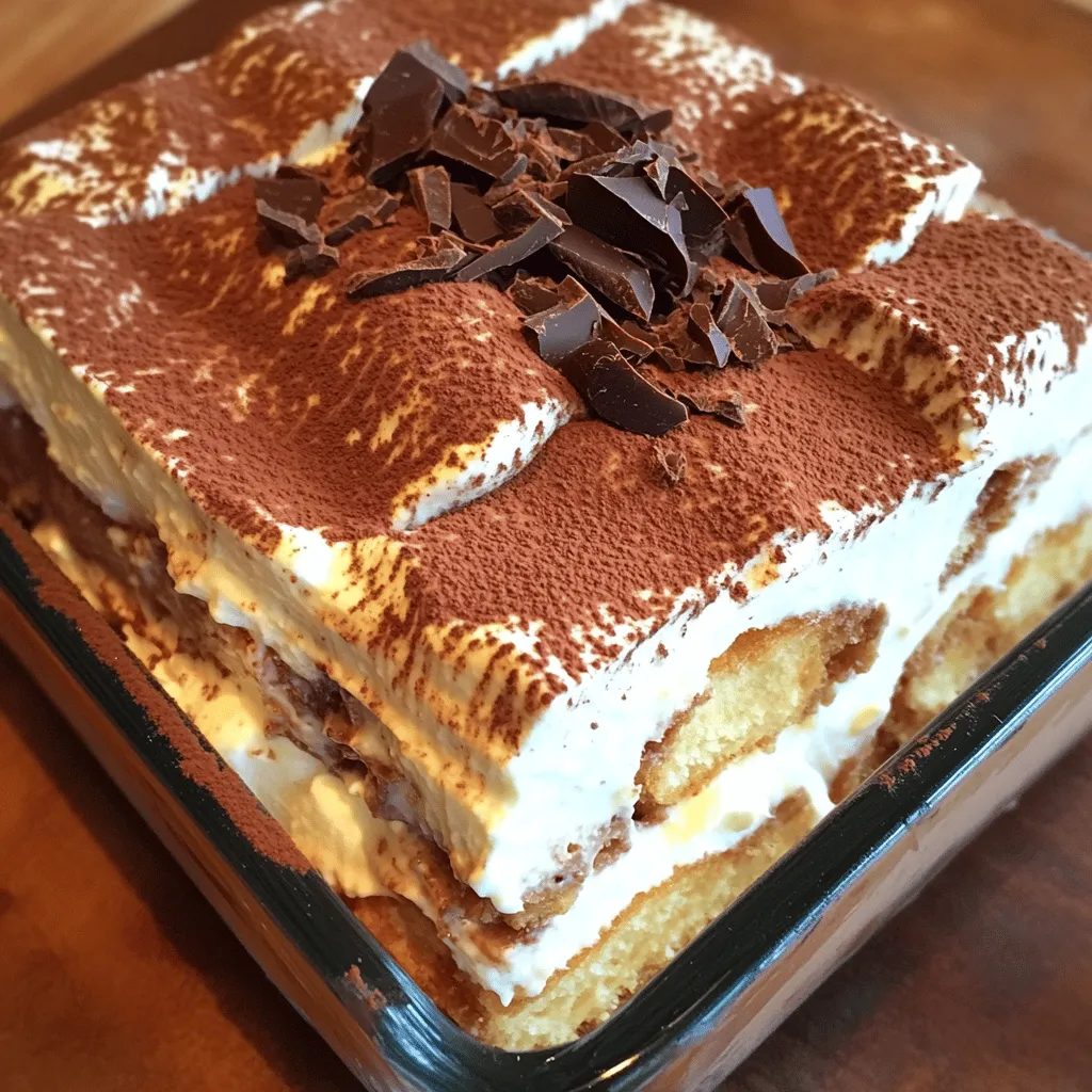To make a classic tiramisu, you need simple and fresh ingredients. Here’s what you’ll need: - 2 cups strong brewed coffee, cooled - 1/2 cup granulated sugar - 3 large eggs, separated - 1 cup mascarpone cheese - 1 teaspoon pure vanilla extract - 24 ladyfinger cookies - 1 tablespoon unsweetened cocoa powder - 1/4 cup dark chocolate shavings (optional) Each ingredient plays a key role in creating the perfect balance of flavors. The strong coffee gives the dessert its signature taste, while the mascarpone cheese adds creaminess. You can customize your tiramisu with dark chocolate shavings if you want extra richness. Always use fresh ingredients for the best results. Enjoy gathering these items before you start making your tiramisu. It’s the first step to a delightful dessert! - First, brew 2 cups of strong coffee and let it cool. - In a bowl, combine the cooled coffee with 1/2 cup of granulated sugar. - Stir until the sugar dissolves fully. - In a separate mixing bowl, beat 3 large egg yolks until they are creamy. - Add 1 cup of mascarpone cheese and 1 teaspoon of pure vanilla extract. - Mix until smooth and well-combined. - In a clean bowl, whip the egg whites until stiff peaks form. - This takes about 3-5 minutes. - Gently fold the whipped egg whites into the mascarpone mixture. - Quickly dip each ladyfinger into the coffee mixture for just 1-2 seconds. - Do not soak them too long or they will become soggy. - Lay half of the dipped ladyfingers in a 9x9 inch dish. - Spread half of the mascarpone mixture over the ladyfingers. - Repeat this process with the remaining ladyfingers and mascarpone. - Cover the dish with plastic wrap or a lid. - Chill the tiramisu for at least 4 hours. - For the best flavor, chill it overnight. Enjoy making your Tiramisu Delight with these easy steps! For the complete recipe, check out the "Dreamy Coffee Tiramisu." Whipped egg whites are key for a fluffy tiramisu. They add air and lightness. When you whip them, look for stiff peaks. This means they hold their shape well. Also, be quick when dipping ladyfingers. Dip them in coffee for just 1-2 seconds. If you soak them too long, they turn soggy. You want a nice balance of soft and firm. For a lovely touch, serve tiramisu in individual glasses. This makes each serving special. You can also cut it into squares for a classic look. To make it pop, add a sprinkle of cocoa powder or a mint leaf on top. These small touches make it look professional and inviting. Want to spice it up? Try adding cinnamon or nutmeg. These spices bring warmth to the dessert. You can also use flavored liqueurs, like coffee or chocolate. This adds depth to the flavors. Just remember to keep the balance; you want to enhance, not overpower. {{image_4}} To make a vegan tiramisu, you can swap some ingredients. Use coconut cream instead of mascarpone. For the eggs, use a mix of ground flaxseed and water. This mix acts like eggs for binding. You can also choose plant-based ladyfingers or make your own. Use almond milk or a plant-based milk for soaking. The taste remains rich and creamy, just like the classic version. If you need a gluten-free option, use gluten-free ladyfingers. Many stores sell gluten-free versions. You can also make your own with gluten-free flour. The rest of the recipe stays the same. The gluten-free ladyfingers soak up the coffee well. Your dessert will still have that lovely flavor and texture. You can add different flavors to your tiramisu. Try adding berries like strawberries or raspberries for a fruity twist. They add a nice tartness. You can also change the coffee blend. Use espresso for a stronger flavor or flavored coffee for something unique. Experiment with spices like cinnamon or nutmeg for added depth. Each variation brings a new taste to this classic dessert. To keep your tiramisu fresh, follow these steps: - Refrigeration guidelines: Store tiramisu in the fridge. Use an airtight container or cover it tightly with plastic wrap. This keeps it moist and flavorful. Tiramisu likes a cool environment. - Freezing tips: If you need to freeze it, cut it into portions first. Wrap each piece in plastic wrap, then place them in a freezer-safe bag. This way, you can enjoy it later without losing taste. How long does homemade tiramisu last? Homemade tiramisu stays fresh in the fridge for about 3 to 4 days. After this time, the flavors may change. If you freeze it, it can last for about 2 to 3 months. Remember to check for any signs of freezer burn. Tiramisu is best served cold. If you want to enjoy it slightly warm, take it out of the fridge. Let it sit at room temperature for about 15 minutes. Avoid using a microwave. It can make the texture mushy. Always aim to keep that light, creamy feel. Follow these tips to maintain the perfect texture. For the complete recipe, check the "Dreamy Coffee Tiramisu" recipe. Tiramisu is a famous Italian dessert. It means "pick me up" in Italian. This dessert has layers of coffee-dipped ladyfingers and a creamy mascarpone mix. It also features cocoa powder on top. Tiramisu first appeared in the 1960s in Italy. It quickly grew in popularity and became a classic worldwide. Its rich flavors and soft textures make it a favorite at many meals. Yes, you can make Tiramisu without raw eggs. Some people worry about using raw eggs in desserts. You can use whipped cream instead. Combine heavy cream with sugar and vanilla. This mix gives a light texture. You can also use store-bought mascarpone cheese. Some recipes use silken tofu for a vegan option. These alternatives keep the dessert tasty and safe. The key to great Tiramisu is high-quality coffee. Strong brewed coffee gives the dessert a rich taste. Use fresh coffee grounds for the best flavor. The quality of the mascarpone cheese also matters. Look for creamy, rich mascarpone for a smooth finish. Sweeten to your liking, but balance is key. Too much sugar can mask the coffee's taste. Tiramisu pairs well with several drinks. Espresso or cappuccino complements the coffee flavors. You can also serve it with dessert wine, like Vin Santo. If you want a light touch, try fresh berries on the side. They add a bit of tartness that balances the rich dessert. Tiramisu can be made kid-friendly. To adapt it, skip the coffee or use a mild coffee blend. You can also replace coffee with hot chocolate or milk. This change keeps the dessert sweet and enjoyable. Just ensure the ingredients are safe for your kids. You can also limit the cocoa powder on top. For the full recipe of this delightful dessert, check out the "Dreamy Coffee Tiramisu." In this article, I shared how to make a delicious tiramisu, highlighting key ingredients and steps. You learned about the coffee mixture, mascarpone creation, and how to assemble and chill your dessert. I included tips for texture, presentation, and flavor variations. Remember, you can adapt this recipe for vegan or gluten-free options too. Tiramisu is versatile and easy to personalize, so have fun with it. Enjoy crafting this classic treat that brings smiles to any gathering!