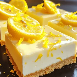 To make Lemon Cheesecake Squares, you need fresh and simple ingredients. Each one adds a special touch to the flavor and texture. Here is what you will need: - 1 ½ cups graham cracker crumbs - ½ cup unsalted butter, melted - 2 tablespoons sugar - 16 oz cream cheese, softened - 1 cup granulated sugar - 3 large eggs - 1 teaspoon vanilla extract - ½ cup fresh lemon juice - Zest of 2 lemons - ½ teaspoon salt These ingredients work together to create a smooth and tangy filling on a buttery crust. The cream cheese gives it a rich, creamy texture. Fresh lemon juice and zest add a bright flavor that makes each bite delightful. The graham cracker crust provides a nice crunch that contrasts with the soft filling. Using high-quality ingredients can make a big difference. For the best taste, always opt for fresh lemons over bottled juice. This small choice elevates the flavor of your cheesecake squares. For the complete recipe and detailed steps, check out the Full Recipe. - Preheat the oven to 325°F (160°C). - Line the baking pan with parchment paper. First, I set the oven to the right temperature. This ensures the cheesecake bakes evenly. While the oven heats, I grab an 8x8 inch baking pan. I line it with parchment paper, letting some paper hang over the edges. This makes it easy to lift the dessert out later. - Mix graham cracker crumbs, melted butter, and sugar. - Press the crumb mixture into the baking pan. Next, I mix graham cracker crumbs, melted butter, and sugar in a medium bowl. I stir until the crumbs look moist. Then, I press this mixture firmly into the bottom of my lined pan. This creates a solid crust. I bake it in the oven for about 10 minutes until it’s lightly golden. After that, I let it cool down. - Beat cream cheese and granulated sugar until smooth. - Incorporate eggs one at a time. - Add vanilla extract, lemon juice, zest, and salt. Now, I focus on the filling. In a large bowl, I beat together softened cream cheese and granulated sugar. I mix until it’s creamy and smooth. Then, I add the eggs one at a time, mixing gently each time. It’s key not to overmix at this stage. After that, I stir in vanilla extract, lemon juice, lemon zest, and salt. This adds bright flavor to the filling! - Pour the filling over the crust. - Bake in the oven for 25-30 minutes. I carefully pour the cheesecake filling over the cooled crust. I spread it evenly with a spatula. Then, I put the pan back in the oven. I bake it for 25-30 minutes. The edges should be firm, but the center can still jiggle a bit. - Cool in the oven after baking. - Chill in the refrigerator for at least 4 hours. Once it’s done baking, I turn off the oven and leave the cheesecake squares inside for 10 more minutes. This helps the center to set gently. Next, I take it out and let it cool at room temperature. I then refrigerate it for at least 4 hours, or even overnight. This waiting time is crucial for the best taste and texture. - Lift out of the pan using parchment paper. - Slice into squares for serving. Finally, I use the parchment paper to lift the cheesecake out of the pan. I place it on a cutting board. I slice it into squares with a sharp knife. If I want to add a special touch, I can sprinkle some lemon zest or add fresh berries on top. For the full recipe, check out the Lemon Zing Cheesecake Squares. - Avoid overmixing the filling: Mix just until smooth. Overmixing adds too much air, causing cracks. - Ensure even baking with a water bath: A water bath helps keep the cheesecake moist and prevents cracks. - Garnish with lemon zest or fresh berries: This adds bright color and fresh flavor. - Drizzle with lemon glaze or berry coulis: A sweet drizzle enhances the look and taste. - Using cold cream cheese: Always use soft cream cheese for a smooth filling. Cold cheese causes lumps. - Not chilling the cheesecake long enough: Patience is key! Chill for at least 4 hours to set properly. For more detailed steps, check out the Full Recipe. Enjoy making your lemon cheesecake squares! {{image_4}} You can add fun twists to your lemon cheesecake squares. Try adding lime or orange zest for a new taste. This will brighten the flavor and make it pop. You can also mix in chocolate or vanilla for a rich twist. Each option brings a unique taste to your dessert. If you need gluten-free options, use almond flour or gluten-free cookies for the crust. These choices keep the flavor while meeting dietary needs. For those looking for vegan alternatives, swap cream cheese with plant-based cream cheese. This keeps your cheesecake creamy without dairy. Change the flavors with the seasons. In winter, add spices like cinnamon or nutmeg for a cozy feel. For summer, top your squares with fresh fruits like strawberries or blueberries. These toppings add color and fresh taste to your dessert. You can even create festive variations for holidays, using themed decorations or flavors. For more details on making these delightful variations, check out the Full Recipe. To keep your lemon cheesecake squares fresh, use an airtight container. This will help avoid any unwanted odors or moisture. Place the squares in a single layer, if possible. If stacking, add parchment paper between layers. Store them in the refrigerator for the best taste. They stay tasty this way for about five days. You can freeze lemon cheesecake squares for longer storage. First, let them cool completely. Then, wrap each square in plastic wrap tightly. Place wrapped squares in a freezer-safe bag. Seal and label the bag with the date. For best results, eat them within two months. To thaw, move them to the fridge overnight. This helps maintain their creamy texture. Lemon cheesecake squares last about five days in the fridge. Look for any signs of spoilage. Check for an off smell or any mold. If they feel dry or hard, it’s best to toss them. Fresh is always best for that delightful taste! Look for a few key signs to know if your cheesecake squares are ready. The edges should feel firm, while the center should be slightly jiggly. You can also check for a light golden color on the top. If it cracks a bit, that’s okay! This often happens and won't affect the taste. Yes, you can make these cheesecake squares ahead of time. I suggest preparing them at least a day before serving. This allows the flavors to meld and improves the texture. Chill them in the fridge for at least four hours, or overnight for the best results. If you need a substitute for cream cheese, try using Greek yogurt or silken tofu. Both options can create a creamy texture. For a vegan choice, look for plant-based cream cheese. Ensure it has a similar consistency for the best results. You can use bottled lemon juice, but fresh is best. Fresh lemon juice gives a brighter, more vibrant flavor. Bottled juice often lacks the same zing. If you use bottled juice, make sure it is 100% lemon juice for the best taste. This blog post detailed how to make delicious cheesecake squares. You learned about the ingredients, step-by-step instructions, tips for perfection, variations, and storage. Remember to keep your cream cheese at room temperature for the best results. Feel free to experiment with flavors and toppings to make them your own. With these easy steps, you can impress your family and friends. Enjoy your creamy, tangy cheesecake squares, and happy baking!