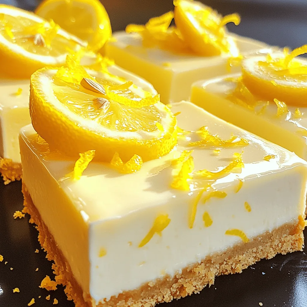 To make Lemon Cheesecake Squares, you need fresh and simple ingredients. Each one adds a special touch to the flavor and texture. Here is what you will need: - 1 ½ cups graham cracker crumbs - ½ cup unsalted butter, melted - 2 tablespoons sugar - 16 oz cream cheese, softened - 1 cup granulated sugar - 3 large eggs - 1 teaspoon vanilla extract - ½ cup fresh lemon juice - Zest of 2 lemons - ½ teaspoon salt These ingredients work together to create a smooth and tangy filling on a buttery crust. The cream cheese gives it a rich, creamy texture. Fresh lemon juice and zest add a bright flavor that makes each bite delightful. The graham cracker crust provides a nice crunch that contrasts with the soft filling. Using high-quality ingredients can make a big difference. For the best taste, always opt for fresh lemons over bottled juice. This small choice elevates the flavor of your cheesecake squares. For the complete recipe and detailed steps, check out the Full Recipe. - Preheat the oven to 325°F (160°C). - Line the baking pan with parchment paper. First, I set the oven to the right temperature. This ensures the cheesecake bakes evenly. While the oven heats, I grab an 8x8 inch baking pan. I line it with parchment paper, letting some paper hang over the edges. This makes it easy to lift the dessert out later. - Mix graham cracker crumbs, melted butter, and sugar. - Press the crumb mixture into the baking pan. Next, I mix graham cracker crumbs, melted butter, and sugar in a medium bowl. I stir until the crumbs look moist. Then, I press this mixture firmly into the bottom of my lined pan. This creates a solid crust. I bake it in the oven for about 10 minutes until it’s lightly golden. After that, I let it cool down. - Beat cream cheese and granulated sugar until smooth. - Incorporate eggs one at a time. - Add vanilla extract, lemon juice, zest, and salt. Now, I focus on the filling. In a large bowl, I beat together softened cream cheese and granulated sugar. I mix until it’s creamy and smooth. Then, I add the eggs one at a time, mixing gently each time. It’s key not to overmix at this stage. After that, I stir in vanilla extract, lemon juice, lemon zest, and salt. This adds bright flavor to the filling! - Pour the filling over the crust. - Bake in the oven for 25-30 minutes. I carefully pour the cheesecake filling over the cooled crust. I spread it evenly with a spatula. Then, I put the pan back in the oven. I bake it for 25-30 minutes. The edges should be firm, but the center can still jiggle a bit. - Cool in the oven after baking. - Chill in the refrigerator for at least 4 hours. Once it’s done baking, I turn off the oven and leave the cheesecake squares inside for 10 more minutes. This helps the center to set gently. Next, I take it out and let it cool at room temperature. I then refrigerate it for at least 4 hours, or even overnight. This waiting time is crucial for the best taste and texture. - Lift out of the pan using parchment paper. - Slice into squares for serving. Finally, I use the parchment paper to lift the cheesecake out of the pan. I place it on a cutting board. I slice it into squares with a sharp knife. If I want to add a special touch, I can sprinkle some lemon zest or add fresh berries on top. For the full recipe, check out the Lemon Zing Cheesecake Squares. - Avoid overmixing the filling: Mix just until smooth. Overmixing adds too much air, causing cracks. - Ensure even baking with a water bath: A water bath helps keep the cheesecake moist and prevents cracks. - Garnish with lemon zest or fresh berries: This adds bright color and fresh flavor. - Drizzle with lemon glaze or berry coulis: A sweet drizzle enhances the look and taste. - Using cold cream cheese: Always use soft cream cheese for a smooth filling. Cold cheese causes lumps. - Not chilling the cheesecake long enough: Patience is key! Chill for at least 4 hours to set properly. For more detailed steps, check out the Full Recipe. Enjoy making your lemon cheesecake squares! {{image_4}} You can add fun twists to your lemon cheesecake squares. Try adding lime or orange zest for a new taste. This will brighten the flavor and make it pop. You can also mix in chocolate or vanilla for a rich twist. Each option brings a unique taste to your dessert. If you need gluten-free options, use almond flour or gluten-free cookies for the crust. These choices keep the flavor while meeting dietary needs. For those looking for vegan alternatives, swap cream cheese with plant-based cream cheese. This keeps your cheesecake creamy without dairy. Change the flavors with the seasons. In winter, add spices like cinnamon or nutmeg for a cozy feel. For summer, top your squares with fresh fruits like strawberries or blueberries. These toppings add color and fresh taste to your dessert. You can even create festive variations for holidays, using themed decorations or flavors. For more details on making these delightful variations, check out the Full Recipe. To keep your lemon cheesecake squares fresh, use an airtight container. This will help avoid any unwanted odors or moisture. Place the squares in a single layer, if possible. If stacking, add parchment paper between layers. Store them in the refrigerator for the best taste. They stay tasty this way for about five days. You can freeze lemon cheesecake squares for longer storage. First, let them cool completely. Then, wrap each square in plastic wrap tightly. Place wrapped squares in a freezer-safe bag. Seal and label the bag with the date. For best results, eat them within two months. To thaw, move them to the fridge overnight. This helps maintain their creamy texture. Lemon cheesecake squares last about five days in the fridge. Look for any signs of spoilage. Check for an off smell or any mold. If they feel dry or hard, it’s best to toss them. Fresh is always best for that delightful taste! Look for a few key signs to know if your cheesecake squares are ready. The edges should feel firm, while the center should be slightly jiggly. You can also check for a light golden color on the top. If it cracks a bit, that’s okay! This often happens and won't affect the taste. Yes, you can make these cheesecake squares ahead of time. I suggest preparing them at least a day before serving. This allows the flavors to meld and improves the texture. Chill them in the fridge for at least four hours, or overnight for the best results. If you need a substitute for cream cheese, try using Greek yogurt or silken tofu. Both options can create a creamy texture. For a vegan choice, look for plant-based cream cheese. Ensure it has a similar consistency for the best results. You can use bottled lemon juice, but fresh is best. Fresh lemon juice gives a brighter, more vibrant flavor. Bottled juice often lacks the same zing. If you use bottled juice, make sure it is 100% lemon juice for the best taste. This blog post detailed how to make delicious cheesecake squares. You learned about the ingredients, step-by-step instructions, tips for perfection, variations, and storage. Remember to keep your cream cheese at room temperature for the best results. Feel free to experiment with flavors and toppings to make them your own. With these easy steps, you can impress your family and friends. Enjoy your creamy, tangy cheesecake squares, and happy baking!