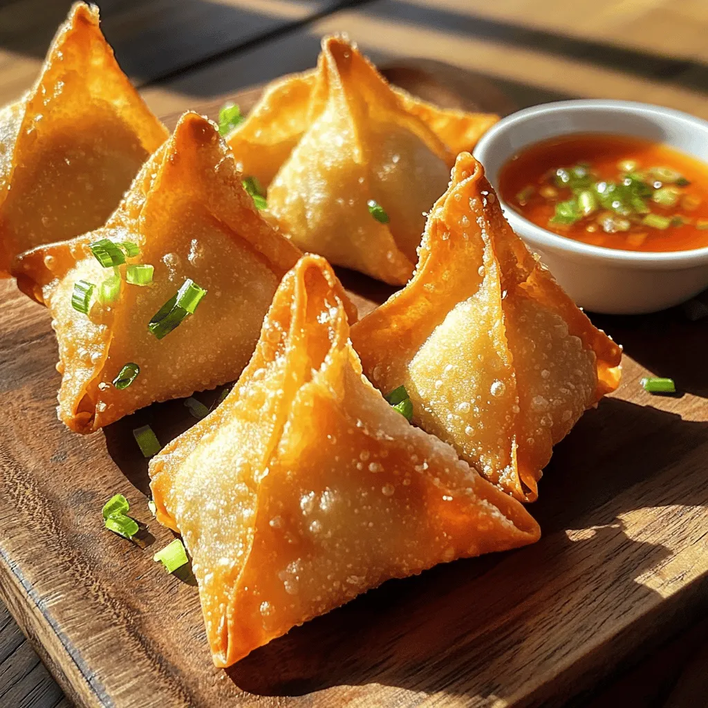 - 8 oz cream cheese, at room temperature - 6 oz lump crab meat, thoroughly drained and gently shredded - 2 green onions, finely chopped (both white and green parts) - 1 teaspoon garlic powder - 1 teaspoon Worcestershire sauce - Salt and pepper, to taste - 20 wonton wrappers - Vegetable oil, for frying - Sweet and sour sauce, for serving To make perfect crab rangoon, you need exact amounts of each ingredient. Here’s what you’ll need: - Cream cheese: Use 8 ounces. This gives richness to the filling. - Lump crab meat: Use 6 ounces. Drain it well, then shred it gently. - Green onions: Use 2, chopping both the white and green parts finely. They add a nice crunch. - Garlic powder: Just 1 teaspoon gives it a flavorful kick. - Worcestershire sauce: 1 teaspoon adds depth to the taste. - Salt and pepper: Add these to taste. Start with a pinch and mix. - Wonton wrappers: You’ll need 20 of these. They hold your filling. - Vegetable oil: This is for frying. You’ll need enough to cover the rangoons. - Sweet and sour sauce: Use this for dipping. It complements the crab rangoon well. For prep, chop the green onions finely. Mix all the filling ingredients in a bowl. Use a fork to mash the cream cheese. This makes it smooth and easy to blend. Once mixed, set the filling aside until you are ready to wrap. To make the filling, start with a medium bowl. Mix 8 oz of cream cheese, 6 oz of lump crab meat, and 2 chopped green onions. Add 1 teaspoon of garlic powder and 1 teaspoon of Worcestershire sauce. Season with salt and pepper to taste. Mix until creamy and smooth. This filling is the heart of your crab rangoon. Once mixed, set it aside for now. Grab a wonton wrapper and lay it flat on a clean surface. Spoon about one tablespoon of the crab mixture into the center of the wrapper. To seal it, wet the edges with a little water using your fingertip. Fold the wrapper over the filling to form a triangle. Make sure the edges meet neatly. Press down firmly to seal, removing any air. If you want a fancy look, fold the two top corners together and pinch them tightly. Repeat this until all wrappers are filled and sealed. Place the finished rangoons on a plate without stacking them. Now it’s time to fry! In a deep frying pan, pour enough vegetable oil to reach about 2 inches deep. Heat the oil over medium heat until it reaches 350°F (175°C). To test if the oil is ready, drop in a small piece of wonton. It should bubble and sizzle. Carefully add a few crab rangoons to the hot oil, but don’t crowd the pan. Fry them for about 3-4 minutes, flipping occasionally. You want them to turn golden brown and crispy. When they look perfect, use a slotted spoon to take them out. Place them on a paper towel-lined plate to soak up extra oil. Enjoy your crispy crab rangoons hot with sweet and sour sauce! To make the best crab rangoon, focus on the texture and flavor. The filling should be creamy but not runny. Use fresh cream cheese and carefully drain the crab meat. This step keeps your filling from being too watery. Avoid common mistakes like overfilling the wonton wrappers. Use about one tablespoon of filling per wrapper. If you overstuff, they may burst while frying. Seal them well by pinching the edges, ensuring no air pockets are inside. This helps keep the filling intact. Frying can be fun, but safety is key. Always use a deep pot or a heavy skillet for frying. This helps prevent spills. Fill the pot with enough vegetable oil, but do not overfill. Leave some space at the top to avoid splashing. Heat the oil slowly until it reaches about 350°F (175°C). You can test the oil by dropping a small piece of wonton wrapper in. If it bubbles, you’re ready to fry! Always keep a close eye on the oil. Never leave it unattended, as it can catch fire. When frying, add only a few rangoons at a time. This helps keep the oil hot and ensures even cooking. Use a slotted spoon to remove them, letting excess oil drip off. Enjoy your homemade crab rangoon with sweet and sour sauce for a perfect treat! For the detailed recipe, check the Full Recipe. {{image_4}} For those who need gluten-free options, you can use rice paper or gluten-free wonton wrappers. They work well and still give you that crispy bite. If you're aiming for a healthier choice, consider baking instead of frying. Brush the rangoons with a little oil and bake at 375°F until golden brown. If you want to make a vegetarian or vegan version, skip the crab meat. Instead, use a mix of sautéed mushrooms and diced bell peppers for a savory filling. You can blend in some nutritional yeast for that cheesy flavor without dairy. To elevate your crab rangoon, experiment with different seasonings. Adding a hint of Old Bay seasoning brings a nice seafood flavor that pairs well with crab. You can also mix in some sriracha for a spicy kick. For dipping sauces, sweet and sour sauce is a classic choice. But why not try a tangy soy sauce with a splash of lime juice? You could also whip up a creamy garlic aioli for a rich contrast to the crispy rangoons. These simple tweaks can transform your crab rangoon into a dish that suits your taste perfectly. You can find the full recipe for the crispy homemade crab rangoon and explore other variations too! To keep your cooked crab rangoons fresh, place them in an airtight container. You should refrigerate them within two hours of cooking. This helps prevent spoilage and keeps them tasty. They can last in the fridge for about 3 to 4 days. If you store them properly, they will remain flavorful. When reheating, you want to keep that crispy texture. The best way to do this is by using an oven or air fryer. Preheat your oven to 375°F (190°C). Place the rangoons on a baking sheet, and heat them for about 10-15 minutes. If using an air fryer, set it to 350°F (175°C) for around 5-7 minutes. For future meals, you can freeze the un-cooked rangoons. Place them on a baking sheet and freeze until solid. Once frozen, transfer them to a freezer bag. They can stay fresh in the freezer for about 2 months. When ready to cook, fry them straight from the freezer. Just add a couple of extra minutes to the cooking time. Enjoy that crispy homemade crab rangoon! To seal wonton wrappers well, you need to moisten the edges with water. Use your fingertip to lightly wet the edges. This helps the wrapper stick together. After adding filling, fold the wrapper over. Press firmly to seal and remove any air pockets. You can also fold the corners over for a pretty purse shape. Yes, you can bake your Crab Rangoon for a healthier option. Preheat your oven to 375°F (190°C). Lay the filled wontons on a baking sheet lined with parchment paper. Lightly brush them with oil to help with browning. Bake for about 15-20 minutes or until they turn golden brown. Keep an eye on them to avoid burning. To test if your oil is hot, drop a small piece of wonton wrapper into it. If it bubbles and sizzles, you are ready to fry. The oil should be around 350°F (175°C). Using a thermometer can help you get the right temperature. Frying at the correct heat ensures crispy rangoons. Yes, imitation crab meat can work in your Crab Rangoon. It has a different flavor and texture than lump crab meat. While it's less sweet, it still adds a nice taste. If you prefer, you can mix it with some real crab for more depth. Just make sure to drain it well before using. Making Crab Rangoon at home is fun and rewarding. You learned how to mix ingredients for the creamy filling, properly fold wonton wrappers, and fry them to a perfect golden brown. We discussed useful tips to avoid mistakes and how to make adaptations for different diets. Remember to store leftovers well and reheat carefully to keep that crispiness. With these steps and tricks, you can impress your friends and enjoy delicious Crab Rangoon anytime. Dive into your kitchen and get started. Happy cooking!