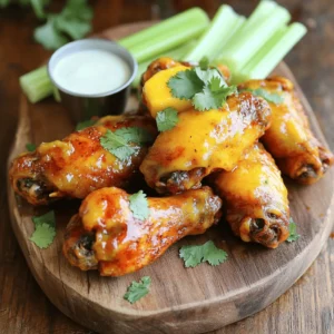 - 2 pounds chicken wings - 1 cup buffalo sauce - 1 ripe mango, peeled and diced - 2 tablespoons honey - 1 tablespoon soy sauce - 1 tablespoon apple cider vinegar - 1 teaspoon garlic powder - 1 teaspoon onion powder - Salt and pepper to taste - Fresh cilantro leaves for garnish - Celery sticks (for serving) - Ranch or blue cheese dressing (for dipping) I love using fresh ingredients in my recipes. When I make Buffalo chicken wings, I start with good-quality chicken wings. Their flavor shines through when cooked right. I always pick ripe mangoes for the marinade; they add a sweet twist. The buffalo sauce gives that classic heat, while honey balances it out nicely. Soy sauce and apple cider vinegar make the marinade deep and rich. Garlic and onion powder add a nice punch. Don't forget salt and pepper; they bring out all the flavors. For garnishing, I use fresh cilantro. It adds color and freshness. Celery sticks are a must for serving. They cool down the heat. A small bowl of ranch or blue cheese dressing pairs well for dipping. Each ingredient plays a role in making these wings crispy and flavorful. You can find the full recipe to make these wings at home. 1. Preheat your oven to 400°F (200°C). Line a baking sheet with foil for easy cleanup. Place a wire rack on top for crispiness. 2. In a bowl, mix the diced mango, honey, soy sauce, apple cider vinegar, garlic powder, and onion powder. Stir until well combined; this is your marinade. 3. Pat the chicken wings dry with paper towels. This helps them get crispy. Season the wings with salt and pepper to make them tasty. 4. Place the wings in a large bowl. Pour half of the mango marinade over them. Toss the wings gently to coat them well. Let them marinate for 15-20 minutes. 1. After marinating, arrange the wings in a single layer on the wire rack. Bake for 40-45 minutes. Flip the wings halfway through for even cooking. 2. While the wings bake, heat the remaining buffalo sauce in a small pot over medium-low heat. Add the rest of the mango marinade. Stir it well and let it simmer for 5 minutes. 1. When the wings are golden and crispy, take them out of the oven. Transfer them to a large bowl. Drizzle the warmed mango buffalo sauce over the wings. Toss them to coat each wing well. 2. Serve the wings right away, garnished with fresh cilantro leaves. Add celery sticks and a small bowl of ranch or blue cheese dressing for dipping. For the complete recipe, check the Full Recipe section. Enjoy your flavorful and crispy Buffalo chicken wings! To get crispy wings, you must dry them well. Pat the wings with paper towels to remove moisture. This is key for the best texture. Next, set your oven to 400°F (200°C). This heat crisps the skin perfectly. Bake the wings for 40 to 45 minutes. Flip them halfway through for even cooking. Marinating wings boosts their taste. Use the mango marinade for at least 15-20 minutes. This lets the flavors soak in. For extra depth, try adding spices like smoked paprika or cayenne pepper. These will add a nice kick to your wings. Experiment with flavors to find your favorites. Serve wings on a large platter for a fun look. You can arrange the wings in a circular pattern. This makes them easy to grab. Sprinkle fresh cilantro on top for color and freshness. Place celery sticks in a cup of ranch or blue cheese dressing. This adds a nice touch and makes dipping easy. Don't forget to check out the Full Recipe for more details! {{image_4}} You can change the taste of your Buffalo chicken wings easily. Try a honey garlic sauce for a sweet twist. For a unique flavor, mix sriracha with traditional buffalo sauce. You can also add a splash of lime for brightness. If you like flavors that pop, consider using BBQ sauce. This gives a smokier taste. Remember, you can always adjust the heat. Use mild buffalo sauce for a less spicy option or go wild with extra hot sauce for a fiery kick. You have several ways to cook wings. Air frying is a great choice for crispiness. With an air fryer, you cut down on oil and still get a great crunch. Baking is another simple method. It cooks wings evenly, and you can make a large batch. If you want a smoky flavor, grilling is perfect. Toss the wings on a hot grill for a charred taste. The smoky aroma adds a nice touch to your wings. You can enjoy Buffalo wings, even if you have dietary needs. For gluten-free wings, use certified gluten-free sauces and read labels carefully. You can also make vegan wings. Instead of chicken, try using cauliflower or tempeh. Coat them in the same tasty sauce. Bake or air fry for a crispy finish. These options make it easy to enjoy Buffalo chicken wings, no matter your diet. For the complete recipe, check out the Full Recipe. To keep your buffalo chicken wings fresh, store them in the fridge. Place them in an airtight container. This helps lock in moisture and flavor. Eat your leftovers within three days for the best taste. If you have more wings than you can eat, freezing is a great option. To freeze buffalo chicken wings, let them cool first. Then, wrap them tightly in plastic wrap. After that, put them in a freezer bag. Label it with the date. They can last up to three months in the freezer. When you're ready to enjoy them again, simply thaw them in the fridge overnight. To reheat your buffalo chicken wings, use the oven for the best results. Preheat your oven to 350°F (175°C). Place the wings on a baking sheet lined with foil. Bake for about 10-15 minutes or until heated through. This method helps keep them crispy. If you're short on time, you can use the microwave. But keep in mind, they may not be as crispy. To maintain some crunch, place a paper towel under the wings. This absorbs excess moisture. Enjoy your wings warm and delicious! Buffalo wings started in Buffalo, New York, in 1964. The dish was created at the Anchor Bar. Teressa Bellissimo invented it as a late-night snack. She used leftover chicken wings, fried them, and tossed them in sauce. The dish quickly became popular and spread across the country. Now, Buffalo wings are a favorite at parties and sports events. To make your Buffalo wings spicier, add more hot sauce to the mix. You can also use sauces like sriracha or cayenne pepper. If you like it hot, try mixing in some diced jalapeños or habaneros. Another tip is to use a spicy marinade. This way, your wings will have a kick right from the start. Yes, you can use frozen chicken wings! Just remember to defrost them first. You can do this by leaving them in the fridge overnight or using cold water. If you’re in a hurry, you can cook them straight from the freezer. Just add some extra time to bake them. They may take about 10 minutes longer. Some popular sides to serve with Buffalo wings include celery sticks and carrot sticks. These crunchy veggies help cool the heat. You can also offer ranch or blue cheese dressing for dipping. Other tasty sides are onion rings, fries, or a fresh salad. They all pair well with the wings. To adjust the recipe for more people, simply scale up the ingredients. For example, if you want to serve eight, use four pounds of chicken wings. You can double the sauce and marinade too. Just keep the cooking time the same. The wings need to be crispy, so check them as they cook. Use the same baking method for great results. You can find the Full Recipe for detailed steps and tips. Buffalo chicken wings are a tasty treat. In this post, I shared ingredients, preparation steps, and cooking tips. You learned how to make crispy wings and enhance their flavor. I also explored variations, storage, and reheating methods. With these tips, you can customize your wings to match any occasion. Enjoy the crispy, spicy goodness whether sharing with friends or savoring solo. Now, get cooking and elevate your wing game!