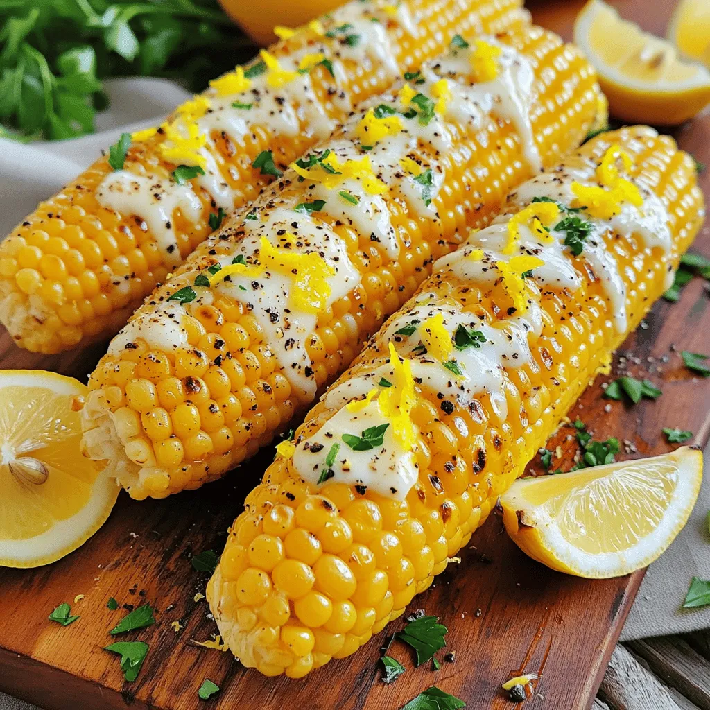 - 4 ears of fresh corn, husked - 3 tablespoons unsalted butter, melted - Zest and juice of 1 lemon - 1 teaspoon freshly ground black pepper - 1 teaspoon garlic powder - Salt, to taste - Fresh parsley, finely chopped When making lemon pepper corn on the cob, gather fresh ingredients. Start with four ears of corn. Make sure they are husked well. The sweet taste of fresh corn shines through in this dish. Next, use three tablespoons of unsalted butter. Melt it slowly to keep the flavor rich and creamy. The star of this recipe is the zest and juice of one lemon. The zest adds a nice punch, while the juice brings a bright, tangy flavor. Together, they create a perfect pairing with the corn. For seasoning, I use one teaspoon of freshly ground black pepper. It adds warmth without overpowering the dish. One teaspoon of garlic powder complements the butter and lemon well. Lastly, add salt to enhance all the flavors. To finish, I recommend fresh parsley. Chop it finely and sprinkle it on top. This adds a lovely color and fresh taste to the corn. Gather all these ingredients, and you're ready to create a flavorful dish! For the Full Recipe, check out the cooking instructions that follow. - Preheat the grill to medium heat (350°F or 175°C). - Husk and rinse the corn, patting it dry. Start by getting your grill nice and hot. This helps cook the corn evenly. Husk the corn, removing all the silk. Rinse each ear under cool water to clean it. Then, pat the corn dry with a clean towel. - Combine melted butter with lemon zest, lemon juice, black pepper, garlic powder, and salt. In a bowl, mix melted butter with lemon zest and juice. Add black pepper, garlic powder, and salt. Whisk it all together until smooth. This lemon butter will give your corn a bright flavor. - Coat the corn with the lemon butter mixture and wrap in aluminum foil. - Grill for 15 to 20 minutes, turning occasionally. Use a brush or spoon to coat each ear of corn in the lemon butter. Make sure to cover all sides. Then, wrap each ear in aluminum foil. This keeps the corn moist while it cooks. Place the foil-wrapped corn on the grill. Grill for about 15 to 20 minutes. Turn the corn every few minutes to ensure even cooking. When it’s tender, it’s ready! After grilling, unwrap the corn carefully. Watch out for the steam! Brush any leftover lemon butter on the corn for extra flavor. Enjoy your bold and zesty Lemon Pepper Corn on the Cob! - Ensure the corn is evenly coated for maximum flavor. - Use fresh ingredients for the best taste. When you coat the corn, use a brush. This way, every side gets that tasty lemon butter. Fresh corn tastes sweeter, so pick the best ears you can find. - Be cautious of steam when unwrapping the foil. After grilling, let the corn cool for a minute. When you unwrap it, watch out for the hot steam! It can surprise you. - Serve with additional lemon wedges for an extra zing. For a colorful plate, add lemon wedges on the side. This gives each bite a fresh twist. You can also sprinkle extra parsley for a pop of green. Enjoy your bold flavors! {{image_4}} You can make your lemon pepper corn even better. Here are some ideas: - Add cheese: A sprinkle of Parmesan or feta gives a nice twist. It adds creaminess and a salty kick. - Use herbs: Incorporate fresh thyme or cilantro for extra flavor. These herbs bring a fresh taste that pairs well with lemon. You can change how you cook corn for new flavors. - Roasting in the oven: This method gives the corn a sweet, caramelized taste. Just wrap it in foil with the lemon butter and roast at 400°F (200°C) for about 30 minutes. - Stovetop grill pan: If you can’t grill outside, a grill pan works great indoors. Heat it over medium-high heat and cook the corn for about 10 minutes, turning often. These variations let you enjoy lemon pepper corn in many fun ways! Store any leftovers in an airtight container for up to 3 days. This keeps the corn fresh and tasty. When you are ready to eat it again, the corn will still have good flavor. Just remember, the sooner you eat it, the better it will taste. Reheat on the grill or in the oven for best flavor retention. This method brings back that grilled taste. If you use a microwave, the corn may lose its nice texture. Grilling or baking will keep it juicy and warm. Consider freezing ungrilled corn wrapped in the lemon butter mixture for later use. This method helps preserve the flavor. When you are ready to cook it, just thaw and grill as per the Full Recipe. You can enjoy that vibrant lemon taste anytime! Yes, you can use frozen corn; just adjust the cooking time accordingly. Frozen corn cooks faster than fresh corn. Keep an eye on it while grilling. You want it tender but not mushy. Experiment with cayenne pepper, paprika, or smoked salt for different flavor profiles. Each spice adds its own twist. Cayenne gives heat, while paprika offers a sweet smokiness. Smoked salt adds a rich depth. It’s best eaten fresh, but can be stored for up to 3 days in the refrigerator. Make sure to keep it in an airtight container. This keeps it from drying out and losing flavor. Yes, you can find the Full Recipe for Lemon Pepper Corn on the Cob in various cooking blogs and recipe apps. This makes it easy to follow along and create this tasty dish at home. Lemon pepper corn on the cob is fresh, flavorful, and easy to make. This recipe uses simple ingredients like butter, lemon, and spices. You can grill, roast, or even adapt it to your taste. With these tips and variations, you can enjoy this dish any way you like. Remember to store leftovers properly, and they’ll stay tasty for a few days. Try adding your favorite herbs or cheese for extra flavor. Enjoy this fun dish and make mealtime special!