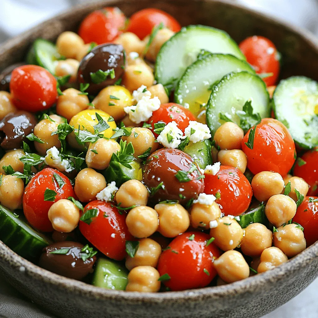 To make a Mediterranean Chickpea Salad, you need the following: - 1 can (15 oz) chickpeas, drained and rinsed thoroughly - 1 cup cherry tomatoes, halved - 1 medium cucumber, diced - 1/2 medium red onion, finely chopped - 1/2 cup kalamata olives, pitted and sliced - 1/4 cup fresh parsley, finely chopped - 1/4 cup feta cheese, crumbled (optional) - 3 tablespoons extra virgin olive oil - 2 tablespoons fresh lemon juice - 1 teaspoon dried oregano - Salt and pepper to taste You can add these for extra flavor and texture: - Avocado for creaminess - Bell peppers for crunch - Fresh mint for a refreshing twist - Chickpea pasta for added heartiness This salad is not just tasty; it is also good for you. Here are some highlights: - Chickpeas provide protein and fiber. - Olive oil offers healthy fats. - Vegetables add vitamins and minerals. - Feta cheese gives calcium and flavor. Each serving has a balance of carbs, protein, and fats, making it a healthy choice for a meal. For more details, check the Full Recipe. Enjoy the fresh and vibrant flavors of this dish! Start with a clean workspace. Gather all your ingredients. You need a large mixing bowl for this. Open one can of chickpeas and drain it well. Rinse the chickpeas under cold water to remove extra salt. Next, cut the cherry tomatoes in half. Dice the cucumber into small pieces. Chop the red onion finely. Slice the kalamata olives and chop the parsley. If you like, you can crumble the feta cheese now. In your large bowl, add the chickpeas, cherry tomatoes, cucumber, red onion, olives, and parsley. Stir gently to mix them all together. If you used feta cheese, sprinkle it on top. This adds a creamy touch to your salad. Make sure everything is well combined. For the dressing, take a small bowl. Whisk together the extra virgin olive oil, fresh lemon juice, oregano, salt, and pepper. Mix until all the ingredients blend well. Drizzle this dressing over your salad. Toss everything together gently. You want every bite to be full of flavor. Let the salad sit for about 15 minutes. This helps the flavors mix better. Serve it chilled or at room temperature. Enjoy the fresh taste of your Mediterranean Chickpea Salad! You can find the full recipe [here]. You can serve this salad on its own or with pita bread. It pairs well with grilled chicken or fish. For a light meal, enjoy it with a glass of chilled white wine. You can also add it to a wrap for a tasty lunch. To enhance the flavors, let the salad rest. This allows the dressing to soak in. Use fresh ingredients when possible. Fresh herbs, like parsley, make a big difference. A sprinkle of lemon zest adds brightness. For extra depth, try marinating the chickpeas in lemon juice before mixing. One mistake is not rinsing the chickpeas. This can make the salad too salty. Another mistake is adding the dressing too soon. This can lead to a soggy salad. Don't skip the resting time—it helps the flavors blend. Lastly, be careful with salt; taste first before adding more. {{image_4}} You can easily change ingredients in the Mediterranean chickpea salad. If you don’t have chickpeas, use black beans or kidney beans. For tomatoes, try diced bell peppers for a sweet crunch. Instead of cucumber, use zucchini for a different texture. If you want a nutty taste, add diced avocado. You can also swap out the feta for goat cheese or leave it out for a dairy-free option. The dressing can change the flavor profile of your dish. If you want a creamier dressing, mix in some tahini or yogurt. For a spicy kick, add a splash of hot sauce or chili flakes to the olive oil and lemon juice. You can also use balsamic vinegar instead of lemon juice for a sweeter taste. Experiment with different herbs like basil or mint to give your salad a fresh twist. If you have dietary restrictions, there are easy ways to adapt this salad. For gluten-free diets, this salad is naturally safe. For vegan diets, skip the feta and use a vegan cheese alternative. If you’re watching your sodium intake, rinse the olives and use low-sodium chickpeas. You can also replace the olive oil with avocado oil for a heart-healthy option. For low-carb diets, skip the tomatoes and cucumbers, and add more leafy greens. For more details, check out the Full Recipe. To keep your Mediterranean Chickpea Salad fresh, place it in an airtight container. This helps maintain flavor and texture. Make sure to seal it well before storing it in the fridge. If you want to keep it for more than a day, add the dressing just before serving. This keeps the salad crisp and tasty. The salad stays good in the fridge for about 3 to 5 days. After that, the veggies may get soggy. Avoid freezing it if you want to keep the best taste. Freezing can change the texture of the chickpeas and veggies. If you do freeze it, store it in a freezer-safe container. Thaw it in the fridge before you eat it. You don't need to reheat Mediterranean Chickpea Salad. It tastes great cold or at room temperature. If you prefer it warm, microwave it for a short time. Use low power to prevent cooking the veggies. Enjoy the full flavors of your salad just the way you like it! For the full recipe, check the section above. To make your salad more filling, add cooked grains. Quinoa or farro works great. You can also mix in diced avocado for healthy fats. If you want protein, add grilled chicken or shrimp. These options keep your meal tasty and satisfying. Yes, you can make this salad ahead of time! Prepare it a few hours or even a day in advance. Store it in the fridge to keep it fresh. The flavors blend better when they sit. Just remember to add the feta cheese right before serving for the best taste. This salad pairs well with many dishes. Serve it with warm pita bread or crusty baguette. It also goes nicely with grilled meats or fish. For a light meal, serve it with a bowl of soup. You can even bring it to a picnic or potluck! Check out the Full Recipe for more ideas. This blog post covered how to make a tasty Mediterranean Chickpea Salad. We looked at key ingredients and optional ones for extra flavor. I shared steps for easy prep and mixing. Helpful tips can boost your meal's flavor and avoid mistakes. Variations let you customize for diet needs. I also discussed storage and reheating to keep leftovers fresh. Enjoy this salad as a meal or side. With a few tweaks, you’ll make it your own. Dive in and taste the difference!