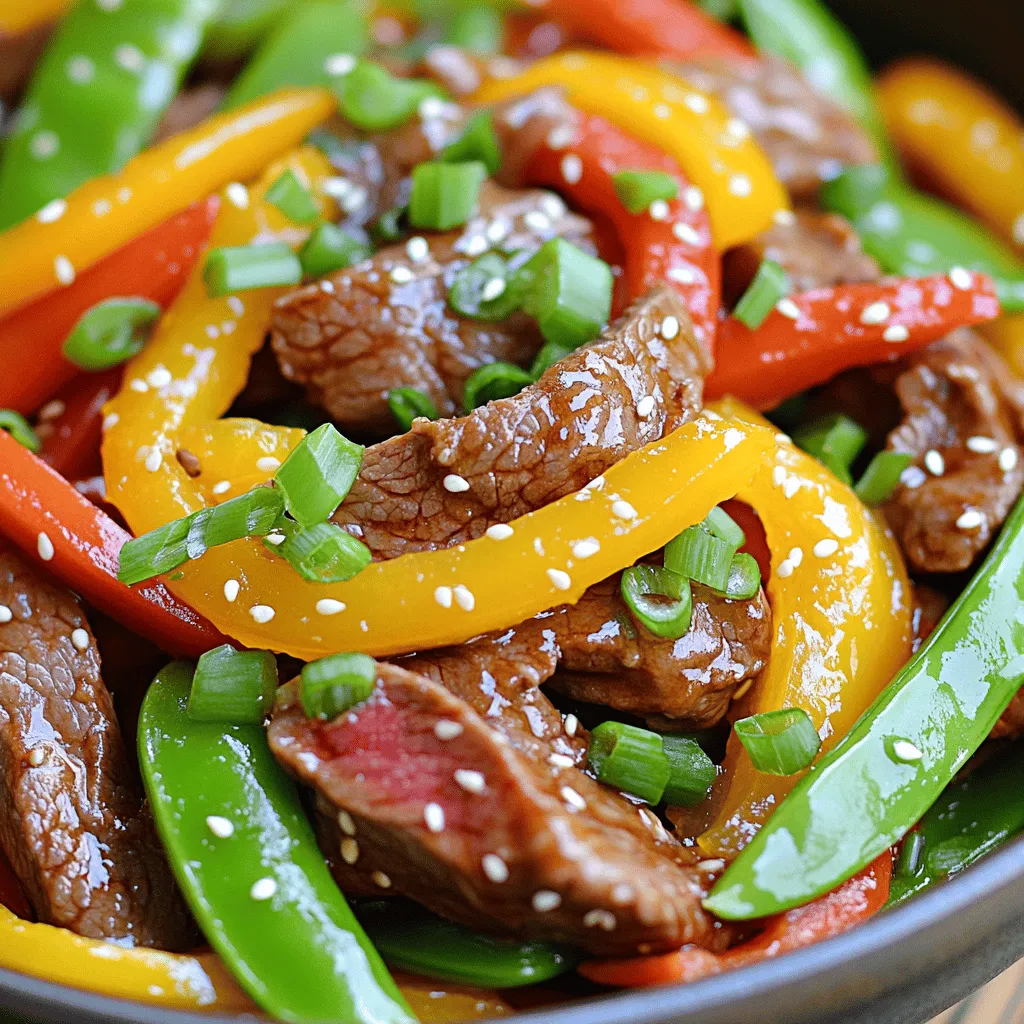 When making orange beef stir fry, you need fresh and tasty ingredients. Here’s what you'll use: - Beef flank steak preparation - 1 lb beef flank steak, thinly sliced against the grain - Marinade ingredients - 1 cup fresh orange juice (preferably freshly squeezed for optimal flavor) - 2 tablespoons soy sauce - 1 tablespoon cornstarch - Fresh vegetables and herbs - 2 tablespoons vegetable oil - 1 red bell pepper, cut into thin strips (julienned) - 1 yellow bell pepper, cut into thin strips (julienned) - 1 cup snap peas, trimmed - 3 green onions, chopped (separating the white and green parts) - 2 cloves garlic, finely minced - 1 inch piece fresh ginger, grated - Zest of 1 orange - Sesame seeds, for garnish Each ingredient plays a role in the taste. The beef adds richness, while the orange juice gives a bright flavor. The fresh veggies bring crunch and color. This mix makes a meal that looks good and tastes even better. You can find the full recipe in the previous section. To start, you need to prepare the marinade. In a bowl, mix fresh orange juice, soy sauce, and cornstarch. Add the sliced beef flank steak to the bowl. Stir so each piece is well coated. Let the beef marinate for at least 15 minutes. This lets the flavors soak into the meat, making it taste amazing. Next, heat a large skillet or wok over high heat. Add one tablespoon of vegetable oil. Once the oil starts to shimmer, add the beef in a single layer. Sear the beef for 2 to 3 minutes. You want it browned but not fully cooked. After that, remove the beef from the pan and set it aside. This step locks in flavor and keeps the beef juicy. Now, it’s time for the vegetables. In the same skillet, add the second tablespoon of vegetable oil. Toss in minced garlic, grated ginger, and the white parts of green onions. Stir-fry for about 30 seconds, making sure not to burn the garlic. Then, add julienned red and yellow bell peppers with snap peas. Stir-fry these for 3 to 4 minutes. You want them soft but still crunchy for the best texture. Finally, return the beef to the skillet. Add half of the orange zest for extra flavor. Toss everything together and stir-fry for another 2 to 3 minutes. Make sure everything is heated through. Now, taste your stir-fry. Adjust the seasoning if needed. If you want a stronger flavor, add a bit more soy sauce. Once everything is done, it’s time to serve. Garnish with the remaining orange zest and chopped green parts of the green onions. Sprinkle sesame seeds on top for a nice finish. Enjoy your Orange Beef Stir Fry! For the complete recipe, check out the [Full Recipe]. - High heat cooking methods: Always use high heat when cooking stir fry. This helps seal in the juices of the beef. It also gives your veggies a nice crunch. A hot pan cooks food quickly and evenly. - Importance of ingredient prep: Prep all your ingredients before you start cooking. Cut your beef and veggies ahead of time. This keeps the cooking process smooth. When everything is ready, you can focus on cooking and not searching for items. - Possible alternative vegetables: If you don't have snap peas or bell peppers, try broccoli or carrots. These veggies work well and add flavor. You can also use zucchini or mushrooms for a different taste. - Replacing flank steak for other proteins: If you prefer chicken or tofu, you can swap those in. Just keep the marinade the same. Both chicken and tofu can absorb the orange flavor nicely. {{image_4}} You can easily change the flavor of your Orange Beef Stir Fry. Adding spices or sauces makes it fun. Try adding red pepper flakes for heat. A splash of hoisin sauce adds sweetness. You can even toss in some soy sauce for a deeper taste. Experimenting with citrus flavors is also a great idea. Use lime or lemon juice to give a zesty kick. You can mix orange juice with other fruit juices too. Pineapple juice can bring a sweet twist. Don't be afraid to try new things! Making your stir fry gluten-free is easy. Just switch regular soy sauce for tamari. Tamari is a gluten-free option, and it tastes great. You can also use coconut aminos. It gives a similar flavor and is a great choice for those with allergies. If you are on a low-carb diet, swap out the beef for chicken or tofu. You can also use zucchini noodles instead of rice. This will keep the dish light and healthy. The flavors will still shine through, making it a delicious meal for everyone. Check out the Full Recipe for more details on how to make this dish. To keep your Orange Beef Stir Fry fresh, use airtight containers. Glass or plastic containers work great. Make sure they seal tightly to keep air out. Store your stir fry in the fridge if you plan to eat it within a few days. If not, freeze it for longer storage. It can last up to three months in the freezer. To reheat, I suggest using a skillet. Heat it on medium and add a splash of water or broth. This helps keep the beef and vegetables juicy. Stir gently for about five to seven minutes. You can also use the microwave. Heat it in short bursts of one minute, stirring in between. Aim for a temperature of 165°F to ensure it’s hot throughout. Can I use frozen beef for this recipe? Yes, you can use frozen beef. Just be sure to thaw it first. Thawing helps the meat cook evenly. You can leave it in the fridge overnight or use the microwave's defrost setting. After thawing, slice the beef thinly against the grain for the best texture. How do I make it spicier? To add heat, try these tips: - Add red pepper flakes for a kick. - Mix in sliced jalapeños or serrano peppers. - Use a spicy soy sauce or sriracha. Start with a small amount, then adjust to your taste. You want the spice to enhance the flavor, not overpower it. Breakdown of calories and key nutrients This Orange Beef Stir Fry serves four. Each serving has about: - Calories: 350 - Protein: 25g - Carbs: 30g - Fat: 15g It’s a good source of vitamin C and protein, thanks to the orange juice and beef. Dietary considerations for a balanced meal This dish is colorful and filled with nutrients. The veggies add fiber and vitamins. Pair it with brown rice or quinoa for extra whole grains. You can also add more vegetables to boost the fiber content. For a low-carb option, enjoy it alone or with cauliflower rice instead. For the complete recipe, check out the Full Recipe. This blog post covered how to make a tasty orange beef stir fry. You learned about preparing the flank steak, making the marinade, and cooking the beef and veggies. I shared tips for perfect stir-frying and ingredient swaps to suit your taste. You can customize flavors and find variations for special diets. Finally, I included storage tips for leftovers and answered common questions. With these steps, you can create a delicious dish that suits your needs. Enjoy your cooking and happy eating!