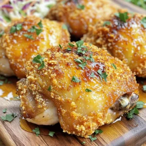For this baked crunchy hot honey chicken, you will need: - 4 chicken thighs, bone-in and skin-on - 1 cup buttermilk - 1 cup panko breadcrumbs - 1/2 cup all-purpose flour - 2 teaspoons garlic powder - 2 teaspoons smoked paprika - 1 teaspoon onion powder - 1 teaspoon cayenne pepper (adjust to taste) - Salt and pepper to taste - 1/4 cup hot honey (store-bought or homemade) These ingredients work together to create a crispy, flavorful dish. The chicken thighs stay juicy, while the panko breadcrumbs give you that perfect crunch. The hot honey adds a sweet and spicy kick that makes each bite exciting. Measuring ingredients correctly is key to great cooking. It ensures consistent flavors and textures. Here are some tips: - Use dry measuring cups for dry ingredients, like flour and panko. - For liquids, use a liquid measuring cup for accuracy. - If you can, prepare your ingredients before you start cooking. This way, you keep things organized and save time. When you have everything measured out in advance, you can focus on the fun of cooking! To take your dish to the next level, consider these garnishes: - Fresh parsley, finely chopped - Additional spice options, like chili flakes or smoked paprika Garnishing adds color and freshness to your plate. A sprinkle of parsley makes the dish pop and looks inviting. You can also add more heat with extra spices if you like. For the full recipe, check out the details above. Enjoy your cooking adventure! To start, you need to prepare the buttermilk bath. Pour one cup of buttermilk into a large bowl. Add the chicken thighs, making sure they are fully covered. Marinate the chicken in the fridge for at least 30 minutes. For best taste, aim for an hour. While the chicken is marinating, let’s make the breadcrumb mixture. In another bowl, mix one cup of panko breadcrumbs with half a cup of flour. Add two teaspoons of garlic powder, two teaspoons of smoked paprika, one teaspoon of onion powder, and a teaspoon of cayenne. Season it with salt and pepper. Stir until well combined. Next, take the marinated chicken out of the fridge. Let the excess buttermilk drip off. Dredge each piece in the breadcrumb mix. Press down gently to ensure a thick coating. This step is key for crispiness. Preheat your oven to 425°F (220°C). Line a baking sheet with parchment paper. Place the coated chicken thighs on the sheet, skin side up. For extra crunch, spray them lightly with cooking spray or drizzle with olive oil. Bake the chicken for 30-35 minutes. Look for a golden brown color and check that the internal temperature is 165°F (75°C). In the last five minutes, drizzle hot honey over the chicken. This glaze adds a sweet and spicy touch. After baking, let the chicken rest for five minutes. This helps keep it juicy. For a beautiful presentation, serve it on a wooden platter. Drizzle extra hot honey on top and sprinkle fresh parsley for color. This dish pairs well with coleslaw or roasted vegetables. For the full recipe, check out the instructions above. To get the best crunch, use panko breadcrumbs. Panko is lighter and flakier than regular breadcrumbs. It gives a crispier texture when baked. For extra crunch, bake the chicken on a wire rack. This allows air to circulate around the chicken as it cooks. Make sure to spray the chicken lightly with cooking spray or drizzle olive oil before baking. This step helps to brown the coating nicely. Want it spicier? You can add more cayenne pepper to your mix. Start with a little and taste as you go. If you love garlic, add more garlic powder too. You can also boost flavor by adding herbs like thyme or rosemary to the marinade. For a sweet twist, try using flavored honey. Lavender or chili-infused honey can add a unique touch. For this recipe, you need basic tools. A large bowl is key for marinating the chicken. Use a baking sheet lined with parchment for easy cleanup. A wire rack is great for crispiness but not required. If you don’t have one, just place the chicken directly on the sheet. You can also use an air fryer if you prefer that cooking method. It cooks quickly and keeps things crispy. For the Full Recipe, refer back to the main article! {{image_4}} You can switch up the honey for unique flavors. Try infused honey, like lavender or rosemary. This adds a special twist. You can also play with spices. Add more cayenne for heat or some cumin for warmth. Fresh herbs like thyme or oregano can bring a fresh taste. Mixing these flavors lets you create a dish that feels new each time. If you prefer, use boneless chicken thighs or breasts. This can cut down on cooking time. You can also swap chicken for other proteins. Tofu or tempeh works well for a plant-based option. Just marinate them the same way. The hot honey will still give them great flavor. To make this meal shine, pair it with tasty sides. A bright coleslaw adds crunch and freshness. Roasted veggies like carrots or Brussels sprouts also work well. For a lighter option, serve with a simple salad. You can drizzle extra hot honey on everything for a sweet kick. To keep your Baked Crunchy Hot Honey Chicken fresh, store it in the fridge. Place the leftovers in an airtight container. This helps prevent the chicken from drying out. If you want to keep the coating crunchy, add a paper towel inside. This absorbs extra moisture. Make sure to eat the leftovers within three days for the best taste. If you want to save your chicken for later, freezing is a great option. First, let the chicken cool completely. Wrap each piece tightly in plastic wrap. Then, place them in a freezer bag or container. Remove as much air as possible to prevent freezer burn. You can freeze it for up to three months. When you are ready to eat, thaw the chicken in the fridge overnight. For reheating, preheat your oven to 375°F (190°C). Place the chicken on a baking sheet. Bake for about 15-20 minutes until warm and crispy again. This method keeps the chicken juicy. It brings back that crunchy texture you love. You should marinate the chicken for at least 30 minutes. This allows the buttermilk to tenderize the meat. For more flavor, let it sit for up to 1 hour. This extra time lets the spices soak in more deeply. Yes, you can use regular honey, but the flavor will change. Regular honey is sweet and smooth. Hot honey adds a spicy kick. If you want to keep it sweet but add heat, mix regular honey with a dash of hot sauce. If you don't have panko, you can use regular breadcrumbs. They will work, but the texture will be slightly different. You can also crush crackers or cornflakes for a crunchy coating. Just make sure to season them well for flavor. To check if the chicken is done, use a meat thermometer. The internal temperature should reach 165°F (75°C). If you don’t have a thermometer, cut into the thickest part of the chicken. The meat should be white, not pink. This ensures it is safe to eat. In this post, we covered a simple recipe for crispy baked chicken with hot honey. You learned about key ingredients, marinating tips, and baking techniques for a perfect result. I shared helpful storage methods and flavor variations to keep your meals exciting. My final thoughts: don’t be afraid to experiment with spices and garnishes. Enjoy making this dish your own and impressing everyone at the table. Trust me, the crispy texture and spicy-sweet flavor will win hearts!