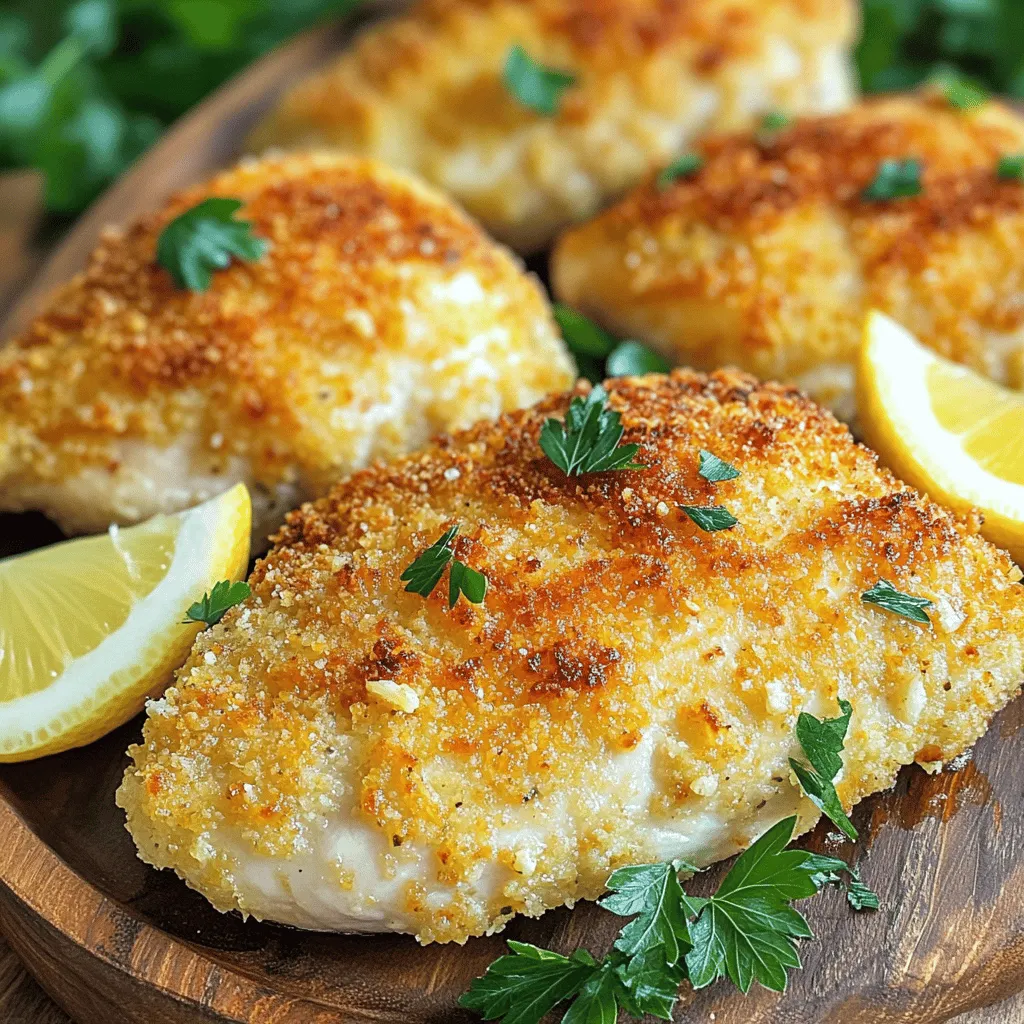 - 4 boneless, skinless chicken breasts - 1 cup finely grated Parmesan cheese - 1 cup panko breadcrumbs - 2 teaspoons garlic powder - 1 teaspoon onion powder - 1 teaspoon mixed dried Italian herbs (oregano, basil, thyme) - 2 large eggs - Olive oil or avocado oil spray for cooking - Salt and freshly cracked black pepper, to taste When you gather your ingredients, ensure they are fresh. Fresh chicken makes a big difference. I always look for firm, pink chicken breasts. The Parmesan cheese should be finely grated for a better crust. Panko breadcrumbs give that perfect crunch. For seasoning, garlic powder adds a nice kick. Onion powder brings out the flavor of the chicken. Dried Italian herbs give a warm, aromatic touch. You need eggs to help the breadcrumbs stick. Oil spray ensures that the chicken doesn’t stick to the air fryer. Finally, salt and pepper add the essential seasoning to make everything pop. For the full recipe, refer to the cooking instructions. This dish is not only easy but also delicious. It's perfect for family meals or special occasions. To start, preheat your air fryer. Set it to 400°F (200°C) and let it run for about 5 minutes. This step is key. Preheating ensures your chicken cooks evenly. If you skip this, the outside may cook too fast, leaving the inside raw. Next, we need to prepare the egg wash. In a shallow bowl, crack two large eggs. Whisk them with a pinch of salt and some freshly cracked black pepper. Mix until well combined. Now, let's make the breadcrumb coating. In a separate plate, combine 1 cup of finely grated Parmesan cheese, 1 cup of panko breadcrumbs, 2 teaspoons of garlic powder, 1 teaspoon of onion powder, and 1 teaspoon of mixed dried Italian herbs. Stir this mixture well; it should look colorful and appetizing. Now, take your chicken breasts and dry them with paper towels. This step helps the breading stick. Season both sides with salt and pepper for extra flavor. For the breading, dip each seasoned chicken breast into the egg wash. Make sure it's fully coated, then let any excess drip off. Next, transfer it to the breadcrumb mixture. Press down gently so the crumbs stick well. Make sure to coat both sides. Repeat this for all chicken pieces until they are ready. Before placing the chicken in the fryer, spray the basket with oil to avoid sticking. Arrange the breaded chicken in a single layer. It's important they do not touch; this helps them cook evenly. If your fryer is small, cook in batches. Cook the chicken for 12 to 15 minutes. Flip the chicken halfway through to ensure both sides get crispy. You're aiming for a golden brown crust and an internal temperature of 165°F (75°C). Use a meat thermometer for accuracy. Once done, carefully remove the chicken and let it rest for a few minutes. This time helps the juices settle, making each bite juicy and tender. For the full recipe, check the link above! To get that perfect crunch, panko breadcrumbs are key. Panko is light and airy, which gives your chicken a nice, crispy bite. Regular breadcrumbs don't give the same texture. Also, don’t forget to use oil spray. A light spray helps the breadcrumbs brown well without soaking them. Aim for an even layer of oil to achieve that golden finish. Many people overcrowd the air fryer. This can lead to uneven cooking. Make sure the chicken pieces have space around them. If you have a lot, cook in batches. Also, be careful not to overcook or undercook the chicken. The ideal internal temperature is 165°F (75°C). Use a meat thermometer to check this. Pair your chicken with fresh sides. A mixed salad or roasted veggies works great. For presentation, arrange the chicken on a large platter. Garnish with chopped parsley for color. You can also add lemon wedges for a zesty touch. This makes the meal look appealing and adds a fresh taste. For more ideas, check the Full Recipe. {{image_4}} You can add more flavor to your Air Fryer Parmesan Crusted Chicken. Here are some easy ways: - Herbs: Try adding dried rosemary, thyme, or parsley. These herbs give a fresh taste. - Spices: Add paprika or cayenne pepper for some heat. A pinch can make a big difference. - Cheese Alternatives: Swap Parmesan for aged cheddar or Romano. Each brings a new flavor twist to the dish. Need to fit special diets? There are great options for this recipe: - Gluten-Free Panko: Use gluten-free breadcrumbs to keep it safe for gluten-free diets. Many brands offer tasty options. - Low-Carb Options: Replace breadcrumbs with crushed pork rinds or almond flour. This keeps the dish low in carbs and still crispy. If you don’t have an air fryer, no worries! You can still enjoy this dish by baking or doing it on the stovetop: - Baking Instructions: Preheat your oven to 425°F (220°C). Place the breaded chicken on a greased baking sheet. Bake for 20-25 minutes, flipping halfway, until golden and cooked through. - Stovetop Method: Heat a large skillet over medium heat. Add oil, then cook the breaded chicken for about 6-7 minutes on each side. Look for a golden crust and ensure it reaches 165°F (75°C) inside. These variations help you personalize your meal while keeping it delicious! For the full recipe, check out the details above. After enjoying your Air Fryer Parmesan Crusted Chicken, store any leftovers properly. Use airtight containers or resealable bags. This keeps the chicken fresh and prevents it from drying out. Place the chicken in the fridge. It will stay good for about 3 to 4 days. When reheating, you want the chicken to stay crispy. The best way is to use the air fryer again. Preheat your air fryer to 350°F (175°C). Place the chicken in for about 5 to 7 minutes. Check it often to ensure it heats evenly. You can also use an oven. Set it to 350°F (175°C) and reheat for about 10 to 15 minutes. This method works well too! Freezing your chicken extends its shelf life. First, let the chicken cool completely. Wrap each piece tightly in plastic wrap. Then, place them in a freezer-safe bag or container. This helps prevent freezer burn. You can freeze the chicken for up to 2 to 3 months. To thaw, place the chicken in the fridge overnight. If you need it faster, use the microwave's defrost setting. After thawing, reheat it in the air fryer or oven to keep it crispy. For more details, refer to the [Full Recipe]. Cooking time for Air Fryer Parmesan Crusted Chicken varies. It depends on how thick your chicken breasts are. Generally, it takes about 12 to 15 minutes. Thicker pieces may need a few extra minutes. Always check for doneness. Yes, you can use other cheeses. Romano or cheddar can work well. For a twist, try pepper jack for some heat! The best way is to use a meat thermometer. Insert it into the thickest part. The chicken should reach 165°F (75°C). This ensures it is safe to eat. You can prep the chicken ahead. Bread the chicken and store it in the fridge. Cook it later when you’re ready. If you freeze it, make sure to thaw it before cooking. This blog post covered how to make Air Fryer Parmesan Crusted Chicken. We discussed key ingredients, like chicken, Parmesan, and panko. You learned to prep your air fryer and create a simple breading station. I shared tips for crispiness, avoiding mistakes, and suggested side dishes. You can even explore variations like gluten-free options. In conclusion, this dish is easy and delicious. You can impress anyone with it. Enjoy cooking and experimenting with your meals!
