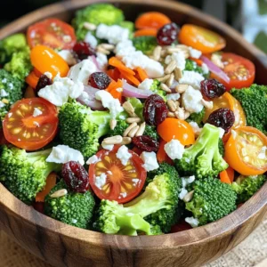 - 2 cups fresh broccoli florets - 1 cup cherry tomatoes, halved - 1/2 cup shredded carrots - 1/4 cup red onion, thinly sliced - 1/2 cup sunflower seeds, toasted - 1/4 cup dried cranberries - 1/2 cup feta cheese, crumbled These main ingredients create a colorful and crunchy base for your Broccoli Bliss Salad. The fresh broccoli gives a nice crunch and many nutrients. Cherry tomatoes add a sweet and juicy burst. Shredded carrots bring a hint of sweetness and vibrant color. Red onions offer a tangy flavor. Sunflower seeds add crunch and healthy fats, while dried cranberries provide a touch of sweetness. Lastly, feta cheese adds creaminess and a salty kick. - 1/3 cup creamy Greek yogurt - 2 tablespoons extra virgin olive oil - 1 tablespoon apple cider vinegar - 1 teaspoon honey - Salt and freshly ground pepper to taste This dressing is creamy and tangy, perfect for the salad. Greek yogurt gives it a smooth texture and adds protein. Extra virgin olive oil brings healthy fats and richness. Apple cider vinegar adds a zesty taste, and honey balances it all with sweetness. You can add salt and pepper to make the flavors pop. - Extra sunflower seeds - Fresh parsley sprigs These garnishes are not just for looks. Extra sunflower seeds make the salad even crunchier. Fresh parsley adds a pop of color and a fresh taste. You can mix and match these ingredients to make the salad your own. For the complete details and steps to create this delightful dish, check out the Full Recipe. To start, we need to blanch the broccoli for the best texture. First, boil water in a pot. Add the broccoli florets and let them cook for 2-3 minutes. They should turn a bright green color. After that, drain the florets and put them into a bowl filled with ice water. This stops the cooking. Leave them in for a few minutes. Once cool, drain the water and dry the florets with a clean towel. In a large bowl, mix the cooled broccoli with the other ingredients. Add halved cherry tomatoes, shredded carrots, thinly sliced red onion, toasted sunflower seeds, dried cranberries, and crumbled feta cheese. Gently toss the salad to ensure all the veggies and toppings are evenly distributed. Next, we make the dressing. In a separate bowl, whisk together Greek yogurt, olive oil, apple cider vinegar, honey, and a pinch of salt and pepper. Whisk until the mixture is smooth and creamy. This dressing balances the flavors perfectly. Pour the dressing over the salad. Use gentle motions to toss everything together. This ensures that each ingredient gets a nice coating of the dressing. Be careful not to mash the ingredients. After mixing, cover the bowl with a lid or plastic wrap. Place the salad in the refrigerator for about 15-20 minutes. Chilling the salad helps the flavors blend together, making it taste even better. When ready to serve, give the salad a gentle toss again. Serve it in a large, colorful bowl. You can sprinkle extra sunflower seeds and cranberries on top for an appealing look. Add a few sprigs of fresh parsley for extra color if you like. This Broccoli Bliss Salad is perfect for any meal or gathering! For the full recipe, check out the details provided earlier. To make a great Broccoli Bliss Salad, start with fresh ingredients. Look for bright green broccoli florets. They should feel firm and not wilted. Check for yellow spots; they mean the broccoli is old. When you pick cherry tomatoes, choose ones that are smooth and shiny. The tomatoes should feel heavy for their size. For carrots, select ones that are crisp and vibrant. Fresh veggies make the salad taste better. Freshness is key in salad recipes. Fresh ingredients keep their crunch and flavor. When you use old produce, the salad loses its appeal. Always shop for the best quality. You can easily customize this salad to fit your taste. Adding protein is a great way to make it more filling. Try grilled chicken or chickpeas for a boost. You can also mix in some beans like black beans or kidney beans. This adds more texture and nutrients to your meal. Don't be shy about spicing up the dressing! Add fresh herbs like parsley or basil. You can also mix in spices like garlic powder or chili flakes for heat. This makes your salad exciting and new each time. Broccoli is a superfood packed with health benefits. It is low in calories but high in fiber. This helps you feel full and aids digestion. Broccoli contains vitamins A, C, and K, which are great for your body. The salad is also rich in minerals. For example, sunflower seeds add vitamin E, which helps keep your skin healthy. Dried cranberries bring antioxidants that fight free radicals. Together, these ingredients create a nutritious meal. For the full recipe, you can check the [Full Recipe]. {{image_4}} You can change the Broccoli Bliss Salad based on the season. In spring, add tender asparagus or peas. In summer, include juicy cucumbers or bell peppers. During fall, try roasted butternut squash or apples. Each season brings new flavors that make the salad more exciting. Using fresh, seasonal produce adds taste and nutrients. You might want to make this salad vegan or dairy-free. For a vegan dressing, swap Greek yogurt with avocado or tahini. This keeps it creamy while adding healthy fats. If you need gluten-free options, the salad is already gluten-free! Just ensure any added ingredients, like toppings, are also gluten-free. For a zesty kick, add spices like smoked paprika or chili flakes. This will wake up the salad and add depth. You can also throw in crunchy toppings like nuts or seeds. Almonds, walnuts, or pumpkin seeds offer great texture and flavor. These simple changes make the Broccoli Bliss Salad even more delightful. For the full recipe, check out [Full Recipe]. Store your Broccoli Bliss Salad in the refrigerator. Keep it in an airtight container. This helps lock in freshness. The salad tastes best when eaten within three days. You do not need to reheat this salad. It is best served cold. If you want to enjoy leftovers, simply take it out of the fridge. Give it a light toss to mix the flavors again. Store leftovers for up to three days for the best taste. Can you freeze this salad? I do not recommend it. Freezing changes the texture of the vegetables. If you want to prepare it ahead, refrigerate it instead. To maintain quality, use fresh ingredients when making the salad. For the full recipe, check out the Broccoli Bliss Salad section. You can store the Broccoli Bliss Salad in the fridge for about three days. For the best taste, eat it within this time. The fresh veggies stay crunchy, and the flavors remain bright. After three days, the salad may lose its crispness. Yes, you can make this salad ahead of time! Prepare the ingredients and dressing separately. Combine them just before serving. This way, the veggies stay fresh and crunchy. If you mix them too early, the salad can get soggy. You can add many fun toppings! Here are some ideas: - Grilled chicken for protein - Avocado slices for creaminess - Chickpeas for extra fiber - Croutons for crunch - Sliced almonds for a nutty flavor Yes, the Broccoli Bliss Salad is both gluten-free and vegetarian. It contains no gluten ingredients. The veggies, seeds, and yogurt dressing make it a wholesome choice. It’s perfect for anyone following these diets. Absolutely! If you want a different cheese, try goat cheese or mozzarella. Cheddar can also work for a sharper taste. Choose a cheese that you enjoy. Each will give the salad a unique twist. For the full recipe, refer to the earlier sections. The Broccoli Bliss Salad combines fresh veggies, nuts, and a creamy dressing for great taste. We explored how to prepare, mix, and chill this dish for the best flavors. Remember, you can customize it to fit your preferences or dietary needs. Fresh ingredients and the right storage help keep every bite delicious. Enjoy this salad as a healthy side or main dish!