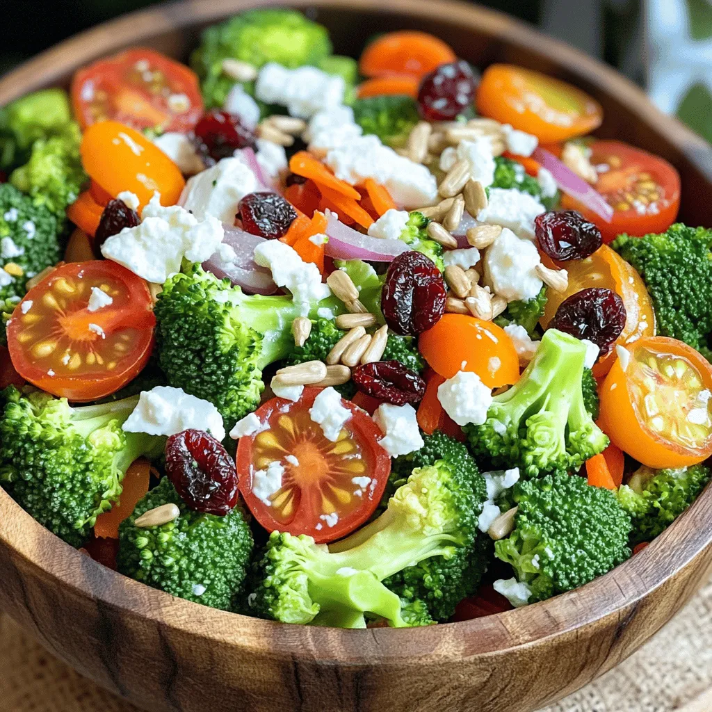 - 2 cups fresh broccoli florets - 1 cup cherry tomatoes, halved - 1/2 cup shredded carrots - 1/4 cup red onion, thinly sliced - 1/2 cup sunflower seeds, toasted - 1/4 cup dried cranberries - 1/2 cup feta cheese, crumbled These main ingredients create a colorful and crunchy base for your Broccoli Bliss Salad. The fresh broccoli gives a nice crunch and many nutrients. Cherry tomatoes add a sweet and juicy burst. Shredded carrots bring a hint of sweetness and vibrant color. Red onions offer a tangy flavor. Sunflower seeds add crunch and healthy fats, while dried cranberries provide a touch of sweetness. Lastly, feta cheese adds creaminess and a salty kick. - 1/3 cup creamy Greek yogurt - 2 tablespoons extra virgin olive oil - 1 tablespoon apple cider vinegar - 1 teaspoon honey - Salt and freshly ground pepper to taste This dressing is creamy and tangy, perfect for the salad. Greek yogurt gives it a smooth texture and adds protein. Extra virgin olive oil brings healthy fats and richness. Apple cider vinegar adds a zesty taste, and honey balances it all with sweetness. You can add salt and pepper to make the flavors pop. - Extra sunflower seeds - Fresh parsley sprigs These garnishes are not just for looks. Extra sunflower seeds make the salad even crunchier. Fresh parsley adds a pop of color and a fresh taste. You can mix and match these ingredients to make the salad your own. For the complete details and steps to create this delightful dish, check out the Full Recipe. To start, we need to blanch the broccoli for the best texture. First, boil water in a pot. Add the broccoli florets and let them cook for 2-3 minutes. They should turn a bright green color. After that, drain the florets and put them into a bowl filled with ice water. This stops the cooking. Leave them in for a few minutes. Once cool, drain the water and dry the florets with a clean towel. In a large bowl, mix the cooled broccoli with the other ingredients. Add halved cherry tomatoes, shredded carrots, thinly sliced red onion, toasted sunflower seeds, dried cranberries, and crumbled feta cheese. Gently toss the salad to ensure all the veggies and toppings are evenly distributed. Next, we make the dressing. In a separate bowl, whisk together Greek yogurt, olive oil, apple cider vinegar, honey, and a pinch of salt and pepper. Whisk until the mixture is smooth and creamy. This dressing balances the flavors perfectly. Pour the dressing over the salad. Use gentle motions to toss everything together. This ensures that each ingredient gets a nice coating of the dressing. Be careful not to mash the ingredients. After mixing, cover the bowl with a lid or plastic wrap. Place the salad in the refrigerator for about 15-20 minutes. Chilling the salad helps the flavors blend together, making it taste even better. When ready to serve, give the salad a gentle toss again. Serve it in a large, colorful bowl. You can sprinkle extra sunflower seeds and cranberries on top for an appealing look. Add a few sprigs of fresh parsley for extra color if you like. This Broccoli Bliss Salad is perfect for any meal or gathering! For the full recipe, check out the details provided earlier. To make a great Broccoli Bliss Salad, start with fresh ingredients. Look for bright green broccoli florets. They should feel firm and not wilted. Check for yellow spots; they mean the broccoli is old. When you pick cherry tomatoes, choose ones that are smooth and shiny. The tomatoes should feel heavy for their size. For carrots, select ones that are crisp and vibrant. Fresh veggies make the salad taste better. Freshness is key in salad recipes. Fresh ingredients keep their crunch and flavor. When you use old produce, the salad loses its appeal. Always shop for the best quality. You can easily customize this salad to fit your taste. Adding protein is a great way to make it more filling. Try grilled chicken or chickpeas for a boost. You can also mix in some beans like black beans or kidney beans. This adds more texture and nutrients to your meal. Don't be shy about spicing up the dressing! Add fresh herbs like parsley or basil. You can also mix in spices like garlic powder or chili flakes for heat. This makes your salad exciting and new each time. Broccoli is a superfood packed with health benefits. It is low in calories but high in fiber. This helps you feel full and aids digestion. Broccoli contains vitamins A, C, and K, which are great for your body. The salad is also rich in minerals. For example, sunflower seeds add vitamin E, which helps keep your skin healthy. Dried cranberries bring antioxidants that fight free radicals. Together, these ingredients create a nutritious meal. For the full recipe, you can check the [Full Recipe]. {{image_4}} You can change the Broccoli Bliss Salad based on the season. In spring, add tender asparagus or peas. In summer, include juicy cucumbers or bell peppers. During fall, try roasted butternut squash or apples. Each season brings new flavors that make the salad more exciting. Using fresh, seasonal produce adds taste and nutrients. You might want to make this salad vegan or dairy-free. For a vegan dressing, swap Greek yogurt with avocado or tahini. This keeps it creamy while adding healthy fats. If you need gluten-free options, the salad is already gluten-free! Just ensure any added ingredients, like toppings, are also gluten-free. For a zesty kick, add spices like smoked paprika or chili flakes. This will wake up the salad and add depth. You can also throw in crunchy toppings like nuts or seeds. Almonds, walnuts, or pumpkin seeds offer great texture and flavor. These simple changes make the Broccoli Bliss Salad even more delightful. For the full recipe, check out [Full Recipe]. Store your Broccoli Bliss Salad in the refrigerator. Keep it in an airtight container. This helps lock in freshness. The salad tastes best when eaten within three days. You do not need to reheat this salad. It is best served cold. If you want to enjoy leftovers, simply take it out of the fridge. Give it a light toss to mix the flavors again. Store leftovers for up to three days for the best taste. Can you freeze this salad? I do not recommend it. Freezing changes the texture of the vegetables. If you want to prepare it ahead, refrigerate it instead. To maintain quality, use fresh ingredients when making the salad. For the full recipe, check out the Broccoli Bliss Salad section. You can store the Broccoli Bliss Salad in the fridge for about three days. For the best taste, eat it within this time. The fresh veggies stay crunchy, and the flavors remain bright. After three days, the salad may lose its crispness. Yes, you can make this salad ahead of time! Prepare the ingredients and dressing separately. Combine them just before serving. This way, the veggies stay fresh and crunchy. If you mix them too early, the salad can get soggy. You can add many fun toppings! Here are some ideas: - Grilled chicken for protein - Avocado slices for creaminess - Chickpeas for extra fiber - Croutons for crunch - Sliced almonds for a nutty flavor Yes, the Broccoli Bliss Salad is both gluten-free and vegetarian. It contains no gluten ingredients. The veggies, seeds, and yogurt dressing make it a wholesome choice. It’s perfect for anyone following these diets. Absolutely! If you want a different cheese, try goat cheese or mozzarella. Cheddar can also work for a sharper taste. Choose a cheese that you enjoy. Each will give the salad a unique twist. For the full recipe, refer to the earlier sections. The Broccoli Bliss Salad combines fresh veggies, nuts, and a creamy dressing for great taste. We explored how to prepare, mix, and chill this dish for the best flavors. Remember, you can customize it to fit your preferences or dietary needs. Fresh ingredients and the right storage help keep every bite delicious. Enjoy this salad as a healthy side or main dish!