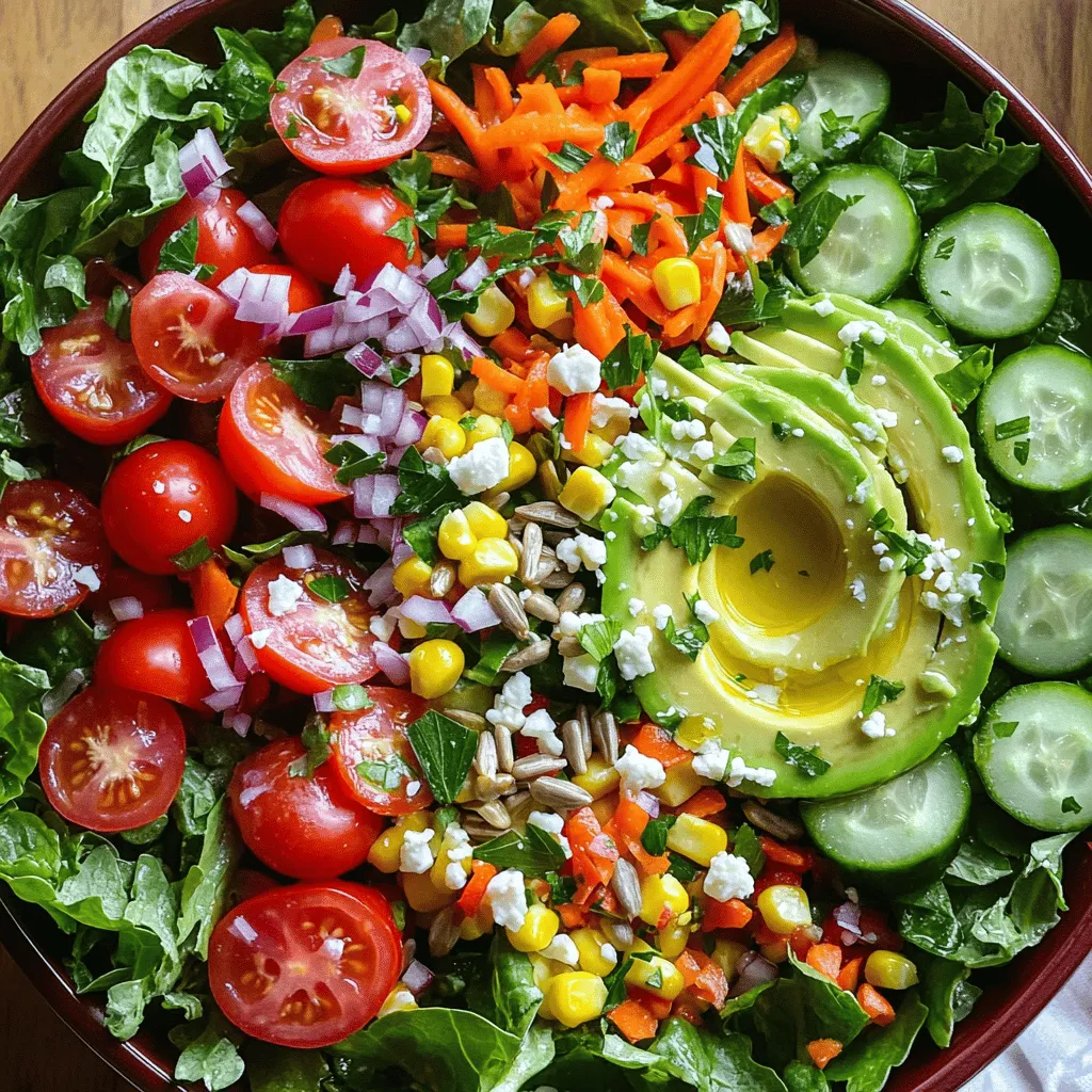 - 2 cups mixed greens (spinach, arugula, romaine) - 1 cup cherry tomatoes, cut in half - 1 cup cucumber, diced into bite-sized pieces - 1 cup red bell pepper, diced for sweetness and color - 1 cup shredded carrots for a touch of sweetness - 1 cup sweet corn (use fresh for crunch or canned if preferred) - 1 ripe avocado, sliced for creaminess - 1/2 cup red onion, finely sliced for a zesty kick - 1/4 cup feta cheese, crumbled for tanginess - 1/4 cup sunflower seeds for a nutty crunch - 1/4 cup fresh parsley, chopped for vibrant flavor - 3 tablespoons high-quality olive oil for richness - 2 tablespoons apple cider vinegar for a tangy finish - 1 tablespoon honey for a hint of sweetness - 1 teaspoon Dijon mustard for depth of flavor - Salt and freshly ground black pepper to taste When I make this salad, I focus on fresh and quality ingredients. The mixed greens form a bright and crisp base. You can use a mix of spinach, arugula, and romaine for a nice balance. Each of these greens has its own flavor and texture. Next, I add cherry tomatoes for juicy bites and cucumber for crunch. Diced red bell pepper adds sweetness and color. Shredded carrots bring a nice touch of sweetness, while sweet corn adds a pop of flavor. A ripe avocado gives a creamy texture that makes each bite delightful. I also like to include thinly sliced red onion for a little zing. Crumbled feta cheese adds a tangy kick, and sunflower seeds give a satisfying crunch. For the dressing, I choose high-quality olive oil. This oil adds richness to the salad. Apple cider vinegar gives a tangy finish, while honey adds a hint of sweetness. Dijon mustard packs in flavor, and I always finish with salt and freshly ground black pepper. Making this salad is simple, and the flavors blend perfectly. You can find the Full Recipe above for more detailed steps. 1. First, take a large salad bowl. Add the mixed greens as your base. 2. Next, layer in the halved cherry tomatoes. They add color and sweetness. 3. Then, toss in the diced cucumber for crunch and freshness. 4. Add the diced red bell pepper for a pop of color and sweetness. 5. Sprinkle in the shredded carrots for a touch of sweetness and texture. 6. Now, add the sweet corn. Fresh corn gives the best crunch. 7. Carefully fan the sliced avocado on top. It adds creaminess and flavor. 8. Sprinkle the finely sliced red onion over the salad for a zesty kick. 9. Crumble the feta cheese on top for a tangy finish. 10. Finally, scatter the sunflower seeds for a nutty crunch. 1. In a small bowl, mix the olive oil, apple cider vinegar, honey, and Dijon mustard. 2. Whisk together until the mixture is smooth and well combined. 3. Season with salt and freshly ground black pepper. Taste and adjust as needed. 4. Just before serving, drizzle the dressing generously over the salad. 5. Toss gently to coat all the ingredients in the dressing. 6. For a vibrant finish, garnish with fresh chopped parsley. This step-by-step guide ensures your Family Favorite Crunchy Rainbow Salad is fresh and flavorful. Enjoy the layers of taste and texture! For the full recipe, refer to the provided details. To make your salad shine, serve it in a large, shallow bowl. This helps show off those colorful layers. You can also use a rustic wooden platter for a charming look. Before you serve, sprinkle extra sunflower seeds and fresh parsley on top. This adds a nice touch and makes your dish pop. If you want to change things up, use different fresh veggies. Try bell peppers in other colors, like green or yellow. Instead of feta cheese, use goat cheese for a creamier taste. You can also swap the olive oil for avocado oil. This will give your dressing a different flavor profile. For spices, add some cumin or paprika to boost the taste. Fresh herbs like basil or cilantro can also enhance the salad's flavor. {{image_4}} You can boost your salad with protein. Grilled chicken adds flavor and makes it filling. Shrimp brings a nice touch of sweetness. If you prefer plant-based options, try chickpeas. They are high in protein and very good for you. - Grilled Chicken: Cook until golden brown, then slice and toss in. - Shrimp: Sauté quickly or grill for a tasty addition. - Chickpeas: Use canned or cooked dried chickpeas for a healthy twist. You can change the salad with seasonal ingredients. In autumn, add roasted butternut squash or apples. In summer, use fresh berries or peaches for sweetness. Each season brings new flavors. - Autumn Ingredients: Add nuts, cranberries, or sweet potatoes for warmth. - Summer Ingredients: Toss in cucumbers, peaches, or fresh herbs for a bright taste. You can also explore international flavors. Try adding feta for a Greek twist or black beans for a Mexican vibe. Each addition makes the Family Favorite Salad even more exciting! To keep your Family Favorite Crunchy Rainbow Salad fresh, store it in an airtight container. This method helps prevent wilting and keeps the flavors intact. You can enjoy leftovers for up to three days in the fridge. However, the salad may lose its crunch after the first day. To save time, prepare salad parts in advance. Wash and chop your veggies, then store them in separate containers. This way, everything stays fresh. For the dressing, mix it in a jar and store it separately. This keeps the dressing from wilting the greens. You can make the salad a day ahead but add the dressing just before serving. This keeps the salad crisp and tasty. To make this salad vegan, you can swap out the feta cheese for vegan cheese. There are many tasty brands available. For the honey, use maple syrup or agave nectar. These substitutes keep the flavor and texture while making it plant-based. Yes, you can prepare the salad a day ahead. To keep it fresh, mix all the veggies but leave the dressing out until serving. Store the salad in an airtight container in the fridge. This way, the greens stay crisp and bright. This salad is packed with nutrients. It has about 180 calories per serving. You get vitamins A, C, and K from the veggies. The avocado adds healthy fats, and the sunflower seeds give you protein. Overall, it’s a balanced choice for a meal or side dish. For the full recipe, check out the Family Favorite Crunchy Rainbow Salad. This blog post covered all you need for a delicious Family Favorite Crunchy Rainbow Salad. We looked at the colorful ingredients, simple steps to prepare, and how to store leftovers properly. I shared tips for great presentation and offered fun variations to suit your taste. Embrace your creativity with this salad. Enjoy experimenting with flavors and colors. It's a nutritious dish perfect for any meal. Easy to make and pleasing to the eye, this salad is sure to become a family staple. Happy salad making!
