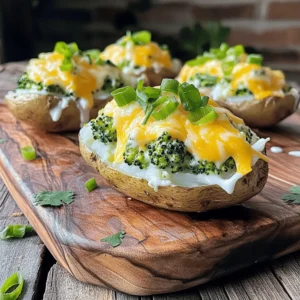 For Melty Magic Broccoli-Stuffed Twice-Baked Potatoes, gather these ingredients: - 4 large russet potatoes - 2 cups broccoli florets, steamed and finely chopped - 1 cup shredded sharp cheddar cheese - 1/2 cup cream cheese, softened to room temperature - 1/4 cup sour cream - 2 tablespoons butter, melted - 1 teaspoon garlic powder - Salt and pepper to taste - 1/4 cup green onions, chopped (for garnish) I often choose brands that I trust. For potatoes, I like Russet Burbank. When it comes to cheese, Cabot's sharp cheddar is my favorite. For cream cheese, Philadelphia is a classic choice. As for sour cream, Daisy is a great pick. These brands help create the best flavor and texture in your dish. If you have allergies, I have some easy swaps. For dairy-free needs, use vegan cream cheese and cheese. Instead of sour cream, try cashew cream or coconut yogurt. If you need gluten-free options, this recipe is naturally gluten-free. Just ensure that your dairy substitutes are also gluten-free. These simple changes can help everyone enjoy this dish! Start by preheating your oven to 400°F (200°C). Rinse the russet potatoes well. Scrub them to remove dirt. Use a fork to prick holes in each potato. This helps steam escape while baking. Place the potatoes directly on the oven rack. Bake them for 45-55 minutes. They should feel tender when pierced with a fork. After baking, let them cool for about 10 minutes. Carefully cut off the tops lengthwise. Scoop out the insides into a bowl, leaving a 1/4-inch border. This keeps the skins strong. In the bowl with the potato flesh, add the steamed broccoli. Make sure to chop it finely. Then, mix in the shredded cheddar cheese, cream cheese, and sour cream. Pour in the melted butter, and add the garlic powder, salt, and pepper. Stir everything until it is smooth and well-mixed. This filling is creamy and packed with flavor. Now, spoon the broccoli and cheese mix back into the potato skins. Pack the filling to make it stable. Place the stuffed potatoes back in the oven. Bake them for another 15-20 minutes. Look for a golden, slightly crispy top. Once they are done, remove them from the oven. Let them cool for a few minutes. Just before serving, sprinkle chopped green onions on top. This adds color and flavor. Enjoy your Melty Magic Broccoli-Stuffed Twice-Baked Potatoes! For the complete recipe, check the Full Recipe section above. To get the right texture in your twice-baked potatoes, focus on the baking time. Bake the potatoes until they are tender but not mushy. When you scoop out the insides, leave a thin layer to keep the skin strong. This helps the potato stay firm when you fill it. Mixing the filling well also ensures a smooth texture. The cream cheese and sour cream will make it creamy, while the broccoli adds a nice crunch. One common mistake is overcooking the potatoes. If they get too soft, they will fall apart. Another mistake is not seasoning enough. Always taste your filling before you stuff the potatoes. If it lacks flavor, add more salt, pepper, or garlic powder. Lastly, don’t skip the second baking step. This step gives you that crispy top that makes these potatoes so special. To boost flavor, try adding different herbs and spices. A pinch of paprika can add warmth, while a touch of lemon zest brightens the dish. You can also mix in some cooked bacon or chives for extra taste. Experimenting with seasonings can turn your Melty Magic Broccoli-Stuffed Twice-Baked Potatoes into a memorable meal. Explore the [Full Recipe] for more ideas! {{image_4}} You can change the cheese for different tastes. Try mozzarella for a milder flavor. If you like a kick, use pepper jack. For a rich taste, consider gouda. Each cheese brings its own charm to the dish. Just make sure it melts well, so you get that creamy texture. Need more protein? You can add cooked chicken or turkey. Shredded meat mixes well into the filling. For a meat-free option, try black beans or lentils. They add protein while keeping it hearty. You can also mix in diced tofu for a plant-based protein source. For a vegetarian twist, use plant-based cheeses. They melt nicely and keep the dish creamy. To make it vegan, swap cream cheese and sour cream for cashew cream or coconut yogurt. These choices keep your potatoes rich and tasty. You won’t miss the dairy at all! Feel free to explore the full recipe for more ideas on how to customize! To keep your Melty Magic Broccoli-Stuffed Twice-Baked Potatoes fresh, store them in a sealed container. Use an airtight container to prevent moisture loss. Place them in the fridge right after they cool down. They stay good for up to three days. If you want to keep them longer, consider freezing. To reheat your stuffed potatoes, preheat your oven to 350°F (175°C). Place the potatoes on a baking sheet. Cover them loosely with foil to keep them moist. Bake for about 20 minutes or until heated through. You can also use a microwave. Heat each potato for about 2-3 minutes, checking in between. To freeze your potatoes, let them cool completely first. Wrap each potato tightly in plastic wrap. Then, place them in a freezer bag or airtight container. They can last for up to three months in the freezer. When you're ready to enjoy them, thaw in the fridge overnight and reheat as mentioned. Twice-baked potatoes stay fresh in the fridge for about 3 to 5 days. Keep them in an airtight container to avoid drying out. If you want to keep them longer, consider freezing them. Yes, you can prepare these delicious potatoes ahead of time. Make the filling and stuff the potatoes. Then, cover them and store in the fridge for up to 24 hours. When you’re ready, just bake them until heated through. Twice-baked potatoes pair well with many dishes. Here are some great options: - Grilled chicken or steak - A fresh garden salad - Roasted vegetables - Creamy soups like broccoli cheddar - A side of garlic bread These sides balance well with the rich flavors of the potatoes. Enjoy your meal! For the full recipe, check out the [Full Recipe]. In this article, we explored how to make Melty Magic Broccoli-Stuffed Twice-Baked Potatoes. You learned about the right ingredients, brands, and safe substitutes. We discussed the best steps for preparing and baking. Remember the tips for perfect texture and flavor. You can try fun variations and store leftovers correctly. These potatoes are not just a tasty treat; they’re easy to make and enjoy. I hope you feel excited to try this recipe. It's simple, and you'll love the results!