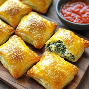 - 1 cup fresh spinach, finely chopped - 1 cup creamy ricotta cheese - 1 cup shredded mozzarella cheese - 1/2 cup grated Parmesan cheese - 1/4 teaspoon garlic powder - 1/4 teaspoon onion powder - Salt and black pepper to taste - 1 sheet of puff pastry, thawed - 1 egg, beaten (for egg wash) - Sesame seeds (optional, for garnish) To create these cheesy spinach puffs, start with fresh ingredients. Fresh spinach adds a bright flavor and nice texture. I love using ricotta cheese for its creaminess. The mozzarella melts beautifully, giving a gooey bite, while Parmesan adds a sharp taste. For seasonings, garlic and onion powder bring depth without overpowering the spinach. A pinch of salt and pepper enhances all the flavors. Puff pastry makes the puffs light and flaky. Make sure it is thawed before you use it. When you finish the puffs, the egg wash gives a shiny, golden finish. If you choose to add sesame seeds, they add a nice crunch. This combination of ingredients makes these puffs a tasty and fun snack. You can find the full recipe [here](#). - Preheat the oven to 400°F (200°C). - Line a baking sheet with parchment paper. - In a mixing bowl, combine: - 1 cup fresh spinach, finely chopped - 1 cup creamy ricotta cheese - 1 cup shredded mozzarella cheese - 1/2 cup grated Parmesan cheese - 1/4 teaspoon garlic powder - 1/4 teaspoon onion powder - Salt and black pepper to taste - Mix well until the filling is creamy and smooth. - Roll out the puff pastry on a floured surface. - Cut the pastry into squares, about 3 inches each. - Place a tablespoon of filling in the center of each square. - Fold the corners toward the center and pinch them shut. - Brush the tops with the beaten egg for a golden look. - Optionally, sprinkle sesame seeds on top. - Place the puffs in the oven and bake for 15-20 minutes. - Bake until they puff up and turn golden brown. For the full recipe, check the details above. Enjoy making these cheesy delights! To make great cheesy spinach puffs, start with thawed puff pastry. If it is still frozen, it will be hard to work with. Once thawed, roll it out to an even thickness. This helps it bake evenly and puff up nicely. You can boost the taste by adding herbs to your filling. Fresh herbs like dill or parsley can brighten up the dish. Also, try different cheeses in the mix. Feta or goat cheese can add a unique twist to the classic recipe. Presentation matters! Arrange your cheesy spinach puffs on a nice platter. This makes them look appealing. Pair them with dipping sauces like marinara or a fresh herb dip. These add flavor and make your snack even more enjoyable. For a pop of color, sprinkle some fresh parsley on top. Check the full recipe for more details! {{image_4}} You can change the flavor by adding fresh herbs. I love dill and parsley. They bring a nice taste. You might also swap ricotta cheese for feta or goat cheese. Each of these cheeses gives a unique twist. Want more texture? Chop sun-dried tomatoes or artichokes. They add a rich flavor. You can also add finely diced bell peppers. They give a nice crunch and color to your puffs. If you like heat, mix in red pepper flakes. They give a warm kick. You can also add jalapeños for extra spice. This makes the puffs exciting and bold. For the full recipe, check the [Full Recipe]. To store leftover Cheesy Spinach Puffs, place them in an airtight container. This keeps them fresh and prevents drying out. You can store them in the fridge for up to 3 days. When you're ready to eat, just reheat them in the oven for the best taste. If you want to freeze uncooked puffs, prepare them as usual but do not bake. Place the filled puffs on a baking tray and freeze them until firm. Once frozen, transfer them to a freezer-safe bag. You can keep them frozen for up to 3 months. To reheat, bake them directly from the freezer. Add a few extra minutes to the cooking time. To reheat puffs and keep them crispy, use the oven instead of a microwave. Preheat the oven to 350°F (175°C) and bake for about 10 minutes. This method helps to avoid sogginess. Also, avoid stacking puffs when storing, as this can cause them to lose their crunch. To make Cheesy Spinach Puffs from scratch, follow these steps: - Preheat your oven to 400°F (200°C). - Line a baking sheet with parchment paper. - In a bowl, mix 1 cup chopped spinach, 1 cup ricotta, 1 cup mozzarella, and 1/2 cup Parmesan. - Add 1/4 teaspoon garlic powder, 1/4 teaspoon onion powder, salt, and pepper. - Roll out puff pastry and cut it into 3-inch squares. - Place a spoonful of the filling on each square. - Fold and pinch the corners to seal. - Brush with beaten egg and sprinkle sesame seeds if you like. - Bake for 15-20 minutes until golden brown. For the full recipe, check the earlier section. Yes, you can use frozen spinach. It is a great time-saver. - Thaw and drain the spinach well to remove excess water. - Press it between paper towels to absorb moisture. - Use the same amount as fresh spinach, about 1 cup. This will keep your puffs from getting soggy. You can serve Cheesy Spinach Puffs with various dips and sides: - Marinara sauce for a classic pairing. - Herb dip for a fresh taste. - A side salad for added crunch and freshness. These options enhance the meal and make it even more enjoyable. Cheesy Spinach Puffs can last in the fridge for about 2-3 days. - Store them in an airtight container. - Reheat them in the oven to keep them crispy. Avoid microwaving, as it can make them soggy. Proper storage helps keep them fresh and tasty longer. In this post, I shared a simple way to make Cheesy Spinach Puffs. We covered fresh ingredients, easy steps, helpful tips, fun variations, and storage methods. These puffs are quick to prepare and taste great. Remember to try different cheeses and herbs for unique flavors. You can enjoy these puffs hot from the oven or save them for later. I hope you feel inspired to create your own tasty snacks!