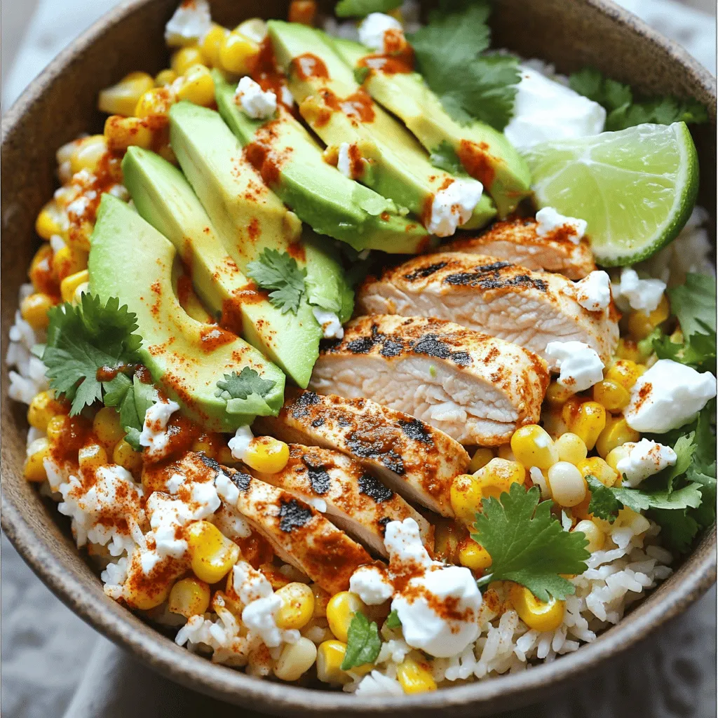 - 1 cup cooked jasmine rice - 2 chicken breasts, grilled to perfection and sliced - 1 cup sweet corn kernels (fresh or frozen) - 1 tablespoon olive oil - 1 teaspoon chili powder - Salt and freshly ground black pepper, to taste - 1/4 cup sour cream - 1 tablespoon hot sauce - 1/2 cup crumbled feta cheese When I create a Street Corn Chicken Rice Bowl, I love to start with simple yet fresh ingredients. The base of this bowl is jasmine rice. It gives a nice texture and flavor. Next, I use two grilled chicken breasts. They add protein and make the meal hearty. Sweet corn kernels bring a pop of sweetness. You can use fresh corn or frozen; both work well. For seasoning, I drizzle olive oil in a pan. It helps the corn to sauté nicely. I add chili powder for a mild kick. A pinch of salt and pepper rounds out the flavor. I also like to add some optional toppings. Sour cream adds creaminess, while hot sauce gives a spicy twist. Crumbled feta cheese brings a salty taste. It’s all about balancing flavors and textures. For the full recipe, check out the details above and enjoy crafting this delightful dish! - Sauté the corn in olive oil: Start by heating olive oil in a large skillet over medium-high heat. Add 1 cup of sweet corn kernels to the pan. Cook them for about 4-5 minutes. You want them to get a nice golden brown color. This step gives the corn a bit of char and adds a deep flavor. - Season the corn with spices: Once the corn has that perfect char, season it. Sprinkle in 1 teaspoon of chili powder, 1/2 teaspoon of smoked paprika, and 1/2 teaspoon of garlic powder. Don’t forget to add a pinch of salt and pepper. Stir well and let it cook for 2 more minutes. This allows all the spices to mix in well, giving the corn a tasty kick. - Layer cooked jasmine rice as the base: Grab a serving bowl and scoop in 1 cup of cooked jasmine rice. Spread it evenly across the bottom. This rice will soak up all the flavors, making each bite special. - Add grilled chicken and sautéed corn: Next, slice 2 grilled chicken breasts and lay them over the rice. Then, take the sautéed corn and add it on top of the chicken. The mix of flavors from the chicken and corn makes this bowl truly satisfying. - Top with avocado and feta cheese: Slice a ripe avocado and arrange the pieces neatly on top. Then, sprinkle 1/2 cup of crumbled feta cheese over everything. These toppings add creaminess and a tangy flavor that balances the dish. - Squeeze lime juice and add cilantro: Finally, squeeze the juice of 1 lime all over the bowl. This fresh citrus flavor brightens the dish. Garnish with 1/4 cup of chopped fresh cilantro for an extra burst of flavor. Enjoy your Street Corn Chicken Rice Bowl right away for the best taste! For grilling chicken breasts, I recommend using medium-high heat. This helps cook the chicken evenly. First, marinate the chicken in olive oil, salt, and pepper. This adds flavor and helps keep the chicken juicy. Grill for about 6-7 minutes per side. Always check the internal temperature. It should reach 165°F for safe eating. Let the chicken rest for a few minutes before slicing. This helps keep the juices inside. To achieve the ideal char on corn, use fresh corn when possible. If using frozen corn, thaw it first. Heat olive oil in a skillet over medium-high heat. Add corn and let it cook without stirring for a few minutes. This helps develop that nice char. For adjusting spice levels, start with a small amount of chili powder. You can always add more if you want a kick. Taste as you go to find your perfect blend. For a vibrant display, use a large bowl to serve. First, layer the rice, then add the chicken and corn. Top with bright green avocado slices and crumbled feta. For garnishing, fresh cilantro adds a pop of color. You can also sprinkle some lime zest for extra flair. A squeeze of lime juice right before serving brightens the dish. It makes each bite fresh and exciting. This Street Corn Chicken Rice Bowl is not just tasty; it also looks beautiful on the table. Enjoy making it! You can find the full recipe [here](#). {{image_4}} You can change the Street Corn Chicken Rice Bowl to a vegetarian dish easily. Start by swapping the chicken with grilled vegetables. Zucchini, bell peppers, and mushrooms work well. These veggies add great flavor and texture. Another option is to use plant-based protein sources. Try tofu or tempeh for a hearty bite. You can marinate them with spices to boost the taste. This way, you still get a filling meal without meat. To take your bowl to the next level, consider adding other toppings. Jalapeños give a nice heat if you like spice. Black beans add protein and fiber, making the dish even more filling. Different cheeses can also change the flavor. Try cotija for a crumbly taste or pepper jack for a kick. These small changes can make your bowl unique and fun. You can serve the meal in different ways. One idea is to turn it into a burrito bowl. Just add all the ingredients in a larger bowl and mix them together. Mix in other grains like quinoa for added nutrition. Quinoa is light and fluffy, making a great base. This small change can change the whole dish while keeping it healthy. For the full recipe, check out the details above. To keep your Street Corn Chicken Rice Bowl fresh, store it in an airtight container. Refrigerate the bowl as soon as you finish eating. Try to eat leftovers within three days for the best taste. If you wait longer, the flavors may fade. When reheating, add a splash of water or broth to keep the rice moist. You can use a microwave or stovetop. For the microwave, heat in short bursts. Stir it frequently to avoid hot spots. If you use the stovetop, cover the pan with a lid to trap steam. This way, you won’t overcook the chicken or corn. For freezing, it’s best to separate the components. You can freeze rice, chicken, and corn in different bags. This helps keep each part fresh. They can last up to three months in the freezer. When you’re ready to eat, thaw overnight in the fridge before reheating. To make this bowl from scratch, follow these steps: 1. Cook the Rice: Start with 1 cup of jasmine rice. Cook it according to package instructions. 2. Grill the Chicken: Grill 2 chicken breasts until fully cooked. Slice them thinly. 3. Sauté the Corn: Heat 1 tablespoon of olive oil in a skillet. Add 1 cup of sweet corn. Cook until golden brown. 4. Season the Corn: Mix in chili powder, smoked paprika, garlic powder, salt, and pepper. Cook for 2 more minutes. 5. Layer the Bowl: In a bowl, place the jasmine rice as the base. Top with sliced chicken and sautéed corn. 6. Add Toppings: Include sliced avocado and crumbled feta cheese on top. 7. Finish with Freshness: Squeeze lime juice over the bowl and sprinkle with chopped cilantro. 8. Serve: Enjoy your Street Corn Chicken Rice Bowl right away! This process gives you a hearty meal with bright flavors. Yes, you can prepare this meal ahead of time. - Meal Prep: Cook the chicken and corn in advance. Store them in airtight containers in the fridge. - Storage: Keep the rice separately to prevent it from getting mushy. Store the toppings like avocado and feta cheese in a different container. - Timing: Consume within 3 days for the best taste. Reheat the chicken and corn before serving. This way, you can enjoy a quick, delicious meal during busy days. If you need a rice alternative, consider these options: - Brown Rice: Offers more fiber and a nutty flavor. - Quinoa: A protein-rich choice that cooks quickly. - Cauliflower Rice: A low-carb option that adds a fresh twist. Each of these substitutes works well with the other flavors in the dish. They keep the meal satisfying while adding unique textures. This blog post outlines how to create a delicious Street Corn Chicken Rice Bowl. You start with jasmine rice, grilled chicken, and sweet corn. Season it well, and add optional toppings like sour cream or feta for extra flavor. Remember, you can adjust the dish to match your taste and even go vegetarian. Use these tips for cooking and storing to enjoy your meal later. Simple steps lead to big flavor! Enjoy your cooking journey and make the dish your own!