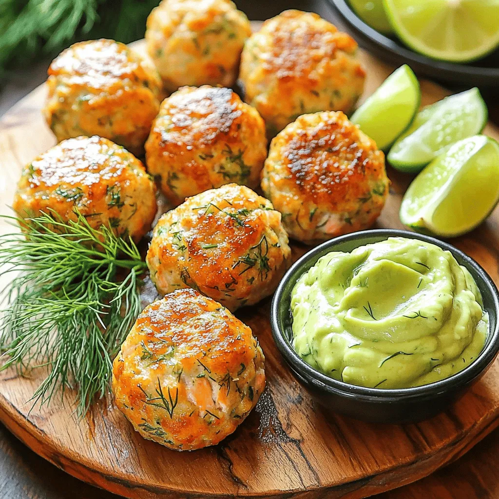 For this dish, you need 1 pound of fresh salmon fillet. Make sure to remove the skin. Fresh salmon gives the best taste and texture. You can use wild-caught salmon for added flavor. This is the star of your meatballs. Next, gather your dry ingredients: - 1/2 cup whole wheat breadcrumbs - 1/4 cup grated Parmesan cheese - 1 large egg - 2 cloves garlic, minced - 1 tablespoon fresh dill, finely chopped - 1 teaspoon lemon zest - Salt and black pepper to taste These ingredients help bind the salmon and add texture. The breadcrumbs keep the meatballs from being too dense. Parmesan cheese adds a nice salty flavor. Garlic and dill bring freshness, while lemon zest brightens everything up. For the creamy avocado sauce, you will need: - 1 medium ripe avocado - 1/2 cup plain Greek yogurt - 1 tablespoon freshly squeezed lime juice - 1 tablespoon fresh cilantro, chopped These wet ingredients give the sauce its creaminess and flavor. The avocado is rich and smooth, while Greek yogurt adds tang. Lime juice gives it a zesty kick, and cilantro adds freshness. You can find the full recipe for these delicious salmon meatballs with creamy avocado sauce at the beginning of this article. Start by preheating your oven to 375°F (190°C). This step is key for a perfect bake. Next, line a baking sheet with parchment paper. This keeps the meatballs from sticking. In a food processor, add the salmon fillet. Pulse it until it’s finely chopped, but don’t turn it into a puree. You want a chunky texture. In a large mixing bowl, combine the chopped salmon with whole wheat breadcrumbs, grated Parmesan cheese, and the egg. Add minced garlic, fresh dill, lemon zest, and a pinch of salt and black pepper. Mix all these ingredients well. Use your hands to form the mixture into meatballs, about 1.5 inches wide. Place them on the prepared baking sheet, making sure they have space around them. Bake the meatballs for 15 to 20 minutes. Keep an eye on them, and look for a golden brown color. To check if they’re done, use a meat thermometer. The internal temperature should reach 145°F (63°C). This ensures they are safe to eat and still juicy. While the meatballs bake, you can start preparing the creamy avocado sauce. In a blender, add the ripe avocado, Greek yogurt, freshly squeezed lime juice, and chopped cilantro. Toss in a pinch of salt for flavor. Blend until the mix is ultra-smooth and creamy. You may need to stop and scrape down the sides to blend everything evenly. When the meatballs are done baking, remove them from the oven. Let them cool on the baking sheet for a few minutes. This helps them firm up. Serve the salmon meatballs with the creamy avocado sauce drizzled on top or in a small bowl for dipping. For the complete recipe, check out the Full Recipe section. To make sure your salmon meatballs stay moist, use fresh salmon. Fresh salmon has fat that keeps the meatballs juicy. Avoid overmixing when combining the ingredients. Overmixing can lead to tough meatballs. Instead, mix gently until just combined. Also, let the meatballs rest for a few minutes after baking. This helps them firm up without drying out. You can add spice by using more herbs or seasonings. Try adding a pinch of smoked paprika or red pepper flakes for warmth. Fresh herbs like parsley or chives can also brighten the dish. When mixing, taste your mixture before forming meatballs. This way, you can adjust the salt or seasoning to your liking. For an extra layer of flavor, consider adding a squeeze of lemon juice into the mixture. How you serve your salmon meatballs can make a big difference. Use a large, colorful platter to catch the eye. Arrange the meatballs in a circle for a fun look. Drizzle the creamy avocado sauce over the meatballs right before serving. You can also place the sauce in a small bowl for dipping. Garnish your dish with fresh herbs and citrus wedges. This adds color and makes it look gourmet. For a full recipe, check out the complete guide. {{image_4}} You can switch up the salmon for other fish like trout or tuna. These fish work well with the same recipe and offer different flavors. If you want a plant-based option, use chickpeas instead of salmon. Just mash them and mix them with the same dry ingredients. You can also add spices or herbs to change the taste. Try smoked paprika for a smoky kick or cumin for a warm, earthy flavor. Serve these meatballs in many ways! You can place them on a bed of greens for a light meal. They also taste great in a soft taco with fresh salsa. For a fun twist, serve them with toothpicks as appetizers at a party. Drizzle extra creamy avocado sauce on top for added flavor. You can even pair them with rice or quinoa for a filling dish. To make this dish gluten-free, swap the whole wheat breadcrumbs for gluten-free breadcrumbs. You can also use almond flour or crushed gluten-free crackers. These options help keep the meatballs together while being safe for those with gluten sensitivities. Be sure to check the labels to avoid hidden gluten sources. Enjoy these meatballs worry-free while still enjoying great taste! For the complete recipe, check out the Full Recipe section. After you enjoy your salmon meatballs, store leftovers in an airtight container. Place them in the fridge right away. They will stay fresh for up to three days. Make sure they cool down before sealing. This helps keep them tasty. If you want to save some for later, freezing is a great option. First, cool the meatballs completely. Then, place them in a freezer-safe bag or container. You can freeze them for up to three months. Just remember to label the bag with the date. This way, you know when you made them. To reheat your salmon meatballs, use your oven for best results. Preheat it to 350°F (175°C). Place the meatballs on a baking sheet and heat for about 10-15 minutes. If you prefer a microwave, cover the meatballs with a damp paper towel. Heat them in short bursts until warm. Enjoy with the creamy avocado sauce from the Full Recipe. Yes, you can use canned salmon. It is a great option. Just make sure to drain it well. The flavor will still be good, but the texture may differ slightly. Canned salmon is often softer. If you use it, you may need to adjust the amount of breadcrumbs. This helps the meatballs hold their shape. You can check the meatballs in a few ways. The best method is to use a meat thermometer. The internal temperature should be 145°F (63°C). If you don’t have a thermometer, look for a nice golden brown color. The meatballs should feel firm to the touch. If they are not soft or mushy, they are likely done. Salmon meatballs pair well with many sides. Here are some tasty ideas: - Quinoa or rice for a hearty base - A fresh green salad for crunch - Roasted vegetables for extra flavor - Whole wheat pasta with a light sauce - Crusty bread to soak up the creamy avocado sauce Feel free to mix and match based on your taste. Enjoy your meal! For the full recipe, check [Full Recipe]. We discussed how to make tasty salmon meatballs in this post. First, you learned about fresh ingredients and the right seasonings. Then, I shared step-by-step instructions to prepare and bake the meatballs. You also got tips for making them moist and flavorful. Remember, there are fun variations and storage tips too. Enjoy experimenting with these ideas and make your meals special. Try new combinations and find what you love best. Cooking can be fun and rewarding when you use fresh ingredients!