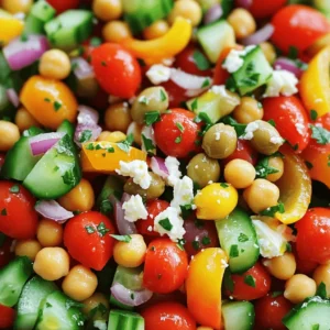 - 1 can (15 oz) chickpeas, thoroughly drained and rinsed - 1 cup cherry tomatoes, halved for a burst of flavor - 1 medium cucumber, diced into bite-sized pieces - 1/2 medium red onion, finely chopped for a hint of sweetness - 1/2 bell pepper (any color), diced for crunch and vibrancy - 1/2 cup Kalamata olives, pitted and halved for a briny kick - 1/3 cup feta cheese, crumbled for a creamy texture - 2 tablespoons fresh parsley, finely chopped for freshness Chickpeas are the star of this salad. They add protein and fiber. Fresh vegetables bring color and crunch. I love how cherry tomatoes burst in your mouth. The cucumber adds a refreshing bite. Red onion gives a slight sweet flavor. The bell pepper brings a nice crunch. Kalamata olives add a salty twist. Feta cheese rounds it out with creaminess. Fresh parsley brightens the dish. - 3 tablespoons extra virgin olive oil for richness - 2 tablespoons red wine vinegar (or substitute with lemon juice for a zesty twist) - 1 teaspoon dried oregano for aromatic flavor - Salt and freshly cracked black pepper to taste For the dressing, I use extra virgin olive oil for richness. Red wine vinegar adds a tangy kick. You can swap it with lemon juice for more zest. Dried oregano gives it an herby aroma. Salt and pepper enhance all the flavors. This dressing ties everything together in a delicious way. For the complete guide on making this salad, check out the Full Recipe. Start with the vegetables. For the Greek chickpea salad, you need fresh and crisp veggies. Rinse one can of chickpeas well. Drain them and set aside. Next, take one cup of cherry tomatoes. Cut these in half to release their juicy flavor. Grab one medium cucumber and dice it into small pieces. This adds a nice crunch to the mix. Now, take half a medium red onion. Chop it finely for a hint of sweetness that balances the salad. Then, grab half a bell pepper, any color you like. Dice it for a splash of color and crunch. Finally, add half a cup of Kalamata olives, pitted and halved. These bring a briny kick to every bite. Next, let’s make the dressing. In a small bowl, mix three tablespoons of extra virgin olive oil with two tablespoons of red wine vinegar. You can swap the vinegar with lemon juice for a zesty twist. Add one teaspoon of dried oregano for a fragrant touch. Season the mixture with a pinch of salt and freshly cracked black pepper. Whisk it all together until it blends well. This dressing will bring the salad to life. Now, it’s time to put everything together. Grab a large mixing bowl. Add the chickpeas, halved cherry tomatoes, diced cucumber, chopped red onion, diced bell pepper, and halved Kalamata olives. Toss these ingredients gently to mix them well. This ensures that every bite has a little bit of everything. Next, drizzle your dressing over the salad base. Gently toss the salad again to coat all the ingredients in that delicious dressing. Now, take one-third cup of crumbled feta cheese and fold it in. This adds a creamy texture. Also, sprinkle two tablespoons of finely chopped fresh parsley for brightness. Taste your salad and adjust the seasoning if needed. A bit more salt or a splash of lemon juice can enhance the flavor. To make the flavors pop, cover the bowl with plastic wrap and refrigerate it for at least 30 minutes. Chilling the salad lets the flavors meld together. It makes every bite more delicious. When ready to serve, take out your salad. For a pretty look, use a large, shallow platter. Garnish it with more parsley leaves and a sprinkle of feta on top. This adds a vibrant finish. You can also pair the salad with warm pita bread for a tasty Mediterranean meal. Vegan and Dairy-Free Options To make this Greek chickpea salad vegan, simply leave out the feta cheese. You can replace it with crumbled tofu or a vegan feta. Another great option is to add avocado for creaminess. This keeps the salad rich and satisfying without dairy. Gluten-Free Adaptations This salad is naturally gluten-free as it does not contain any grains. You can enjoy it as is. Always check the labels on your ingredients, especially the olives and dressing, to ensure they are gluten-free. Adding Fresh Herbs Fresh herbs can take your salad to the next level. Try adding dill or mint for a refreshing twist. These herbs pair well with the chickpeas and veggies, adding depth to each bite. Spice Adjustments Want to spice things up? You can add a pinch of red pepper flakes for heat. This simple addition can make a big difference. If you prefer a milder taste, skip the spice and focus on the fresh flavors of the vegetables. For the full recipe, check out the Greek Chickpea Salad Delight 🥗. Enjoy your cooking! {{image_4}} - Avocado for Creaminess Adding avocado makes this salad even richer. The creamy texture blends well with the crunch of the veggies. Simply dice one ripe avocado and fold it gently into the salad. It adds healthy fats and a smooth feel. - Roasted Red Peppers for Extra Flavor Roasted red peppers bring a sweet and smoky taste. You can buy them jarred or roast your own. Just chop them into strips and mix them in. They brighten the salad and add a pop of color. - Adding Grilled Chicken If you want more protein, grilled chicken works great. Use chicken breasts and grill them until cooked. Cut into slices and toss them in the salad. This makes it a filling meal that's still light. - Incorporating Quinoa Quinoa is a fantastic option for added protein. Cook it according to package instructions. Once cool, mix it into the salad. This tiny grain adds texture and makes the dish heartier. For more details, check out the Full Recipe. - Recommended Storage Containers: Use airtight containers to keep your salad fresh. Glass containers work well. They help you see the salad and are easy to clean. - Refrigeration Tips: Place the salad in the fridge right after serving. Make sure it's covered to keep it cool and fresh. This helps maintain flavor and texture. - Best Practices for Freshness: Store your Greek chickpea salad in the fridge for up to three days. The flavors will deepen over time, making it even tastier. - Signs of Spoilage: Look for changes in color or smell. If the salad starts to smell sour or looks mushy, it's time to toss it. Always trust your senses when checking freshness. For the full recipe, check the Greek Chickpea Salad Delight. Greek Chickpea Salad is a healthy choice. One serving has about 250 calories. It contains: - Protein: 10 grams - Carbohydrates: 30 grams - Fat: 12 grams - Fiber: 8 grams Chickpeas add fiber and protein. Fresh veggies give vitamins and minerals. Feta adds calcium. This salad is filling and good for you. Yes, you can prepare Greek Chickpea Salad ahead of time. It tastes better when the flavors mix. Here are some meal prep tips: - Make the salad a day before serving. - Store it in an airtight container. - Keep the dressing separate until serving to avoid sogginess. - Mix in the dressing just before you eat. This way, your salad stays fresh and tasty! Yes! Greek Chickpea Salad is gluten-free. Here’s how to check ingredients: - Chickpeas: Naturally gluten-free. - Vegetables: All fresh and gluten-free. - Feta Cheese: Check the label to ensure it’s free from gluten. - Olive Oil & Vinegar: Both are gluten-free. Always read labels to be sure. Enjoy your salad worry-free! Greek Chickpea Salad is a healthy, tasty mix of chickpeas, fresh veggies, and feta. You now know how to prep ingredients, make a simple dressing, and combine it all. Don’t forget to chill your salad for the best flavor! Try variations like adding grilled chicken or creamy avocado for extra goodness. Store leftovers properly to keep them fresh for longer. This dish is easy to make and great for meal prep. Enjoy creating your perfect Greek Chickpea Salad!