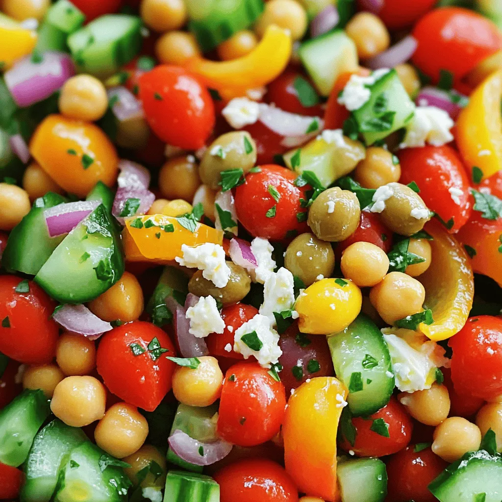 - 1 can (15 oz) chickpeas, thoroughly drained and rinsed - 1 cup cherry tomatoes, halved for a burst of flavor - 1 medium cucumber, diced into bite-sized pieces - 1/2 medium red onion, finely chopped for a hint of sweetness - 1/2 bell pepper (any color), diced for crunch and vibrancy - 1/2 cup Kalamata olives, pitted and halved for a briny kick - 1/3 cup feta cheese, crumbled for a creamy texture - 2 tablespoons fresh parsley, finely chopped for freshness Chickpeas are the star of this salad. They add protein and fiber. Fresh vegetables bring color and crunch. I love how cherry tomatoes burst in your mouth. The cucumber adds a refreshing bite. Red onion gives a slight sweet flavor. The bell pepper brings a nice crunch. Kalamata olives add a salty twist. Feta cheese rounds it out with creaminess. Fresh parsley brightens the dish. - 3 tablespoons extra virgin olive oil for richness - 2 tablespoons red wine vinegar (or substitute with lemon juice for a zesty twist) - 1 teaspoon dried oregano for aromatic flavor - Salt and freshly cracked black pepper to taste For the dressing, I use extra virgin olive oil for richness. Red wine vinegar adds a tangy kick. You can swap it with lemon juice for more zest. Dried oregano gives it an herby aroma. Salt and pepper enhance all the flavors. This dressing ties everything together in a delicious way. For the complete guide on making this salad, check out the Full Recipe. Start with the vegetables. For the Greek chickpea salad, you need fresh and crisp veggies. Rinse one can of chickpeas well. Drain them and set aside. Next, take one cup of cherry tomatoes. Cut these in half to release their juicy flavor. Grab one medium cucumber and dice it into small pieces. This adds a nice crunch to the mix. Now, take half a medium red onion. Chop it finely for a hint of sweetness that balances the salad. Then, grab half a bell pepper, any color you like. Dice it for a splash of color and crunch. Finally, add half a cup of Kalamata olives, pitted and halved. These bring a briny kick to every bite. Next, let’s make the dressing. In a small bowl, mix three tablespoons of extra virgin olive oil with two tablespoons of red wine vinegar. You can swap the vinegar with lemon juice for a zesty twist. Add one teaspoon of dried oregano for a fragrant touch. Season the mixture with a pinch of salt and freshly cracked black pepper. Whisk it all together until it blends well. This dressing will bring the salad to life. Now, it’s time to put everything together. Grab a large mixing bowl. Add the chickpeas, halved cherry tomatoes, diced cucumber, chopped red onion, diced bell pepper, and halved Kalamata olives. Toss these ingredients gently to mix them well. This ensures that every bite has a little bit of everything. Next, drizzle your dressing over the salad base. Gently toss the salad again to coat all the ingredients in that delicious dressing. Now, take one-third cup of crumbled feta cheese and fold it in. This adds a creamy texture. Also, sprinkle two tablespoons of finely chopped fresh parsley for brightness. Taste your salad and adjust the seasoning if needed. A bit more salt or a splash of lemon juice can enhance the flavor. To make the flavors pop, cover the bowl with plastic wrap and refrigerate it for at least 30 minutes. Chilling the salad lets the flavors meld together. It makes every bite more delicious. When ready to serve, take out your salad. For a pretty look, use a large, shallow platter. Garnish it with more parsley leaves and a sprinkle of feta on top. This adds a vibrant finish. You can also pair the salad with warm pita bread for a tasty Mediterranean meal. Vegan and Dairy-Free Options To make this Greek chickpea salad vegan, simply leave out the feta cheese. You can replace it with crumbled tofu or a vegan feta. Another great option is to add avocado for creaminess. This keeps the salad rich and satisfying without dairy. Gluten-Free Adaptations This salad is naturally gluten-free as it does not contain any grains. You can enjoy it as is. Always check the labels on your ingredients, especially the olives and dressing, to ensure they are gluten-free. Adding Fresh Herbs Fresh herbs can take your salad to the next level. Try adding dill or mint for a refreshing twist. These herbs pair well with the chickpeas and veggies, adding depth to each bite. Spice Adjustments Want to spice things up? You can add a pinch of red pepper flakes for heat. This simple addition can make a big difference. If you prefer a milder taste, skip the spice and focus on the fresh flavors of the vegetables. For the full recipe, check out the Greek Chickpea Salad Delight 🥗. Enjoy your cooking! {{image_4}} - Avocado for Creaminess Adding avocado makes this salad even richer. The creamy texture blends well with the crunch of the veggies. Simply dice one ripe avocado and fold it gently into the salad. It adds healthy fats and a smooth feel. - Roasted Red Peppers for Extra Flavor Roasted red peppers bring a sweet and smoky taste. You can buy them jarred or roast your own. Just chop them into strips and mix them in. They brighten the salad and add a pop of color. - Adding Grilled Chicken If you want more protein, grilled chicken works great. Use chicken breasts and grill them until cooked. Cut into slices and toss them in the salad. This makes it a filling meal that's still light. - Incorporating Quinoa Quinoa is a fantastic option for added protein. Cook it according to package instructions. Once cool, mix it into the salad. This tiny grain adds texture and makes the dish heartier. For more details, check out the Full Recipe. - Recommended Storage Containers: Use airtight containers to keep your salad fresh. Glass containers work well. They help you see the salad and are easy to clean. - Refrigeration Tips: Place the salad in the fridge right after serving. Make sure it's covered to keep it cool and fresh. This helps maintain flavor and texture. - Best Practices for Freshness: Store your Greek chickpea salad in the fridge for up to three days. The flavors will deepen over time, making it even tastier. - Signs of Spoilage: Look for changes in color or smell. If the salad starts to smell sour or looks mushy, it's time to toss it. Always trust your senses when checking freshness. For the full recipe, check the Greek Chickpea Salad Delight. Greek Chickpea Salad is a healthy choice. One serving has about 250 calories. It contains: - Protein: 10 grams - Carbohydrates: 30 grams - Fat: 12 grams - Fiber: 8 grams Chickpeas add fiber and protein. Fresh veggies give vitamins and minerals. Feta adds calcium. This salad is filling and good for you. Yes, you can prepare Greek Chickpea Salad ahead of time. It tastes better when the flavors mix. Here are some meal prep tips: - Make the salad a day before serving. - Store it in an airtight container. - Keep the dressing separate until serving to avoid sogginess. - Mix in the dressing just before you eat. This way, your salad stays fresh and tasty! Yes! Greek Chickpea Salad is gluten-free. Here’s how to check ingredients: - Chickpeas: Naturally gluten-free. - Vegetables: All fresh and gluten-free. - Feta Cheese: Check the label to ensure it’s free from gluten. - Olive Oil & Vinegar: Both are gluten-free. Always read labels to be sure. Enjoy your salad worry-free! Greek Chickpea Salad is a healthy, tasty mix of chickpeas, fresh veggies, and feta. You now know how to prep ingredients, make a simple dressing, and combine it all. Don’t forget to chill your salad for the best flavor! Try variations like adding grilled chicken or creamy avocado for extra goodness. Store leftovers properly to keep them fresh for longer. This dish is easy to make and great for meal prep. Enjoy creating your perfect Greek Chickpea Salad!