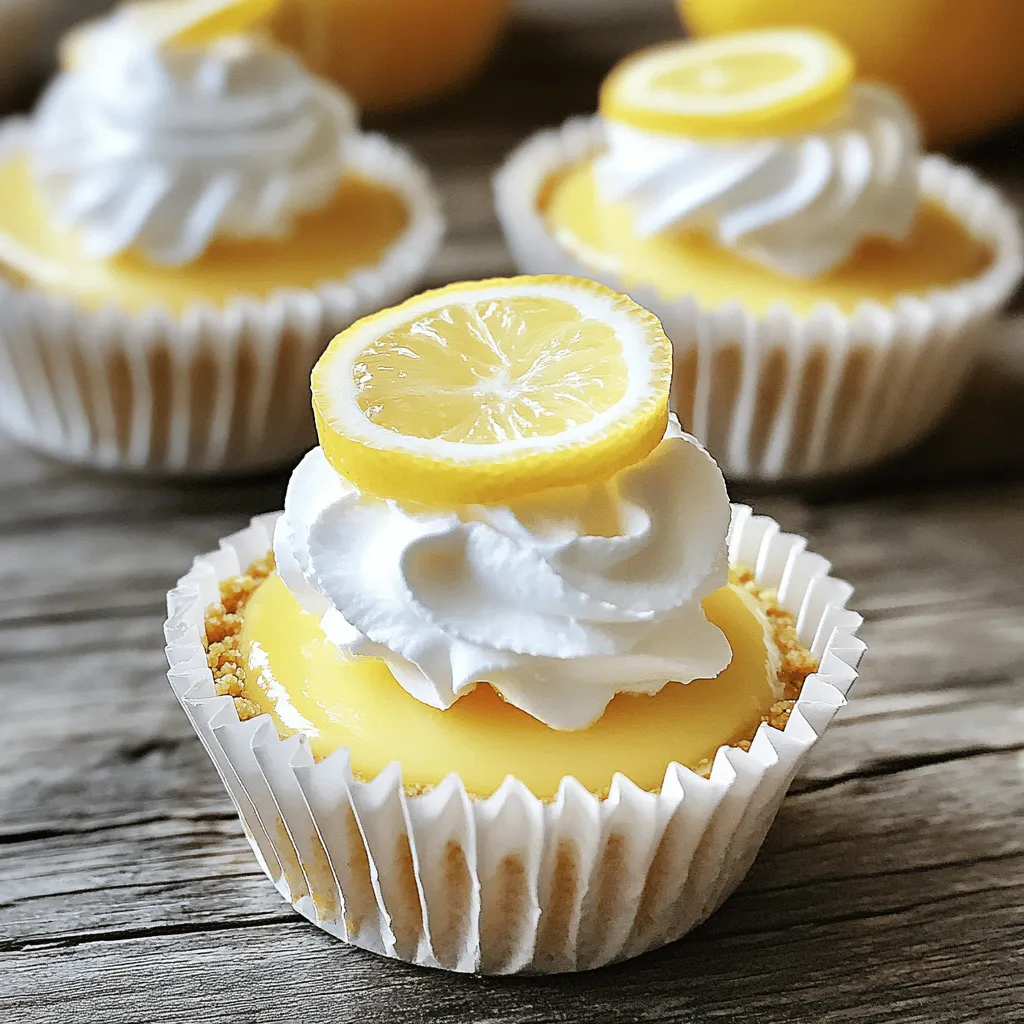 To make delicious mini lemon cheesecakes, gather these key ingredients: - 1 cup graham cracker crumbs - 1/4 cup unsalted butter, melted - 2 tablespoons granulated sugar - 16 oz cream cheese, softened - 1 cup powdered sugar - 2 large eggs - 1 tablespoon fresh lemon zest - 1/4 cup freshly squeezed lemon juice - 1 teaspoon pure vanilla extract These ingredients create a balance of sweet and tart flavors. The cream cheese gives the cheesecake its rich texture, while the lemon adds a bright touch. Remember, using room temperature cream cheese helps blend everything smoothly. You can elevate your mini cheesecakes with these optional garnishes: - Whipped cream - Lemon slices Adding whipped cream gives a light, airy feel. Lemon slices add a fresh look and a hint of extra citrus flavor. Feel free to get creative with toppings! To make your mini cheesecakes, you'll need some basic tools: - Muffin tin - Paper liners - Mixing bowls - Electric mixer - Measuring cups and spoons - Spoon or spatula Having these tools ready will help your cooking process run smoothly. The muffin tin shapes your cheesecakes perfectly, while the electric mixer ensures a creamy filling. Once you have everything, you’re ready to start your baking adventure! First, we need to set the stage for our mini lemon cheesecakes. Preheat your oven to 325°F (160°C). This temperature helps the cheesecakes bake evenly. While the oven warms up, grab a muffin tin and line it with paper liners. The liners stop the cheesecakes from sticking. This step helps make serving easier. Now, let’s create the crust. In a medium mixing bowl, combine: - 1 cup graham cracker crumbs - 1/4 cup unsalted butter, melted - 2 tablespoons granulated sugar Stir the crumbs, butter, and sugar until the crumbs feel moist. Take about 1 tablespoon of this mixture and press it into each muffin liner. Use a spoon or your fingers to pack it tightly. A solid base makes a great foundation for our creamy filling. Next, we’ll prepare the cream cheese filling. In a large mixing bowl, beat: - 16 oz cream cheese, softened Mix it until it’s smooth and creamy. This step is key for a lump-free filling. Gradually add: - 1 cup powdered sugar Blend these until fluffy. Then, add in: - 2 large eggs (one at a time) - 1 tablespoon fresh lemon zest - 1/4 cup freshly squeezed lemon juice - 1 teaspoon pure vanilla extract Mix until all is well combined. The filling should look rich and creamy. Now, let's fill those crusts! Carefully pour the cream cheese mixture over the crusts. Fill each liner about 3/4 full. This space allows the cheesecakes to rise a bit. Place the muffin tin in the preheated oven. Bake for 18-20 minutes. You want the centers to be set but still slightly jiggly. After they bake, take them out and let them cool to room temperature. Once cooled, put them in the fridge for at least 2 hours. This helps them set properly. When ready, feel free to garnish with whipped cream and slices of lemon for a fresh touch. Enjoy your mini lemon cheesecakes! For the complete recipe, check [Full Recipe]. To make the best mini lemon cheesecakes, start with room-temperature cream cheese. Cold cream cheese is hard to mix, and it can lead to lumps. Use an electric mixer to beat the cream cheese until it is smooth and creamy. This step is key. Make sure to scrape the bowl to mix all the cream cheese evenly. The texture of your mini cheesecakes should be light and fluffy. Be careful not to over-mix once you add the eggs. Mix just until combined. If you over-mix, your cheesecakes can become dense. Also, bake your cheesecakes until the centers jiggle slightly. This tells you they are perfectly cooked. One common mistake is not cooling the cheesecakes properly. After baking, let them cool at room temperature first. Chilling right away can cause cracks. Another mistake is filling the crusts too full. Fill them about three-quarters full to allow for rising. Finally, always use fresh lemon juice and zest for the best flavor. Don't skip this step. For the full recipe, check out the details above. {{image_4}} You can switch up the flavor of mini lemon cheesecakes in fun ways. Try using berries, like strawberries or blueberries. Just blend in some berry puree into the cream cheese mix. Chocolate is another great choice. Melt dark chocolate and fold it into the filling for a rich twist. You can even combine flavors, like lemon and raspberry, for a bright treat. Want a lighter version? Consider using Greek yogurt instead of cream cheese. It gives a tangy taste and cuts down on fat. You can swap granulated sugar for honey or maple syrup. This adds sweetness and a unique flavor. For the crust, use almond flour or oats instead of graham crackers. These options are gluten-free and packed with nutrients. Serve your mini cheesecakes with fresh fruit for a vibrant touch. Slices of strawberries, blueberries, or kiwi look beautiful on top. You could also drizzle some berry sauce or chocolate sauce over them. This adds flavor and makes your dessert pop. Try pairing them with a scoop of vanilla ice cream for a creamy contrast. Get the full recipe to make these delicious mini lemon cheesecakes and explore endless variations! To keep your mini lemon cheesecakes fresh, use a sealed container. Place them in the fridge. They will stay good for about five days. Make sure to separate layers with parchment paper. This prevents sticking. If you have toppings, add them right before serving. You can freeze these cheesecakes for later. Wrap each cheesecake in plastic wrap. Then, place them in a freezer bag. This keeps them safe from freezer burn. They will stay fresh for up to three months. When you want to enjoy them, just take them out and thaw in the fridge overnight. These mini cheesecakes taste best cold. However, if you enjoy them warm, you can reheat them gently. Use a microwave and heat for about 10-15 seconds. Avoid overheating, as it can change the texture. Enjoy them fresh from the fridge for a fluffy and tart delight. For the full recipe, refer to the earlier section. You can tell when the mini cheesecakes are done by checking the centers. They should look set but still jiggle slightly when you shake the pan. This slight jiggle means they will firm up as they cool. If they are too wobbly, they need more baking time. Yes, you can use alternative sweeteners like stevia or monk fruit. Keep in mind that these sweeteners can change the taste and texture. Start with half the amount of your chosen sweetener, then adjust to your taste. If you want a dairy-free option, you can use cashew cream or tofu. For a lower-fat choice, try Greek yogurt. Make sure the substitute is thick and creamy to get the right texture. To avoid cracks, do not overmix your batter. Also, bake at a lower temperature and avoid opening the oven during baking. Cooling the cheesecakes slowly in the oven helps too. Yes, you can make these mini cheesecakes a day in advance. Just store them in the fridge after they cool. They taste even better after chilling overnight, as the flavors blend nicely. Check the Full Recipe for more tips! In this blog post, we explored how to make mini cheesecakes from start to finish. We covered key ingredients, step-by-step instructions, and valuable tips for success. We also shared variations to try and essential storage tips. Remember, each cheesecake can be a fun twist on the classic. With practice, you can master this simple yet rewarding dessert. Enjoy the process and happy baking!