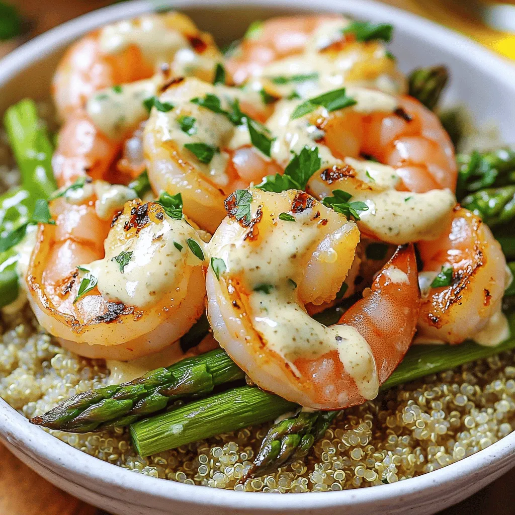 - 1 lb large shrimp, peeled and deveined - 1 bunch asparagus, trimmed and cut into 2-inch pieces - 1 cup cooked quinoa (or rice) - 3 tablespoons extra virgin olive oil - 2 teaspoons smoked paprika - 1 teaspoon garlic powder - Sea salt and freshly cracked black pepper to taste - 1/2 cup thick Greek yogurt - 2 cloves garlic, finely minced - 1 tablespoon freshly squeezed lemon juice - 1 tablespoon fresh parsley, finely chopped When making the grilled shrimp bowl, choose fresh, high-quality shrimp for the best taste. Peel and devein them carefully. Asparagus adds crunch and color, so pick bright green stalks. For grains, I love quinoa, but rice works too. The seasoning is key. Olive oil enhances flavors and helps the shrimp char nicely. Smoked paprika gives a rich taste, while garlic powder adds depth. Adjust salt and pepper to your liking. Now, let’s talk about the creamy garlic sauce. Thick Greek yogurt serves as a great base. It adds creaminess without being heavy. Fresh garlic brings a bold kick, and lemon juice balances it all. The parsley adds a fresh touch and color to the dish. For the full recipe, check out the complete instructions above! Combine the shrimp with olive oil, smoked paprika, garlic powder, salt, and pepper. I like to use my hands to mix everything well. This way, the shrimp get coated evenly. Let them sit for 15 minutes. This allows the flavors to blend and soak in. In a bowl, toss the asparagus with olive oil, salt, and pepper. Make sure every piece is coated lightly. This will help them grill nicely and taste great. First, preheat your grill over medium-high heat. Once hot, place the shrimp on the grill. Grill them for about 2-3 minutes on each side. They will turn pink and slightly charred when done. After that, add the asparagus to the grill. Grill them for around 4-5 minutes until they are tender and have nice grill marks. In a small bowl, whisk together Greek yogurt, minced garlic, lemon juice, and a pinch of salt. Keep mixing until the sauce is smooth and creamy. You can adjust the seasoning if needed. Start by adding a base of cooked quinoa or rice to each bowl. Then, layer the grilled shrimp and asparagus on top. Drizzle the creamy garlic sauce generously over the dish. Finish by garnishing with fresh parsley. This adds color and a burst of flavor. Enjoy your meal! For the full recipe, refer to [Full Recipe]. To achieve the best flavor, preheat your grill. A hot grill gives shrimp a nice char. If you overcrowd the grill, your shrimp and asparagus won't cook evenly. Give them space to breathe and get that beautiful, smoky flavor. Mix things up with your sauce! You can use low-fat yogurt instead of Greek yogurt. Adding herbs like dill or chives can brighten the flavor. If you want a twist, swap lemon juice for lime juice. This small change can add a fresh zing to your dish. Marinate the shrimp a few hours before cooking. This extra time helps the flavors soak in. You can also prep the asparagus and sauce in advance. Doing this allows for a quick assembly when it's time to eat. Just grab all the components, and your meal will be ready in no time! For the full recipe, check out the main section. {{image_4}} You can easily change the protein in this bowl. Grilled chicken is a great swap for shrimp. It is juicy and has a mild taste. Tofu is another option if you want a plant-based protein. It soaks up flavors well. For a seafood twist, try scallops. They grill nicely and add a sweet taste. The grain you choose can change the dish. If you want a different base, swap quinoa for brown rice. Couscous is also a quick option that cooks fast. Cauliflower rice is a great choice if you want a low-carb option. Each grain brings a unique texture to your bowl. The veggies don’t have to stop at asparagus. You can use zucchini, which grills well and has a nice crunch. Bell peppers add color and sweetness. Broccoli is another great choice and provides a hearty bite. Each veggie brings its own flavor to the dish. For the full recipe, check out the earlier section. Refrigerate leftovers in an airtight container for up to 2 days. This keeps the shrimp and asparagus fresh. If you plan to use the leftovers, make sure to cool them first before sealing the container. Reheat in a microwave or on a skillet for best texture. If using a microwave, heat in short bursts. This way, you avoid overcooking the shrimp. On a skillet, add a little oil to keep everything moist. Consider freezing grilled shrimp and asparagus separately for longer storage. Place them in airtight bags or containers. This method helps keep the flavors intact. When ready to eat, thaw in the fridge overnight and reheat as needed. Shrimp turn pink and opaque when fully cooked. This change is easy to spot. The shrimp should also feel firm to the touch. If you notice a slight curl, that is a good sign too. Avoid overcooking them, as they can become tough. Yes, prep components a day prior and assemble before serving. You can marinate the shrimp ahead of time for deeper flavors. Chop the asparagus and make the creamy garlic sauce in advance. Store them separately in the fridge. This makes it easy to put together your meal right when you need it. Use sour cream or a plant-based yogurt for dairy-free options. You can also try cream cheese for a richer taste. Each option will give a different flavor, so pick what you enjoy most. Marinate for longer, or add other spices like cumin or chili powder. You can also try using fresh herbs like cilantro or dill for a fresh touch. The longer you let the shrimp soak in the marinade, the more flavor they will absorb. This blog post shared a simple and tasty way to grill shrimp and asparagus. I outlined key ingredients, including shrimp, asparagus, quinoa, and a creamy garlic sauce. You learned how to marinate and grill the shrimp and asparagus for a quick dinner. Tips on variations and storage give you options to mix things up. Try making this dish your own with different proteins or grains. Enjoy these healthy meals, and your taste buds will thank you!