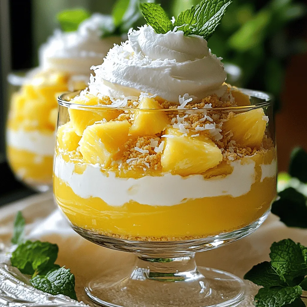 To make the Pineapple Dream Dessert, you will need a few simple ingredients. Each one plays a key role in creating this creamy, tropical delight. - 1 ripe pineapple, peeled and diced - 1 cup cream cheese, softened - 1 cup heavy whipped cream - ½ cup powdered sugar - 1 teaspoon pure vanilla extract - 1 cup crushed graham crackers - ½ cup unsweetened flaked coconut - Fresh mint leaves for garnish This list is straightforward, but every item adds to the flavor and texture. The ripe pineapple gives a sweet and tangy taste that pairs perfectly with the creamy filling. The cream cheese adds richness, while the heavy whipped cream keeps the dessert light. Powdered sugar sweetens the mix, and vanilla adds depth. Crushed graham crackers create a base that adds crunch. Unsweetened coconut gives a tropical feel without overwhelming sweetness. Finally, fresh mint leaves not only look great but also add a bright burst of flavor. For the full recipe, follow the detailed steps to bring this dessert to life. You will impress your friends and family with this treat! To start, you need to make the cream cheese base. First, take the softened cream cheese and place it in a large bowl. Use an electric mixer on medium speed. Mix until it is creamy and smooth. Make sure there are no lumps left. This step is key for a great texture. Next, add the powdered sugar. Do this slowly, a little at a time. This helps blend it well into the cream cheese. Then, add the vanilla extract. This gives your dessert a lovely flavor. Mixing on low speed keeps the texture smooth. Now, it’s time to fold in the whipped cream. Use a spatula for this part. Gently lift and fold the whipped cream into the cream cheese mix. Be careful not to deflate it. You want to keep the light and fluffy texture. In a different bowl, take the diced pineapple and add coconut flakes. Mix them well so the pineapple is coated with coconut. This step is important for keeping the fresh flavors. It adds a nice tropical taste to your dessert. When layering, start with half of the crushed graham crackers. Spread them evenly at the bottom of your dish. This base adds a nice crunch. Next, spoon half of the cream cheese mixture on top. Smooth it out gently. Then, layer half of the pineapple and coconut mix over that. Spread it out evenly, too. This creates a balanced flavor in every bite. Once you have all the layers, cover the dessert with plastic wrap. Place it in the fridge for at least 2 hours. This chilling time lets the flavors mix well. It also helps the dessert set up nicely. When you are ready to serve, it should be cold and firm, making every bite refreshing. To whip cream effectively, use cold heavy cream. Start with a clean bowl and beaters. Whip on medium speed until soft peaks form. Avoid over-whipping, as it can turn grainy. For cream cheese, let it soften at room temperature. This makes it easier to mix. Use an electric mixer to beat it until creamy. Mix until no lumps remain for the best texture. Pineapple Dream Dessert shines at summer parties and family gatherings. It is a perfect treat after a barbecue or picnic. You can also serve it at birthdays or holidays. Pair this dessert with refreshing drinks like iced tea or lemonade. A light tropical cocktail or sparkling water also complements it well. You might even try it with a scoop of vanilla ice cream for a treat. To enhance visual appeal, use clear cups for serving. Show off the beautiful layers of the dessert. Sprinkle extra coconut flakes on top for added texture. If fresh mint leaves are hard to find, try edible flowers. They add color and charm. You can also use citrus slices for a zesty touch. {{image_4}} You can easily switch things up with tropical add-ins. Try adding diced mango or kiwi for a fun twist. These fruits bring their own sweetness and bright color. You can also top your dessert with chocolate chips for a rich flavor. This adds a nice crunch and a hint of chocolate to balance the pineapple's tartness. If you need gluten-free options, look for gluten-free graham crackers. Many stores sell them now. This way, everyone can enjoy the dessert without worry. For those wanting dairy-free, use coconut cream instead of heavy cream. It gives a lovely coconut flavor that pairs well with pineapple. There are also dairy-free cream cheese options available that work great. You can adapt this dessert for every season. In spring, add fresh berries like strawberries or blueberries. For summer, blend in some peaches or cherries. In fall, consider a spiced pumpkin layer for a warm touch. You can even make it feel festive by adding crushed candy canes for a holiday theme. Just swap the pineapple for some festive fruits to match the season. For the full recipe, check out the complete guide to making this delightful treat! To keep your Pineapple Dream Dessert fresh, refrigerate it right away. Place it in an airtight container. This helps prevent it from absorbing other fridge odors. You can also store it in individual portions. This way, you can grab a sweet treat anytime. Yes, you can freeze Pineapple Dream Dessert! To do this, cover it well with plastic wrap or foil. Use a freezer-safe container to avoid freezer burn. When ready to eat, thaw it in the fridge overnight. This keeps the texture nice. Serve it cold for a refreshing taste. In the refrigerator, the dessert lasts about 3 to 5 days. After that, it may lose its flavor and texture. Signs it has gone bad include a sour smell or liquid separation. If you see any mold, it's time to toss it. Enjoy your Pineapple Dream Dessert while it's fresh for the best experience! Pineapple Dream Dessert is a light, creamy treat. It combines sweet pineapple, smooth cream cheese, and fluffy whipped cream. You get a lovely blend of tropical flavors and textures. The dessert has a crunchy base made from graham crackers and a hint of coconut. This mix creates a fun and tasty experience for your taste buds. Yes, you can make this dessert ahead of time. It is best to prepare it at least two hours before serving. This gives the flavors time to blend. You can also make it a day in advance. Just keep it covered in the fridge until you are ready to serve. You can use sugar substitutes like stevia or monk fruit sweetener. These options help cut down on sugar and calories. You can also use unsweetened whipped cream. This keeps the dessert tasty and lower in sugar without losing flavor. Yes, this dessert is safe for children. It uses common ingredients that most kids enjoy. Just be sure to check for any allergies, especially to dairy or nuts. The dessert is also a fun way to introduce kids to tropical fruits. Yes, you can use canned pineapple. Just make sure to drain it well. Canned pineapple is convenient and still tasty. However, fresh pineapple gives a brighter flavor. If you prefer, try a mix of both for added taste. To make it richer, add chocolate chips or a drizzle of chocolate sauce. You can also layer in extra coconut or use a thicker cream cheese. For a special touch, top with whipped cream and a sprinkle of toasted coconut. These additions make the dessert even more indulgent. This blog post guides you through making a tasty Pineapple Dream Dessert. We covered the ingredients, preparation steps, and tips for the best texture. You can modify the recipe with seasonal fruits or make dietary swaps. Remember to store leftovers properly for the best taste later. Enjoy creating this delightful treat for any occasion. It's sure to impress everyone at your gathering. Dive in and have fun experimenting with the recipe!