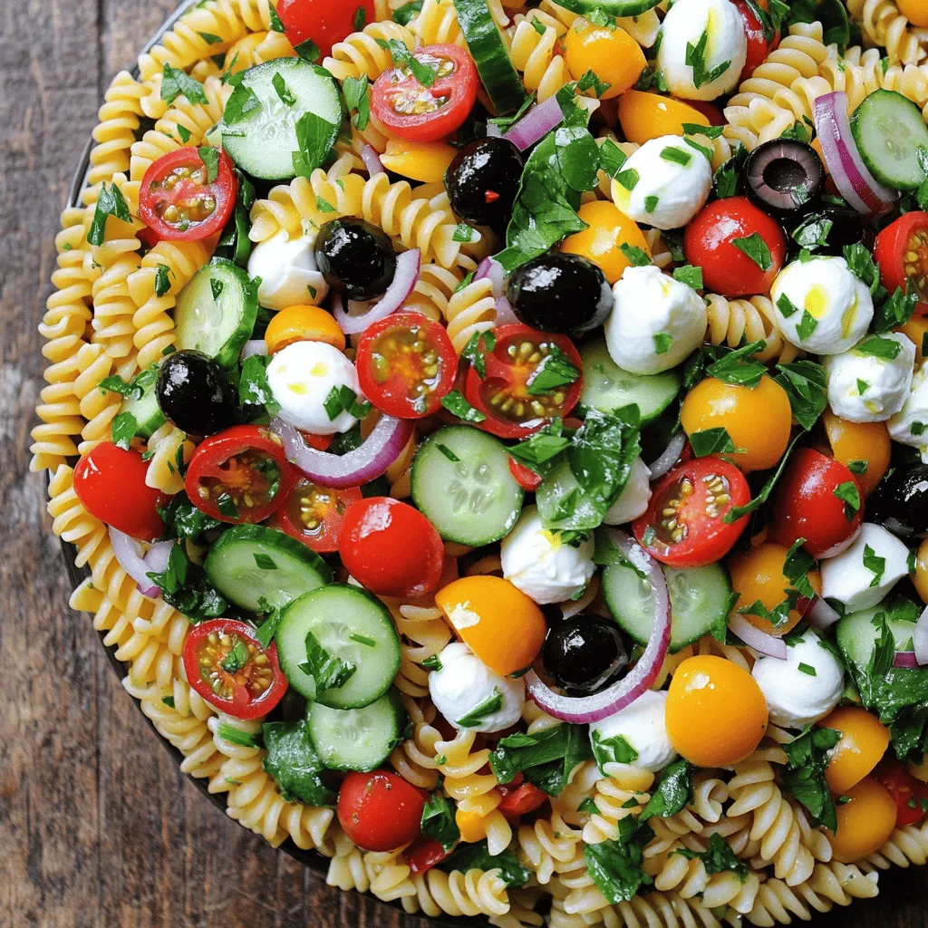 - Pasta type: I love using rotini pasta for this salad. Its spiral shape holds the dressing well. You can also use penne or fusilli if you prefer. - Fresh vegetables: Freshness is key! I recommend cherry tomatoes, cucumbers, and bell peppers. Slice the tomatoes in half and dice the cucumbers and peppers into small pieces. Add baby spinach for a nice crunch. - Dressing components: The dressing ties everything together. I use extra-virgin olive oil and red wine vinegar to create a bright flavor. Italian seasoning adds depth. Always season with salt and fresh black pepper to taste. For a twist, try apple cider vinegar instead of red wine vinegar. For the full recipe, check out the details above. Each ingredient plays a role in making this salad both fresh and flavorful. To start, bring a large pot of salted water to a boil. Adding salt enhances the pasta's flavor. Once boiling, add 8 oz of rotini pasta. Cook it until it's al dente, about 8-10 minutes. Al dente means the pasta is firm but not hard. This texture holds up well in a salad. When the pasta is ready, drain it in a colander. After draining, rinse it under cold running water. Rinsing stops the cooking and cools the pasta down quickly. This step also helps the pasta not stick together. Next, grab a large mixing bowl. Start adding the cooled pasta. Then, add 1 cup of halved cherry tomatoes, 1 diced cucumber, and 1 diced bell pepper. Toss in 1 cup of roughly chopped baby spinach, 1/2 cup of sliced black olives, and 1/2 cup of halved mozzarella balls. Add 1/4 cup of finely chopped red onion and 1/4 cup of fresh parsley. Mixing the ingredients in this order helps each one blend well. Use a spatula or your hands to gently mix everything. This ensures an even distribution of colors and flavors. In a small bowl, combine 1/4 cup of extra-virgin olive oil and 2 tablespoons of red wine vinegar. You can also use apple cider vinegar for a different taste. Add 1 teaspoon of Italian seasoning and a pinch of salt and black pepper. Whisk the mixture until it is well combined. A good whisking helps create an emulsion, meaning the oil and vinegar blend smoothly. Pour the dressing over the salad and mix again. Make sure every part of the salad gets coated in the dressing. This step is key for flavor. Cover the bowl and chill in the fridge for at least 30 minutes. This waiting time allows the flavors to meld beautifully. Enjoy your delicious, fresh Grinder Pasta Salad! For the full recipe, check out the sections above. To boost the taste of your Grinder Pasta Salad, try adjusting the seasoning. You can add more salt or pepper to make it pop. Fresh herbs like basil or dill can also elevate flavors. Consider adding a squeeze of lemon juice for brightness. If you want some crunch, toss in some toasted nuts or seeds. For richness, add diced avocado or a sprinkle of feta cheese. Using a grinder can make your prep easy and fun. Start by cutting your veggies into smaller pieces. This helps the grinder work better. Always use the safety guard that comes with your grinder. It protects your fingers while you chop. Make sure to clean your grinder after each use. This keeps it in good shape for the next time. Prepping ingredients ahead of time saves you lots of moments. You can chop your veggies a day before. Store them in the fridge for freshness. You can also buy pre-chopped veggies for ease. Frozen vegetables work great too. Just let them thaw before adding to your salad. This way, you can whip up your Grinder Pasta Salad in no time. For the full recipe, check the earlier section. {{image_4}} You can switch up the pasta in your salad. Try using penne, fusilli, or even whole wheat pasta. If you need a gluten-free option, use brown rice pasta or chickpea pasta. These alternatives keep the salad fun and tasty. In addition to pasta, fresh seasonal veggies can enhance the flavor. Try adding fresh corn in summer or roasted butternut squash in fall. You can also use arugula or kale for a spicy twist. These options let you enjoy the salad all year long. While Italian dressing is classic, you can explore new flavors. Try a lemon vinaigrette for a bright taste. A creamy ranch dressing can add a rich touch. You can even make a spicy sriracha dressing for those who love heat. Adding spices can change the whole vibe of your salad. Consider a sprinkle of cumin for a Middle Eastern flair. Or use smoked paprika for a Southern twist. These small changes can take your salad to the next level. If you want a protein-packed salad, there are many options. Grilled chicken or shrimp can add heartiness. For a vegetarian version, try chickpeas or black beans. They add texture and protein without meat. If you prefer vegan options, consider adding tofu or tempeh. These ingredients soak up flavors well. You can also toss in nuts or seeds for crunch. Each choice boosts the nutrition of your pasta salad while keeping it enjoyable. For the complete recipe, check out the Full Recipe section. To keep your grinder pasta salad fresh, use airtight containers. Glass or plastic containers work well. Make sure to cover the salad tightly to avoid air exposure. You can store it in the fridge for up to three days. Can you freeze pasta salad? Yes, but it changes the texture. The vegetables may get mushy when thawed. If you want to freeze it, leave out the fresh veggies. Instead, add them after thawing for a better crunch. Look for changes in smell or color. If it smells sour or has a slimy texture, throw it away. Always trust your senses when it comes to food safety. If in doubt, don’t eat it! You can store pasta salad in the fridge for about three to five days. Always use an airtight container. Make sure to check for any off smells or changes in texture before eating. Keeping it cold helps keep it fresh and tasty. Yes, making Grinder Pasta Salad a day ahead is a great idea. The flavors blend better when it sits overnight. This makes it even more delicious when you serve it. Just remember to cover it well and store it in the fridge. For this salad, a box grater works well for cheese and veggies. A manual food grinder can also chop ingredients nicely. Choose one that fits your comfort level and skill. It’s good to have a sharp blade for clean cuts. You can use a food processor, but there are pros and cons. It saves time and is easy to use. However, it can chop too finely, which may change the texture. If you prefer a coarser chop, manual grinding is better. Grinder pasta salad combines simple ingredients with easy steps. Use the right pasta, fresh veggies, and a balanced dressing for great taste. Remember to cook your pasta al dente and rinse it well. Mix everything in a specific order for even flavor. With tips on enhancing flavors and storage, you can make this salad a hit. Try different ingredients, dressings, and protein options for variety. Enjoy your pasta salad today and experiment with new flavors tomorrow!