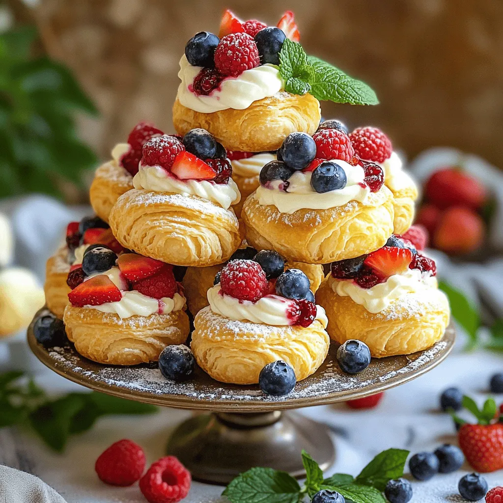 - All-purpose flour - Unsalted butter - Water - Large eggs - Heavy cream - Powdered sugar - Vanilla extract - Mixed berries - Lemon zest - Pinch of salt To make 12-15 pastry balls, you will need specific amounts: - 1 cup all-purpose flour - 1/2 cup unsalted butter, cut into cubes - 1 cup water - 3 large eggs at room temperature - 1 cup heavy cream, chilled - 1/4 cup powdered sugar, plus extra for dusting - 1 teaspoon pure vanilla extract - 1 cup mixed berries (strawberries, blueberries, raspberries), chopped if large - Zest of 1 lemon - Pinch of salt When measuring, use dry measuring cups for flour and sugar. For liquids, use a liquid measuring cup. This ensures accuracy and keeps your pastries light and fluffy. For the best taste, choose quality brands. I like King Arthur Flour for all-purpose flour. It has great texture. If you're gluten-free, try Bob's Red Mill gluten-free flour blend. It works well in most recipes. Using fresh, high-quality berries makes a big difference in flavor. For heavy cream, I recommend organic brands, as they whip up better and taste richer. Start by cooking the butter and water mixture. In a medium saucepan, combine 1 cup of water, 1/2 cup of cubed unsalted butter, and a pinch of salt. Heat this mixture over medium heat. Stir it occasionally until it boils, and the butter melts. Next, add flour to form the dough. Once the mixture reaches a rolling boil, remove it from heat. Quickly add 1 cup of all-purpose flour all at once. Stir hard with a wooden spoon until the dough pulls away from the pan sides. Let the dough cool for about 5 minutes. Now, let’s incorporate eggs correctly. After cooling, add 3 large eggs, one at a time. Mix well after each addition. You want the dough to turn smooth and glossy. Temperature matters here. Make sure your eggs are at room temperature. This helps the dough mix well and gives the pastries a better rise. Preheat your oven to 400°F (200°C). Pipe small balls of dough onto a lined baking sheet. Each ball should be about 1 inch in diameter, leaving space for puffing. Bake the pastries for 20-25 minutes. They should puff and turn golden brown. Avoid opening the oven door while baking, or they might deflate. Let them cool completely on a wire rack after baking. To make the cream filling, start whipping the heavy cream in a bowl. Whip until it thickens slightly. Gradually add 1/4 cup of powdered sugar, 1 teaspoon of vanilla extract, and zest of 1 lemon. Keep whipping until you see stiff peaks. This airiness is key for a light filling. After the pastries cool, cut a small slit in each one. Use a piping bag fitted with a small tip to fill the pastries with the whipped cream. Fill them generously to ensure every bite is creamy. For the berries, mix assorted berries in a bowl. I love using strawberries, blueberries, and raspberries. Carefully stuff a few berries into each pastry. This adds a burst of flavor that pairs perfectly with the cream. With these steps, you can create delightful cream and berry-filled pastry balls. For a detailed guide, check the Full Recipe. To make great pastry balls, avoid a few common mistakes. First, always measure your flour. Too much flour makes the dough dry. Also, ensure your butter is fully melted before adding flour. If not, the dough won't form well. Keep the oven door closed while baking. Opening the door lets heat escape and can cause deflation. Every oven is different, so adjust baking time as needed. Check for golden brown color to know when they are done. To get stiff peaks when whipping cream, start with cold cream. Use a chilled bowl too. This helps the cream whip faster. If you want to add flavor, try using flavored extracts. Vanilla is classic, but almond or lemon adds a nice twist. Just a teaspoon can change the taste. Whip until the cream holds its shape. This makes the filling airy and light. How you serve your pastry balls matters. Arrange them on a cake stand for height and drama. Add fresh mint leaves and extra berries around the base. This makes the dish pop visually. For special occasions, try drizzling some berry sauce over the pastry balls. It adds color and a splash of flavor. Dust with powdered sugar just before serving for a final touch. Want to dive deeper? Check out the Full Recipe for step-by-step guidance on each element. {{image_4}} You can change the taste of your pastry balls easily. Try using different extracts like almond or lemon. These will bring new flavors to your dish. You can also add zests from citrus fruits like oranges or limes. The zest adds a bright taste that makes each bite fresh and fun. If you want a creamier filling, use cream cheese or mascarpone instead of whipped cream. Both options give a rich flavor and smooth texture. You can also switch up the fruits. Use other berries or even fruit compotes. Try peaches, cherries, or even mango for a tropical twist. For those who need vegan or dairy-free options, replace the heavy cream with coconut cream. This gives a rich taste while keeping it plant-based. You can also find gluten-free pastry recipes. Use gluten-free flour to keep the fun going for everyone at the table. Explore the [Full Recipe] for all the steps to make these delicious pastries. To keep your filled pastries fresh, store them in an airtight container. This method helps maintain their texture and flavor. You can refrigerate them for up to two days. If you leave them at room temperature, eat them within a few hours. The cream filling can spoil quickly, so always check before serving. If you want to save some pastry balls for later, freezing is a great option. First, let the filled pastries cool completely. Then, place them in a single layer on a baking sheet. Freeze them for about an hour until firm. After that, transfer the pastry balls to a freezer-safe container. They can last up to three months in the freezer. When you're ready to enjoy them, thaw in the fridge overnight. For best results, reheat them in a warm oven for a few minutes to restore their texture. Filled pastries last about two days in the fridge. Keep an eye out for changes in texture or smell, as these are signs of spoilage. If the pastry feels soggy or the cream appears curdled, avoid eating them. Always trust your senses; freshness is key to a delightful experience with your cream and berry-filled pastry balls. Yes, you can prepare the pastry balls ahead of time. Make the pastry up to a day before. Store them in an airtight container at room temperature. Wait to fill them until just before serving. The cream filling should be made fresh. This keeps the pastry light and crispy. You can use many berries for filling. Strawberries, blueberries, and raspberries are great choices. They add sweet and tangy flavors. You can mix them for a burst of color and taste. Try combinations like strawberries with blueberries or raspberries with lemon zest. If your pastry balls did not puff, check a few things. First, make sure your dough was mixed well. The butter and water mixture should boil before adding flour. If you open the oven door while baking, the steam escapes. This can cause the pastry to deflate. Lastly, ensure you use fresh ingredients, especially eggs. You can add fun flavors to the cream filling. Use vanilla extract or almond extract to boost taste. Try mixing in lemon zest or orange zest for a fresh kick. You can also fold in a touch of cocoa powder for a chocolate twist. Just be careful not to add too much, or it may affect the texture. In this blog post, I covered ingredients, step-by-step instructions, and helpful tips for making cream and berry-filled pastry balls. I shared measurements, recommended brands, and variations to suit different tastes and diets. Remember, practice is key to mastering the choux pastry technique. With the right approach and creativity, you can impress everyone with your delicious treats. Enjoy experimenting and delight in the results!
