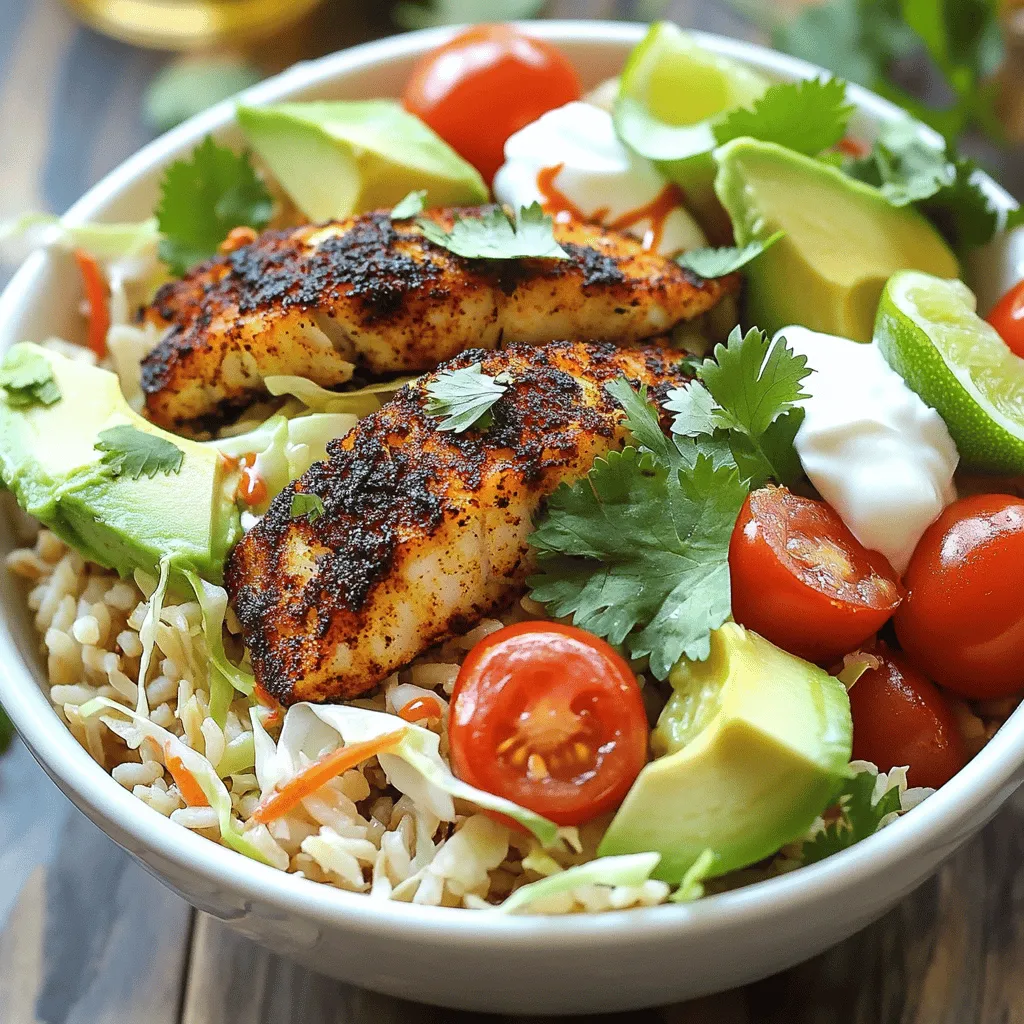 To make blackened fish taco bowls, gather these fresh ingredients: - 2 fillets of firm white fish (cod or tilapia are great) - 2 tablespoons olive oil - 2 teaspoons smoked paprika - 1 teaspoon cayenne pepper (adjust for spice) - 1 teaspoon garlic powder - 1 teaspoon onion powder - 1 teaspoon dried oregano - 1 teaspoon sea salt - 1/2 teaspoon freshly ground black pepper - 1 cup cooked brown rice or quinoa - 1 cup shredded cabbage (red or green) - 1 ripe avocado, sliced - 1 cup cherry tomatoes, halved - 1/4 cup fresh cilantro, chopped - 1 lime, cut into wedges - 1/4 cup sour cream or Greek yogurt (optional) - Hot sauce (optional) For this dish, I suggest using firm white fish. Cod and tilapia work well. They hold their shape and soak up flavors nicely. Other options include mahi-mahi or snapper. Each fish adds a unique taste and texture, so pick your favorite! You can customize your taco bowls with fun toppings. Some tasty ideas include: - Extra avocado slices for creaminess - More fresh cilantro for a burst of flavor - Crunchy radishes for added texture - Spicy jalapeños for heat - A drizzle of lime juice for freshness - Your favorite hot sauce for a kick Feel free to mix and match toppings! This makes your bowls unique and delicious. For the full recipe, check above. To start, gather your spices. You need smoked paprika, cayenne pepper, garlic powder, onion powder, dried oregano, sea salt, and black pepper. This blend gives the fish its bold flavor. In a small bowl, mix these spices well. The aroma will excite your senses, getting you ready for the next steps. Next, prepare the fish. Use firm white fish like cod or tilapia. Pat the fillets dry with a paper towel. This helps the fish sear nicely. Drizzle olive oil on both sides of the fish. Then, coat each fillet with your spice blend. Make sure every bit is covered for the best flavor. In a large non-stick skillet, heat over medium-high heat. When the skillet is hot, add the fish. Sear the fish for about 4-5 minutes on each side. It should develop a crispy crust. When done, remove the fish from the heat and let it rest. Flake the cooked fish into chunky pieces with a fork. This will add to the rustic feel of your dish. Now, it's time to assemble your taco bowls. Start with a base of cooked brown rice or quinoa in each bowl. This adds a hearty touch. Next, place the flaky blackened fish on top. Add a layer of shredded cabbage for crunch. Then, arrange avocado slices and halved cherry tomatoes for color and flavor. Lastly, sprinkle fresh cilantro over everything. Squeeze lime juice on top to bring out all the flavors. If you like creamy textures, add a dollop of sour cream or Greek yogurt. If you want some heat, drizzle hot sauce over the dish. Enjoy your flavorful blackened fish taco bowls! For the full recipe, check out the details above. To achieve the best blackened fish, use fresh fillets. I prefer firm white fish like cod or tilapia for texture. Pat the fish dry before seasoning. This helps the spices stick well. Create a balanced spice blend using smoked paprika and cayenne pepper. Adjust the cayenne for your spice level. Heat your skillet until it is hot before adding the fish. This step gives a nice crust and enhances flavor. Cook each side for four to five minutes. You want a beautiful blackened color. You can customize your taco bowls easily. Choose a base like brown rice or quinoa. For veggies, use shredded cabbage, peppers, or corn. Add toppings like sliced avocado and halved cherry tomatoes. You can also swap sour cream for Greek yogurt or use guacamole. For an extra kick, drizzle your favorite hot sauce on top. This lets you create a bowl that suits your taste. Mix and match ingredients to find your perfect combo. Presentation matters in food. Start by layering your ingredients neatly in the bowl. Use defined sections for rice, fish, and toppings. This creates a colorful display. Garnish with fresh cilantro and lime wedges on the side. A squeeze of lime adds brightness to the dish. Serve your bowls right away for the best taste. A beautiful presentation makes your meal more inviting and enjoyable. For the full recipe, check out the [Full Recipe] section. {{image_4}} You can swap fish for other proteins like chicken, shrimp, or tofu. Each option brings a unique taste. Chicken works well with the same spice mix. Just make sure to cook it until it's juicy. Shrimp cooks fast, so watch it closely. Tofu absorbs flavors beautifully, making it a great choice for a vegan option. For a vegetarian take, replace the fish with grilled vegetables or beans. Grilled bell peppers, zucchini, and corn add color and texture. Black beans or chickpeas also provide protein. You can use the same spices to keep the flavor bold. Try adding some roasted sweet potatoes for a sweet twist. Changing the spice blend can transform your taco bowls. For a milder taste, use cumin and coriander. If you like heat, add more cayenne or try chili powder. Fresh herbs like cilantro or dill can brighten flavors too. Experiment with different spice mixes until you find your perfect match. To store leftover taco bowls, first cool them down. Place the fish, rice, and toppings in an airtight container. Make sure to keep the toppings separate to avoid sogginess. You can store them in the fridge for up to three days. If you want to keep the flavors fresh, eat them sooner rather than later. Reheating is key to keeping your taco bowls tasty. Use a skillet over medium heat for best results. Add a splash of water to keep everything moist. Stir the contents gently, and heat for about five minutes. You can also microwave the fish and rice for about one to two minutes, but cover it with a damp paper towel. This helps retain moisture and flavor. Freezing is a smart option for meal prep. You can freeze the fish and rice separately. Wrap each in plastic wrap, then place them in freezer bags. They can last up to three months. For best results, thaw in the fridge overnight before reheating. Keep the toppings fresh in the fridge until you're ready to eat. The best fish for blackened tacos are firm white fish fillets. Cod and tilapia work great. These fish have a mild flavor that pairs well with spices. They also hold up during cooking, making them perfect for blackening. Other options include snapper or mahi-mahi. Each choice adds a unique twist to the dish. The spice level in blackened fish taco bowls can vary. It depends on how much cayenne pepper you add. The recipe suggests one teaspoon, but you can adjust it to your taste. If you prefer mild flavors, use less cayenne. If you love heat, feel free to add more. The smoky paprika also adds depth without too much spice. Yes, you can make blackened fish taco bowls ahead of time. Cook the fish and store it in the fridge for up to two days. You can prepare the rice or quinoa and toppings in advance too. Just keep everything separate until serving. This keeps the dish fresh and tasty. When ready to eat, simply reheat the fish and layer it in your bowl. For the full recipe, check out the detailed instructions above. Blackened fish taco bowls are a delicious way to enjoy fresh flavors. We explored key ingredients, recommended fish options, and tasty toppings. I shared step-by-step instructions to help you cook the fish just right. You learned best practices for blackening and helpful tips for serving. We also covered variations with proteins and vegetarian choices. Storing leftovers and reheating to keep them tasty is easy. Now, you can enjoy making these bowls your way. Dive in and impress your friends and family with this fun and flavorful dish!