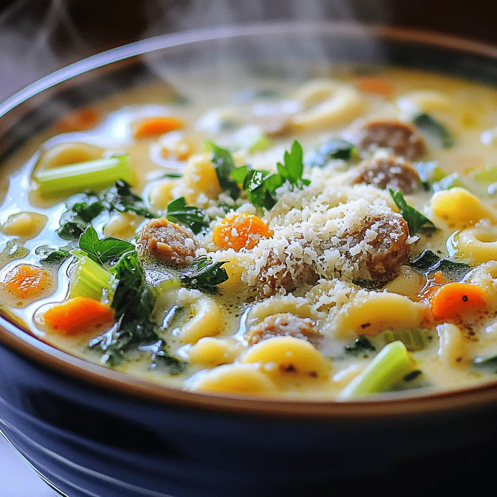For my Creamy Parmesan Italian Sausage Ditalini Soup, you will need: - 1 tablespoon extra virgin olive oil - 1 pound Italian sausage (choose mild or spicy, with casings removed) - 1 small onion, finely diced - 2 cloves garlic, minced - 2 medium carrots, diced into small cubes - 2 celery stalks, diced - 4 cups low-sodium chicken broth - 1 can (14.5 oz) diced tomatoes, drained - 1 cup heavy cream - 1 cup ditalini pasta - 1 cup fresh spinach, roughly chopped - 1 cup freshly grated Parmesan cheese - 1 teaspoon dried oregano - 1 teaspoon dried basil - Salt and freshly ground black pepper, to taste - Fresh parsley, chopped, for garnish You can make this soup your own. Here are some optional ingredients: - Red pepper flakes for heat - Fresh herbs like thyme or rosemary - Additional vegetables, such as zucchini or bell peppers - Different pasta shapes, like macaroni or shells I know some folks have special diets. Here are some easy swaps: - For a vegetarian option, use plant-based sausage. - For gluten-free, choose gluten-free pasta or skip it altogether. - For a lighter version, use half-and-half instead of heavy cream. For the full recipe, check out the [Full Recipe]. 1. Gather your ingredients. You need: - 1 tablespoon extra virgin olive oil - 1 pound Italian sausage - 1 small onion - 2 cloves garlic - 2 medium carrots - 2 celery stalks - 4 cups low-sodium chicken broth - 1 can (14.5 oz) diced tomatoes - 1 cup heavy cream - 1 cup ditalini pasta - 1 cup fresh spinach - 1 cup freshly grated Parmesan cheese - 1 teaspoon dried oregano - 1 teaspoon dried basil - Salt and freshly ground black pepper - Fresh parsley for garnish 2. Dice the onion, carrots, and celery into small pieces. Mince the garlic. This helps them cook evenly in the soup. 1. Heat the olive oil in a large pot over medium heat until it shimmers. 2. Add the Italian sausage, breaking it into smaller pieces. Cook it for 5-7 minutes until it's browned all over. 3. Add the diced onion, carrots, and celery to the pot. Sauté for 5 minutes until the veggies soften and the onion turns clear. 4. Stir in the minced garlic and cook for 1 more minute, just until it smells great. 5. Carefully pour in the chicken broth, then add the drained diced tomatoes, oregano, and basil. Stir and bring it to a gentle simmer. 6. Add the ditalini pasta and cook according to the package, usually 8-10 minutes, until it's al dente. 7. Lower the heat a little, then mix in the heavy cream. Stir gently to combine everything. 8. Add the fresh spinach and Parmesan cheese. Stir until the spinach wilts and the cheese melts. Taste and add salt and pepper as needed. 9. Serve the soup hot in bowls. Garnish with fresh parsley and more Parmesan if you like. - Serve with crusty bread for dipping. - A sprinkle of red pepper flakes adds heat. - Pair with a light salad for a complete meal. For the full recipe, refer to the section above. To make your soup super creamy, use heavy cream. It adds richness and depth. Stir it in slowly after cooking the pasta. This keeps the cream from curdling. For extra creaminess, add more Parmesan cheese. The cheese melts and thickens the soup. If you want more flavor, try adding a splash of white wine before the cream. This gives it a nice touch. Choosing the right sausage is key. I recommend Italian sausage for its great taste. You can pick mild or spicy based on your preference. The casing must be removed before cooking. This helps the sausage blend well with the other ingredients. For a twist, try using chicken sausage or turkey sausage. They add a different flavor while keeping it lighter. Cooking time can vary based on your stove and pot size. Always keep an eye on your soup as it cooks. The pasta usually takes about 8-10 minutes to become tender. If you like it softer, cook it a bit longer. When you add the spinach, let it wilt but don’t overcook it. This keeps its bright green color and nutrients. For the best results, taste as you go. Adjust the seasonings if needed to make it just right. For the full recipe, check out the [Full Recipe]. {{image_4}} You can enjoy this soup without meat. To make it vegetarian, swap out the Italian sausage. Use plant-based sausage or mushrooms for a hearty texture. For a vegan version, replace the heavy cream with coconut milk or a nut-based cream. Add extra veggies like zucchini or bell peppers for more flavor. This keeps the soup rich and satisfying. If you want a low-carb meal, skip the ditalini pasta. Instead, use cauliflower rice or zucchini noodles. These options keep the soup light while still adding bulk. You can also add more greens like kale or Swiss chard. They add nutrients and flavor without extra carbs. Want some heat? Choose spicy Italian sausage instead of mild. You can also add red pepper flakes or diced jalapeños for an extra kick. For a smoky flavor, try a dash of smoked paprika. Adjust the spice to your taste, and enjoy a warm and spicy bowl of soup. To keep your Creamy Parmesan Italian Sausage Ditalini Soup fresh, cool it first. Once cool, pour it into an airtight container. This helps keep out air and moisture. Store it in the fridge if you plan to eat it within three days. For longer storage, freezing is best. When you want to enjoy the soup again, reheat it gently. Pour the soup into a pot and warm it over low heat. Stir often to prevent sticking. You can also use the microwave. Heat it in a bowl, stirring every minute, until warm. Add a splash of cream to bring back the creaminess. To freeze your soup, use freezer-safe containers. Leave space at the top for expansion. It can last up to three months in the freezer. When ready to eat, thaw it in the fridge overnight. Reheat as mentioned above. This soup freezes well, so you can enjoy it later. For the full recipe, check the main article. Yes, you can make this soup ahead of time. It tastes even better the next day! Just cool it and store it in the fridge. When ready to eat, reheat it on the stove over low heat. Stir often to keep it smooth. You may want to add a splash of cream if it thickens too much during storage. If you can't find ditalini, use small pasta shapes like elbows or orzo. These shapes hold the soup well and add great texture. You can even use rice if you want a different twist. Just adjust the cooking time based on what you choose. To make this soup gluten-free, swap out ditalini for gluten-free pasta. You can also check that your chicken broth is gluten-free. Most brands are safe, but it’s always best to read the label. This way, you can enjoy the creamy goodness without worry. This post covered key ingredients for a tasty soup, including options for dietary needs. I shared simple steps to make the soup, from prep to serving tips. You learned helpful tricks for the creamiest version and explored various tasty adaptations. I also gave advice on storage and reheating, answering common questions along the way. Remember, cooking is fun and with these tips, you can enjoy a soup that fits your taste. Dive in and create your own delicious bowl!